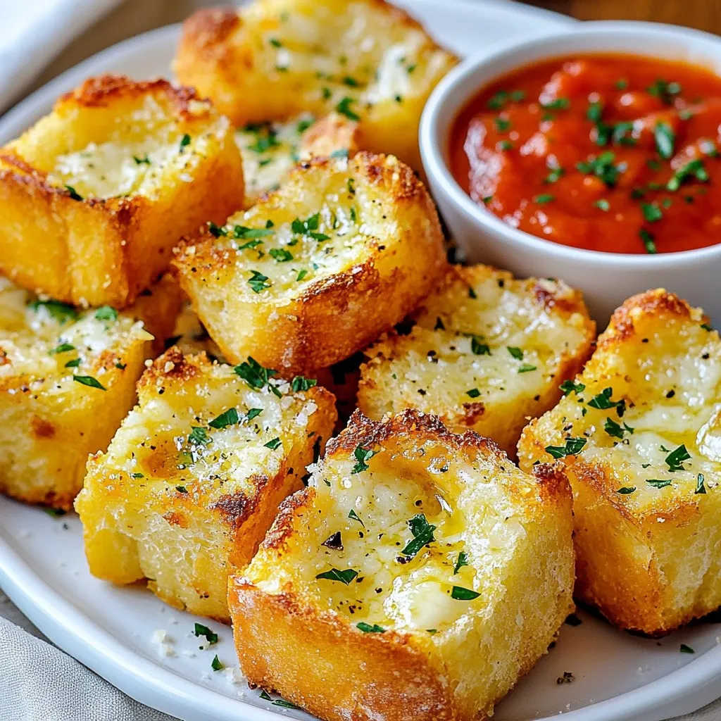 When making Garlic Parmesan Bread Bites, you need simple but flavorful ingredients. Each one adds to the tasty result. Here’s what you’ll need: - Ciabatta bread cubes - Unsalted butter - Minced garlic - Grated Parmesan cheese - Fresh parsley - Italian seasoning - Salt and pepper Ciabatta bread gives the bites a nice texture. It holds up well to the garlic and butter. Using unsalted butter lets you control the salt in the dish. Minced garlic offers a bold flavor that blends well with the cheese. Grated Parmesan cheese adds richness and a savory taste. Fresh parsley brings a hint of color and freshness. Italian seasoning combines herbs for a balanced flavor. Lastly, salt and pepper enhance all the tastes. Gather these ingredients, and you're ready to create a delicious appetizer that everyone will love! {{ingredient_image_1}} 1. Preheat your oven to 375°F (190°C). Line a baking sheet with parchment paper. This helps to prevent sticking and makes cleanup easy. 2. In a large mixing bowl, melt the butter. Add the minced garlic to the butter. Stir well to mix them together. The garlic will give a great flavor to the bread. 3. Now, add the cheese and seasonings. Combine the grated Parmesan cheese, chopped parsley, Italian seasoning, and a pinch of salt and pepper. Mix until everything is well blended. This mixture will coat the bread perfectly. 1. Toss the bread cubes in the garlic-parmesan mixture. Make sure each cube gets a good coat of the mixture. This step is key for flavor. 2. Spread the coated bread bites on the baking sheet. Arrange them in a single layer. Avoid overcrowding the bread bites. This helps them bake evenly and get crispy. 1. Bake in the preheated oven for 12-15 minutes. Keep an eye on them. You want them golden brown and crispy on the edges. 2. Once done, remove from the oven. Let them cool slightly before serving. For a nice touch, garnish with extra chopped parsley. Serve with a small bowl of marinara sauce for dipping. Enjoy your tasty garlic parmesan bread bites! To get the best garlic flavor, adjust the garlic to your taste. You can add more or less garlic depending on how strong you like it. I love using fresh garlic, but if you need a quick option, dried garlic works too. Using fresh herbs like parsley enhances the dish. Fresh parsley brightens the flavor. Dried herbs are handy when fresh isn't available. Just remember, dried herbs are stronger. Use less if you're substituting. For crispy bread bites, the right baking time is key. Bake at 375°F (190°C) for 12-15 minutes. Keep an eye on them. Remove them when they turn golden brown. Do not overcrowd the baking sheet. Spread the bread bites in a single layer. This helps them crisp evenly. If they touch, they may steam instead of bake. These garlic Parmesan bread bites shine with dips. A small bowl of marinara sauce makes a great side. You can also pair them with a creamy ranch or tangy garlic aioli. Serve them warm for the best taste. A sprinkle of chopped parsley on top adds color and freshness. Enjoy these bites at parties or as a tasty snack! Pro Tips Use Fresh Garlic: Freshly minced garlic provides a more robust flavor compared to pre-minced or powdered garlic, enhancing the overall taste of the bread bites. Don't Overcrowd the Baking Sheet: Spacing the bread bites out on the baking sheet allows for even cooking and crisping, preventing them from steaming. Try Different Cheeses: Experiment with other cheeses like mozzarella or cheddar for a unique twist on the classic garlic bread flavor. Serve Immediately: For the best texture and flavor, serve these bread bites right out of the oven while they are still warm and crispy. {{image_2}} You can change the bread for these bites. Ciabatta is great, but you can try other types. Sourdough adds a tangy flavor. French bread gives a nice crust. Even whole wheat bread works well. Each option gives a unique taste and texture. Want to spice things up? You can add other cheeses or spices to the mix. Mozzarella melts beautifully and adds creaminess. Cheddar gives a sharp taste. For spices, try red pepper flakes for heat or smoked paprika for depth. Mixing flavors keeps things fun and fresh. If you need gluten-free bites, no worries! Substitute with gluten-free bread. Many stores sell good gluten-free options. Just check if they are soft enough to cube. The rest of the recipe stays the same. You can still enjoy all the cheesy, garlicky goodness! To keep your Garlic Parmesan Bread Bites fresh, store them in the refrigerator. Place them in an airtight container. This method will help maintain their flavor and texture. Leftovers can last for up to three days. If you notice any moisture, add a paper towel to absorb it. Reheating these bread bites is easy. You can use an oven or a microwave. For the oven, preheat it to 350°F (175°C). Place the bread bites on a baking sheet. Heat them for about 5-7 minutes until they are warm and crispy. If using a microwave, heat in short intervals of 20-30 seconds. This method may make them softer. Freezing is a great way to save these bites for later. To freeze, place the cooled bread bites in a freezer-safe bag. Remove as much air as possible before sealing. They can stay in the freezer for up to three months. To thaw, leave them in the refrigerator overnight. Reheat them in the oven for the best result. Garlic Parmesan Bread Bites last for about three days in the fridge. Store them in an airtight container. This keeps them fresh and safe to eat. If they smell off or look moldy, throw them away. Always check before eating leftovers. Yes, you can make these bread bites ahead. Prepare the garlic-parmesan mixture and coat the bread cubes. Store them in the fridge for up to a day. When you're ready, bake them as directed. This saves time when you have guests. These bread bites pair well with marinara sauce for dipping. You can also serve them with a fresh salad or a cheese platter. They make a great snack for parties or game nights. Enjoy them with a nice glass of wine, too! Garlic Parmesan bread bites are simple yet bursting with flavor. We covered the key ingredients, preparation steps, and baking tips to ensure you get crispy, tasty bites every time. Remember, adjusting garlic and herbs can elevate your dish to new heights. You can also explore variations using different breads or cheeses. With proper storage, these bites remain delicious, allowing you to savor them later. Try pairing them with your favorite dips for extra enjoyment. Enjoy your cooking adventure, and remember, the best flavors start in your kitchen!