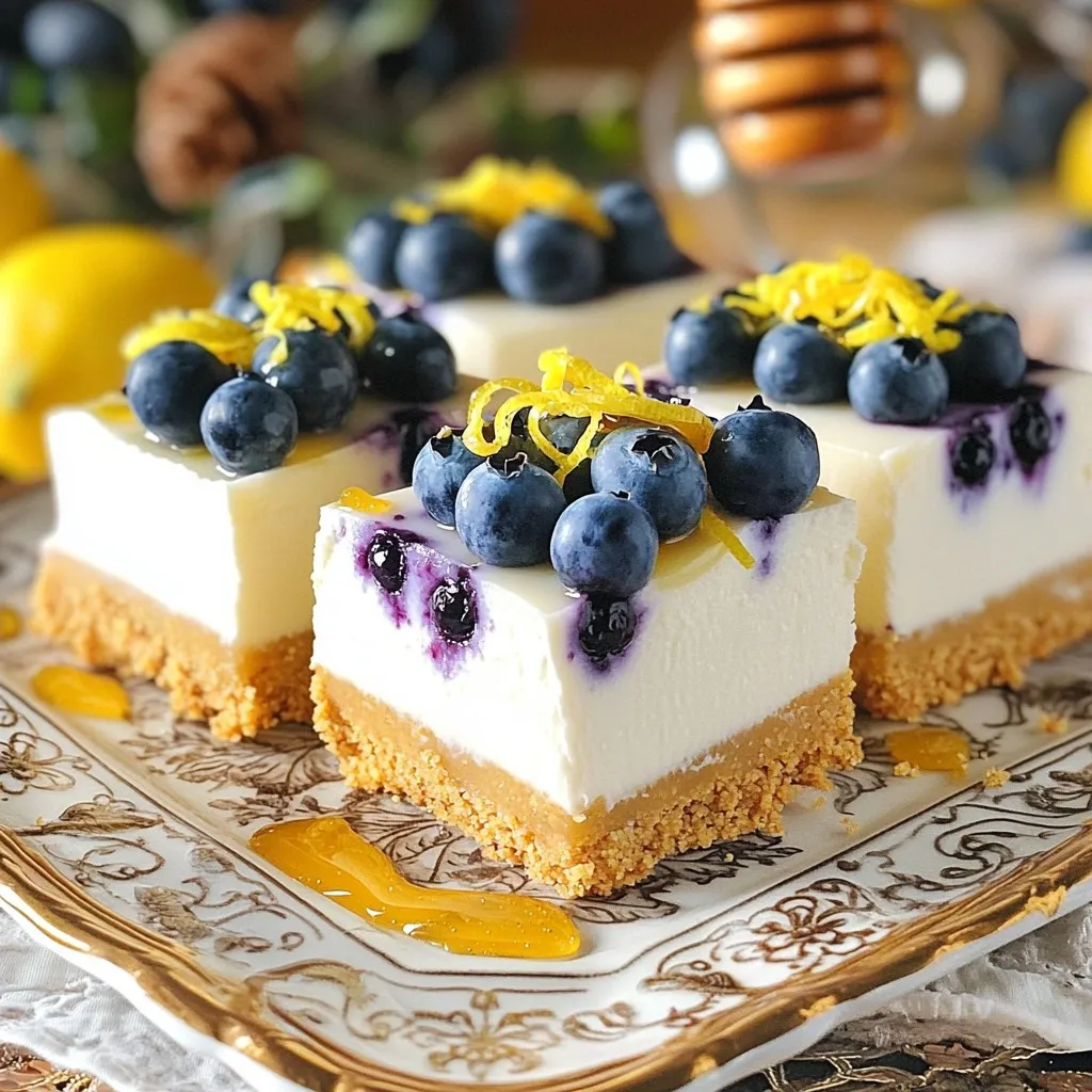 - 1 ½ cups graham cracker crumbs - ½ cup unsalted butter, melted - 1 cup cream cheese, softened - ½ cup powdered sugar - 2 tablespoons lemon juice - Zest of 1 lemon - 1 cup heavy cream - 1 cup fresh blueberries - 1 tablespoon honey (optional, for drizzling) Gather these ingredients before you start. The graham cracker crumbs form a tasty crust. Unsalted butter helps bind them. Cream cheese gives that rich, creamy texture. Powdered sugar adds sweetness. Lemon juice and zest bring a bright, fresh flavor. Heavy cream adds lightness. Fresh blueberries add a pop of color and taste. Honey is optional but can enhance sweetness. - Mixing bowls - Spatula - Electric mixer - 8x8 inch baking pan - Parchment paper You’ll need a few tools for this recipe. Mixing bowls help you combine ingredients. A spatula is perfect for spreading the cream cheese mix. An electric mixer makes beating the cream cheese easy. The 8x8 inch baking pan holds the bars. Parchment paper helps with easy removal after chilling. Having these items ready will make your cooking process smooth. To start, gather your graham cracker crumbs and melted butter in a bowl. Mix them until crumbly. This step is key for a great crust. Next, press the mixture firmly into the bottom of a parchment-lined 8x8 inch baking pan. Make sure it’s even and compact. This forms the base for your tasty bars. In a new bowl, beat together the softened cream cheese and powdered sugar. Mix until smooth and creamy. This creates a rich base for the filling. Now, add the lemon juice and zest. Stir until combined and airy. In another bowl, whip the heavy cream until stiff peaks form. This adds lightness to your filling. Gently fold the whipped cream into the cream cheese mix. Take your time here; you want it smooth and well blended. Once your filling is ready, pour it over the prepared crust. Use a spatula to spread it evenly. This is where the magic begins! Sprinkle the fresh blueberries on top. Gently press them into the cheesecake layer. This adds flavor and color to your bars. Now it’s time to cover your pan with plastic wrap. Refrigerate the bars for at least 4 hours, but overnight is best. This helps them set properly. Once set, take them out and cut into squares. If you like, drizzle honey on top before serving. Enjoy your delicious no-bake lemon blueberry cheesecake bars! To achieve a smooth cheesecake filling, start with softened cream cheese. If it’s cold, your filling will be lumpy. Beat the cream cheese and powdered sugar well until it’s creamy. Add the lemon juice and zest next, mixing until smooth. For whipped cream, whip it until stiff peaks form. This makes your bars light and fluffy. When folding in the whipped cream, do it gently. This keeps the air in, giving you that perfect texture. Present your cheesecake bars on a nice platter. This makes them look more appetizing. You can garnish with extra blueberries and lemon zest. These add color and freshness. For extra sweetness, drizzle honey over the top just before serving. It looks pretty and tastes great. A common mistake is using a dry crust. Make sure to mix the graham cracker crumbs and melted butter well. Press it firmly into the pan to avoid a crumbly base. Another mistake is overmixing the filling. This can make it too thin. Mix just until combined to keep it thick and creamy. Avoid undermixing too; it can leave lumps. Aim for a nice balance to get the best results. {{image_2}} You can switch things up with different fruits. Try strawberries or raspberries for a new taste. Each fruit brings its own flavor, making the bars unique. You can also add chocolate or vanilla extract. A little chocolate can give a rich twist. Vanilla extract adds warmth and depth to the cheesecake flavor. If you need a gluten-free option, use gluten-free graham crackers for the crust. This keeps the bars tasty for everyone. You can also try alternative sweeteners. For less sugar, use honey, maple syrup, or stevia. Just adjust the amount based on your taste. These changes help you enjoy the bars while meeting different dietary needs. To keep your no-bake lemon blueberry cheesecake bars fresh, store them in the refrigerator. Use an airtight container to prevent them from absorbing any odors. If you want to freeze them, wrap each bar in plastic wrap and then place them in a freezer-safe bag. This method helps keep them tasty for longer. These cheesecake bars will last about five days in the fridge. Be sure to check for any signs of spoilage before eating. If frozen, they can last up to three months. Just thaw them in the fridge overnight before enjoying. Yes, you can make these cheesecake bars ahead of time. In fact, it helps the flavors meld well. Prepare the bars and refrigerate them for at least four hours. For best results, let them chill overnight. This makes the bars firm and easy to cut. You can also store them covered in the fridge for up to three days before serving. If you plan to serve them later, do not add any toppings until just before serving. If your filling isn't setting, there could be a few reasons. First, ensure you whipped the heavy cream until stiff peaks form. This helps provide structure. If you under-mix the filling, it may not set well. Another reason could be the cream cheese. It should be softened but not too warm. If it’s too soft, the filling will be runny. Lastly, make sure you let the bars chill long enough. They need at least four hours, but overnight is best. Yes, you can use different types of cream cheese. Low-fat cream cheese works well if you want fewer calories. It may alter the texture slightly but should still taste great. You can also try flavored cream cheese, like strawberry or blueberry. This adds a fun twist to the bars. Just keep in mind that flavored cream cheese might change the taste. You now have a full guide to making delicious cheesecake bars. We covered everything from the needed ingredients to tips for perfecting the texture. Remember to mix well but avoid overdoing it. Try variations with different fruits or gluten-free crusts if you need options. Keep these bars in the fridge for up to one week. Enjoy your cheesecake bars with fresh toppings to impress everyone. Making these treats is simple and fun; now it's time to share them with friends and family!