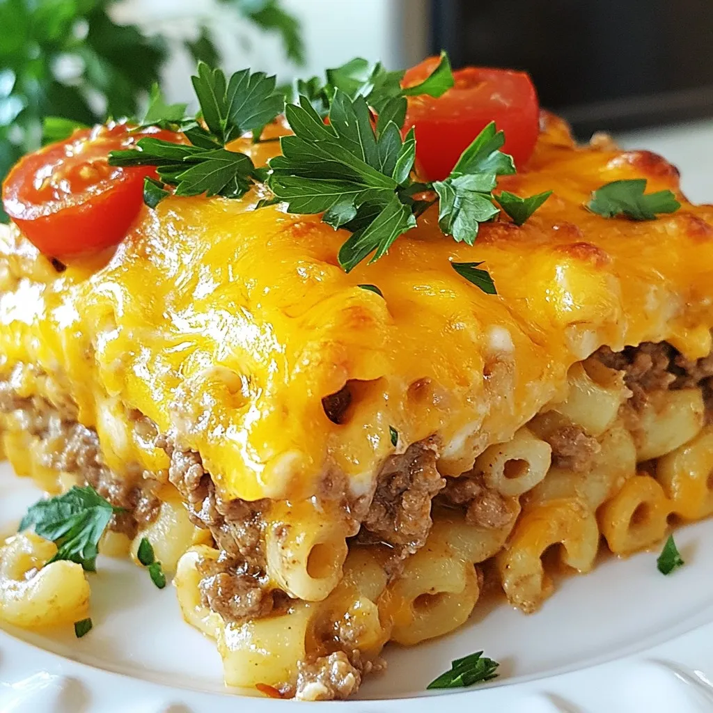 - 1 lb ground beef - 1 small onion, diced - 2 cloves garlic, minced - 1 cup cherry tomatoes, halved - 1 cup pickles, diced - 1 cup shredded cheddar cheese - 1 cup macaroni pasta - 2 cups beef broth - 1 tablespoon Worcestershire sauce - 1 teaspoon mustard (yellow or Dijon) - Salt and pepper, to taste - 1 tablespoon olive oil - Fresh parsley for garnish When making cheeseburger casserole, each ingredient plays a key role. Ground beef gives it that hearty base. The onion and garlic add a nice flavor. Cherry tomatoes and pickles bring freshness and a bit of zest. Shredded cheddar cheese melts beautifully and adds creaminess. Macaroni pasta acts as a comforting filler. Beef broth ties everything together, making it rich and savory. Worcestershire sauce and mustard add an extra punch. Finally, salt and pepper enhance all the flavors. Don’t forget the fresh parsley! It makes the dish look pretty and adds a touch of brightness. Gather these ingredients before you start cooking. This will make the process smooth and fun. Plus, you can get the kids involved in measuring or mixing. Enjoy the family time as much as the meal! {{ingredient_image_1}} 1. Preheat your oven to 350°F (175°C). This helps the casserole cook evenly. 2. In a large skillet, heat 1 tablespoon of olive oil over medium heat. Add 1 small diced onion and 2 minced garlic cloves. Sauté for 3-4 minutes until soft. 3. Next, add 1 pound of ground beef to the skillet. Break it up with a spatula. Cook for 5-7 minutes until browned. Drain any excess fat if you see it. 1. In a large pot, combine 1 cup of macaroni and 2 cups of beef broth. Bring this to a boil. Then, lower the heat and let it simmer for 7-8 minutes. The pasta should be tender when done. 2. Stir in 1 cup of halved cherry tomatoes, 1 cup of diced pickles, and half of the 1 cup of shredded cheddar cheese into the beef mixture. This adds great flavor. 3. Transfer the beef and macaroni mixture into a greased 9x13 baking dish. Spread it out evenly. 1. Sprinkle the remaining cheddar cheese evenly on top of the casserole. This will give it a nice cheesy crust. 2. Bake the casserole in your preheated oven for 20-25 minutes. Look for the cheese to be bubbly and golden. 3. After baking, let it rest for 5 minutes before serving. This helps the layers set. You can sprinkle fresh parsley on top for a nice touch. - Choosing the right ground beef I prefer using 80/20 ground beef. This mix has enough fat for flavor, yet it keeps the dish moist. If you choose leaner beef, the casserole might come out dry. - Ensuring even cheese melting Spread the cheese evenly across the top. This helps it melt uniformly. You can also mix some cheese into the casserole before baking for extra flavor. - Preventing overcooked pasta Cook the macaroni just until it's tender but still firm. This way, it won’t turn mushy in the oven. Remember, it will cook more while baking. - Accompanying side dishes Serve your casserole with a fresh garden salad or steamed veggies. The crunch complements the creamy casserole well. You can also pair it with garlic bread for a hearty meal. - Creative toppings ideas Try adding crispy bacon bits or jalapeños for a kick. Even crushed potato chips can add a fun crunch on top. Experiment with your favorite flavors! - Garnishing with fresh parsley A sprinkle of fresh parsley adds color and freshness. It brightens the dish and makes it look appealing. Just chop a little and scatter it on top before serving. Pro Tips Use Lean Ground Beef: Opt for lean ground beef to reduce excess grease in the casserole while still maintaining flavor. Mix Up the Cheeses: For a more complex flavor, try combining cheddar with mozzarella or pepper jack cheese. Add More Veggies: Feel free to sneak in additional vegetables like bell peppers or spinach for added nutrition and color. Let It Rest: Allow the casserole to rest for a few minutes before serving; this helps it set and makes serving easier. {{image_2}} You can easily make this cheeseburger casserole your own. Here are some simple swaps: - Ground turkey or chicken: Swap out ground beef for ground turkey or chicken. This change lowers the fat and adds a lighter taste. - Vegan cheese options: If you want a plant-based dish, use vegan cheese. It melts well and still tastes great. - Adding vegetables: Boost nutrition by adding vegetables. Bell peppers or spinach work well and add color and crunch. Want to try different cooking methods? Here are a couple of ideas: - Slow cooker version: For a slow cooker, brown the beef on the stove first. Then, add all ingredients to the slow cooker. Cook on low for 4-6 hours. - Instant Pot adaptation: Use an Instant Pot for a quick meal. Sauté the beef and veggies, then add broth and pasta. Cook on high pressure for 4 minutes. You can change the flavors to fit your taste. Here are some fun ideas: - Southwest style cheeseburger casserole: Add black beans, corn, and taco seasoning for a zesty twist. Top with jalapeños for some heat. - Italian-inspired variations: Mix in Italian sausage, diced tomatoes, and oregano. Use mozzarella cheese for a delicious Italian flavor. These variations make your cheeseburger casserole exciting and new every time! To store your leftover cheeseburger casserole, let it cool first. Place it in an airtight container. This helps keep it fresh. It will last in the fridge for about three to four days. I recommend using glass or BPA-free plastic containers. These materials help preserve taste and texture. Avoid using metal containers, as they can react with food. You can freeze cheeseburger casserole for up to three months. First, cool the casserole completely. Then, cut it into portions. Wrap each piece tightly in plastic wrap. Place them in a freezer-safe bag or container. When you're ready to eat, thaw it in the fridge overnight. For reheating, place it in the oven at 350°F (175°C) until heated through. This keeps the flavors and texture nice. Enjoy your delicious meal again! How long does cheeseburger casserole last in the fridge? Cheeseburger casserole lasts about 3 to 5 days in the fridge. Store it in a sealed container to keep it fresh. Can I make cheeseburger casserole ahead of time? Yes, you can make it ahead. Prepare the casserole, cover it, and refrigerate overnight. Bake it the next day for a quick meal. What can I substitute for macaroni? You can use small shells or penne pasta as a substitute. Zucchini noodles are a great low-carb option too. Is it possible to make this recipe gluten-free? Absolutely! Use gluten-free pasta and ensure the beef broth is gluten-free. This way, everyone can enjoy it. How do I adjust serving sizes for larger families? To serve more people, simply double the recipe. Use a larger baking dish and increase the cooking time if needed. This casserole offers a tasty and easy meal option. We covered the main ingredients, like ground beef, cheese, and veggies. I shared simple steps for prep and cooking, along with helpful tips to make it shine. Variations let you explore different flavors, and I explained storage and reheating for leftovers. Whether you follow the original recipe or make it your own, I hope you enjoy every bite. This dish is perfect for any gathering or family dinner. Get cooking and have fun!