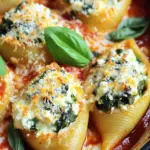 To make delicious spinach and ricotta stuffed shells, you will need: - 20 jumbo pasta shells - 2 cups ricotta cheese - 1 cup fresh spinach, chopped - 1 cup mozzarella cheese, shredded - 1/2 cup Parmesan cheese, grated - 1 egg, beaten - 2 cups marinara sauce - 1 teaspoon garlic powder - 1 teaspoon Italian seasoning - Salt and pepper to taste - Fresh basil leaves for garnish If you don’t have ricotta cheese, try cottage cheese instead. For a dairy-free option, use tofu blended with lemon juice. If fresh spinach is not available, frozen spinach works well. Just make sure to drain it well before using. For the cheeses, you can swap mozzarella for provolone or fontina. If you want a different sauce, any red sauce will do. Adding garnishes makes your dish pop. Use fresh basil leaves for a burst of flavor. You can also sprinkle extra Parmesan cheese on top before serving. If you like a bit of heat, add red pepper flakes. For a touch of color, try chopped parsley. These small touches make a big difference! First, you need to cook the jumbo pasta shells. Boil salted water in a large pot. Add the shells and cook them for 9-10 minutes. You want them al dente, so they hold their shape. Once cooked, drain the shells and let them cool. This makes them easier to handle later. In a large mixing bowl, combine the ricotta cheese and chopped spinach. Add half of the mozzarella and half of the Parmesan cheese to the bowl. Next, crack the egg into the mix and sprinkle in the garlic powder and Italian seasoning. Season with salt and pepper. Mix everything well until it’s smooth and creamy. This filling is rich and full of flavor. Now it’s time to fill the pasta shells. Take a generous spoonful of the ricotta and spinach mixture. Stuff each shell until it’s full and place them in a greased 9x13-inch baking dish. Once all the shells are stuffed, pour the marinara sauce evenly over them. Sprinkle the remaining mozzarella and Parmesan cheese on top. Cover the dish with aluminum foil and bake in your preheated oven for 25 minutes. After that, remove the foil and bake for an extra 10-15 minutes. You want the cheese to be bubbly and golden. Once done, let the dish cool for a few minutes. Top it with fresh basil leaves before serving. Enjoy your savory delight! To keep your shells from sticking, use plenty of water. Add a bit of salt to the boiling water, too. Stir the shells gently while they cook. This helps them stay separate. Once they are done, drain them and rinse with cold water. This cools them down and stops the cooking. A light coat of olive oil can also help. These stuffed shells taste great on their own. Serve them with a fresh salad or garlic bread for a nice meal. You can also add more marinara sauce on top for extra flavor. Sprinkle some fresh basil for a pop of color. If you like spice, add red pepper flakes. They give a nice kick. To get a great cheese topping, use a mix of mozzarella and Parmesan. This gives a nice melt and flavor. Make sure to sprinkle the cheese evenly over the shells. Cover the dish with foil for the first part of baking. This keeps the cheese safe while it melts. Remove the foil for the last few minutes to get a golden top. {{image_2}} You can change the filling to fit your taste. Try using cooked ground meat, like beef or turkey. For a twist, add chopped artichokes or roasted red peppers. You can also mix in different cheeses. Cream cheese or goat cheese can bring new flavors. Combine mushrooms or zucchini for added texture. The options are endless and fun! If you want a vegetarian option, simply skip the meat. You can make a great filling with just ricotta and spinach. For a vegan option, swap ricotta with tofu or cashew cheese. Use nutritional yeast for a cheesy flavor without dairy. Add lemon juice and herbs for a fresh taste. These swaps keep the dish tasty and satisfying. Marinara sauce is classic, but you can try others too. Alfredo sauce adds a creamy touch. Pesto sauce gives a fresh, herbal flavor. You can even mix sauces for a unique taste. A spicy arrabbiata sauce can add some heat. Experimenting with sauces can change the whole dish! To keep your leftover stuffed shells fresh, place them in an airtight container. Make sure to cover the dish well. You can store them in the fridge for up to three days. If you want to enjoy them later, freezing is a great option. To freeze your stuffed shells, let them cool completely first. You can place them in a freezer-safe dish or wrap them tightly in foil. They will last in the freezer for up to three months. When you’re ready to eat them, just thaw them in the fridge overnight before reheating. For reheating, preheat your oven to 350°F (175°C). Place the stuffed shells in a baking dish. Add a little marinara sauce on top to keep them moist. Cover with foil and bake for about 20 minutes. If you want a crispy top, remove the foil for the last 5 minutes. Enjoy your delicious meal! You can use cottage cheese as a tasty substitute. It has a similar texture. Blend it to make it smoother. Cream cheese is another option, but it is richer. Greek yogurt works too, giving a tangy flavor. Yes, you can prepare stuffed shells in advance. After you fill the shells, place them in the baking dish. Cover them tightly with plastic wrap. You can store them in the fridge for one day. For longer storage, freeze the unbaked shells. When ready, bake them straight from the freezer. Just add a few minutes to the baking time. These stuffed shells pair well with a fresh salad. A simple green salad with lemon vinaigrette works great. Garlic bread is another tasty side. You can also serve roasted vegetables for added flavor. A glass of red wine can enhance the meal too. You’ve learned about the key ingredients for Spinach and Ricotta Stuffed Shells and how to prepare them. We explored tasty substitutes and garnishes to enhance your dish. The step-by-step instructions made assembly easy. You now have tips for preventing sticking and achieving the best cheese topping. Don't forget the storage tips to enjoy leftovers later. Experiment with different fillings and sauces to make the recipe your own. Now, it’s time for you to create this delicious meal!