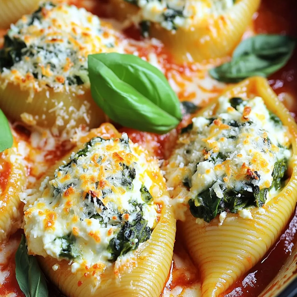 To make delicious spinach and ricotta stuffed shells, you will need: - 20 jumbo pasta shells - 2 cups ricotta cheese - 1 cup fresh spinach, chopped - 1 cup mozzarella cheese, shredded - 1/2 cup Parmesan cheese, grated - 1 egg, beaten - 2 cups marinara sauce - 1 teaspoon garlic powder - 1 teaspoon Italian seasoning - Salt and pepper to taste - Fresh basil leaves for garnish If you don’t have ricotta cheese, try cottage cheese instead. For a dairy-free option, use tofu blended with lemon juice. If fresh spinach is not available, frozen spinach works well. Just make sure to drain it well before using. For the cheeses, you can swap mozzarella for provolone or fontina. If you want a different sauce, any red sauce will do. Adding garnishes makes your dish pop. Use fresh basil leaves for a burst of flavor. You can also sprinkle extra Parmesan cheese on top before serving. If you like a bit of heat, add red pepper flakes. For a touch of color, try chopped parsley. These small touches make a big difference! First, you need to cook the jumbo pasta shells. Boil salted water in a large pot. Add the shells and cook them for 9-10 minutes. You want them al dente, so they hold their shape. Once cooked, drain the shells and let them cool. This makes them easier to handle later. In a large mixing bowl, combine the ricotta cheese and chopped spinach. Add half of the mozzarella and half of the Parmesan cheese to the bowl. Next, crack the egg into the mix and sprinkle in the garlic powder and Italian seasoning. Season with salt and pepper. Mix everything well until it’s smooth and creamy. This filling is rich and full of flavor. Now it’s time to fill the pasta shells. Take a generous spoonful of the ricotta and spinach mixture. Stuff each shell until it’s full and place them in a greased 9x13-inch baking dish. Once all the shells are stuffed, pour the marinara sauce evenly over them. Sprinkle the remaining mozzarella and Parmesan cheese on top. Cover the dish with aluminum foil and bake in your preheated oven for 25 minutes. After that, remove the foil and bake for an extra 10-15 minutes. You want the cheese to be bubbly and golden. Once done, let the dish cool for a few minutes. Top it with fresh basil leaves before serving. Enjoy your savory delight! To keep your shells from sticking, use plenty of water. Add a bit of salt to the boiling water, too. Stir the shells gently while they cook. This helps them stay separate. Once they are done, drain them and rinse with cold water. This cools them down and stops the cooking. A light coat of olive oil can also help. These stuffed shells taste great on their own. Serve them with a fresh salad or garlic bread for a nice meal. You can also add more marinara sauce on top for extra flavor. Sprinkle some fresh basil for a pop of color. If you like spice, add red pepper flakes. They give a nice kick. To get a great cheese topping, use a mix of mozzarella and Parmesan. This gives a nice melt and flavor. Make sure to sprinkle the cheese evenly over the shells. Cover the dish with foil for the first part of baking. This keeps the cheese safe while it melts. Remove the foil for the last few minutes to get a golden top. {{image_2}} You can change the filling to fit your taste. Try using cooked ground meat, like beef or turkey. For a twist, add chopped artichokes or roasted red peppers. You can also mix in different cheeses. Cream cheese or goat cheese can bring new flavors. Combine mushrooms or zucchini for added texture. The options are endless and fun! If you want a vegetarian option, simply skip the meat. You can make a great filling with just ricotta and spinach. For a vegan option, swap ricotta with tofu or cashew cheese. Use nutritional yeast for a cheesy flavor without dairy. Add lemon juice and herbs for a fresh taste. These swaps keep the dish tasty and satisfying. Marinara sauce is classic, but you can try others too. Alfredo sauce adds a creamy touch. Pesto sauce gives a fresh, herbal flavor. You can even mix sauces for a unique taste. A spicy arrabbiata sauce can add some heat. Experimenting with sauces can change the whole dish! To keep your leftover stuffed shells fresh, place them in an airtight container. Make sure to cover the dish well. You can store them in the fridge for up to three days. If you want to enjoy them later, freezing is a great option. To freeze your stuffed shells, let them cool completely first. You can place them in a freezer-safe dish or wrap them tightly in foil. They will last in the freezer for up to three months. When you’re ready to eat them, just thaw them in the fridge overnight before reheating. For reheating, preheat your oven to 350°F (175°C). Place the stuffed shells in a baking dish. Add a little marinara sauce on top to keep them moist. Cover with foil and bake for about 20 minutes. If you want a crispy top, remove the foil for the last 5 minutes. Enjoy your delicious meal! You can use cottage cheese as a tasty substitute. It has a similar texture. Blend it to make it smoother. Cream cheese is another option, but it is richer. Greek yogurt works too, giving a tangy flavor. Yes, you can prepare stuffed shells in advance. After you fill the shells, place them in the baking dish. Cover them tightly with plastic wrap. You can store them in the fridge for one day. For longer storage, freeze the unbaked shells. When ready, bake them straight from the freezer. Just add a few minutes to the baking time. These stuffed shells pair well with a fresh salad. A simple green salad with lemon vinaigrette works great. Garlic bread is another tasty side. You can also serve roasted vegetables for added flavor. A glass of red wine can enhance the meal too. You’ve learned about the key ingredients for Spinach and Ricotta Stuffed Shells and how to prepare them. We explored tasty substitutes and garnishes to enhance your dish. The step-by-step instructions made assembly easy. You now have tips for preventing sticking and achieving the best cheese topping. Don't forget the storage tips to enjoy leftovers later. Experiment with different fillings and sauces to make the recipe your own. Now, it’s time for you to create this delicious meal!