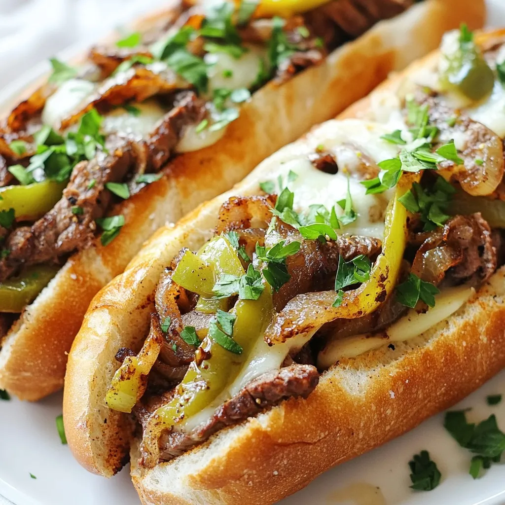 - 1 lb flank steak, thinly sliced - 2 tablespoons olive oil - 1 medium onion, thinly sliced - 1 medium green bell pepper, thinly sliced - 4 slices provolone cheese (or cheese of your choice) - 4 hoagie rolls - 1 teaspoon garlic powder - 1 tablespoon Worcestershire sauce (optional) - Salt and pepper to taste - Fresh parsley, chopped - Additional cheese choices When creating a Philly cheesesteak, I focus on bold flavors. Start with flank steak. It’s perfect for this dish. Slice it thinly. This makes it tender and easy to cook. Use olive oil to sauté the veggies. I like mixing onions and bell peppers. Their sweetness pairs well with the beef. Olive oil adds a nice touch. Cheese is key. Provolone melts beautifully. You can also try other cheeses, like cheese whiz or mozzarella. Don’t forget the hoagie rolls! They should be soft yet sturdy. The rolls hold all the goodness inside. Seasonings bring everything together. Garlic powder enhances the flavor. Worcestershire sauce adds depth. Don’t skip salt and pepper. They balance the dish. For garnishing, I love fresh parsley. It adds color and freshness. You can also sprinkle more cheese on top for extra flavor. With these ingredients, you’re set to make a delicious Philly cheesesteak Gordon Ramsay style! {{ingredient_image_1}} Start by marinating the flank steak. In a bowl, mix the thinly sliced steak with garlic powder, salt, pepper, and Worcestershire sauce if you want extra flavor. Let this sit for about 15-20 minutes. This will help the steak soak up all those tasty spices. When it’s time to cook, heat a skillet over high heat. Add one tablespoon of olive oil. Once hot, add the marinated steak. Cook for 2-3 minutes, stirring often, until it’s browned and reaches your preferred doneness. Remember, you want it juicy and tender. While the steak marinates, slice your onion and green bell pepper. After that, it’s time to sauté. In the same skillet, heat the last tablespoon of olive oil over medium heat. Add the sliced onion and bell pepper. Cook for 5-7 minutes until they soften and caramelize. This makes them sweet and adds great flavor. To get the best caramelization, don’t rush this step. Let them cook until they have a nice golden color. This will add depth to your cheesesteak. Now, let’s bring it all together. Add the cooked vegetables back into the skillet with the steak. Mix everything well and cook for an extra minute. This helps all the flavors combine. Next, place your cheese slices on top of the steak and veggies. Cover the skillet with a lid. This will help the cheese melt perfectly in just 1-2 minutes. It should be gooey and delicious. Once the cheese is melted, you’re ready to assemble your Philly cheesesteaks! For a great Philly cheesesteak, flank steak is the best choice. It is tender and flavorful. You want to slice it thin for the best bite. A sharp knife helps you cut against the grain. This keeps the meat tender and juicy. To boost the taste, use garlic powder, salt, and pepper. These classic seasonings add depth. You can also use Worcestershire sauce for extra umami. Mix the seasonings into the meat while marinating. This gives the flavors time to soak in. Layering the sautéed onions and bell peppers with the steak adds complexity. When serving, choose a long hoagie roll. This lets you stuff it full with your cheesy filling. Toasting the rolls gives them a nice crunch. For plating, you can sprinkle chopped parsley on top. This adds a pop of color and freshness. Serve with a side of chips or a simple salad for a full meal. Pro Tips Slice Against the Grain: For the most tender slices, make sure to cut the flank steak against the grain. This helps break down the fibers, resulting in a more enjoyable texture. Choose the Right Cheese: While provolone is traditional, adding a mix of cheeses like mozzarella or cheddar can elevate the flavor profile of your cheesesteak. Don’t Skip the Toast: Lightly toasting the hoagie rolls adds a delightful crunch and prevents them from becoming soggy once filled with the steak and cheese mixture. Experiment with Toppings: Customize your cheesesteak by adding toppings like jalapeños, mushrooms, or hot peppers for an extra kick of flavor. {{image_2}} You can choose many cheeses for your Philly cheesesteak. Provolone is classic, but there are great alternatives. You might try mozzarella for a milder taste. Cheddar adds a sharp flavor that many love. Swiss cheese melts nicely and adds a nutty taste. Mix cheeses for fun flavors. Combining provolone and cheddar gives a rich, creamy bite. Enhance your cheesesteak with tasty toppings. Mushrooms bring an earthy flavor. Sliced jalapeños add heat for spice lovers. Sweet peppers can balance the savory taste. Try adding crispy bacon for extra crunch. You can also layer on fresh herbs like basil or cilantro for freshness. Adjust spice levels by adding hot sauce or pepper flakes. You can cook your cheesesteak in different ways. Grilling gives a smoky flavor that many enjoy. Use a cast-iron grill pan for great results. Stovetop cooking is quick and easy. It allows you to control the heat well. For a slow cooker, combine ingredients and let them simmer. This method makes the meat super tender and flavorful. To keep your Philly cheesesteak fresh, follow these tips: - Refrigeration: Cool leftovers to room temperature before storing. - Containers: Use airtight containers to prevent moisture loss. Glass or plastic works well. To reheat without losing flavor, consider these methods: - Skillet Method: Heat a skillet over medium heat. Add a splash of water and cover. This helps steam the meat. - Microwave: Use a microwave-safe dish. Add a damp paper towel over the cheesesteak. Heat in short bursts to avoid sogginess. You can freeze Philly cheesesteaks for later. Here’s how: - Freezing: Wrap each cheesesteak tightly in foil or plastic wrap. Place in a freezer bag to protect from freezer burn. - Thawing and Reheating: Thaw in the fridge overnight. Reheat in the oven for better texture. Aim for a warm, crispy roll. The best cheese for Philly cheesesteaks is provolone. It melts well and adds a rich flavor. Some people prefer Cheez Whiz for a creamier texture. Others like American cheese for its smoothness. You can mix cheeses for a unique taste. Just remember, the key is to choose a cheese that melts nicely. Yes, you can use chicken or turkey. Thinly sliced chicken breast or turkey works well. These alternatives can be just as tasty if seasoned right. Adjust the cooking time as needed. Chicken or turkey offers a lighter option while keeping the same great flavors. To make a healthier Philly cheesesteak, use leaner cuts of meat. Flank steak is a good choice, or try turkey. Load up on veggies like peppers and onions. You can use whole-grain rolls for added fiber. Limit cheese or choose lower-fat options to cut calories. The best bread for cheesesteaks is a hoagie roll. It’s soft yet sturdy enough to hold the filling. Look for rolls that are fresh and slightly crusty. You can also use Italian bread or Amoroso rolls for an authentic taste. The right bread enhances the overall experience. In this blog post, we explored how to create a delicious Philly cheesesteak. We covered key ingredients like flank steak, cheese, and hoagie rolls. I shared step-by-step cooking instructions and tips for perfecting flavors and textures. You can also customize your cheesesteak with various cheeses and toppings. These insights should help you make an amazing meal. Enjoy experimenting with recipes and personal touches. A tasty cheesesteak awaits!