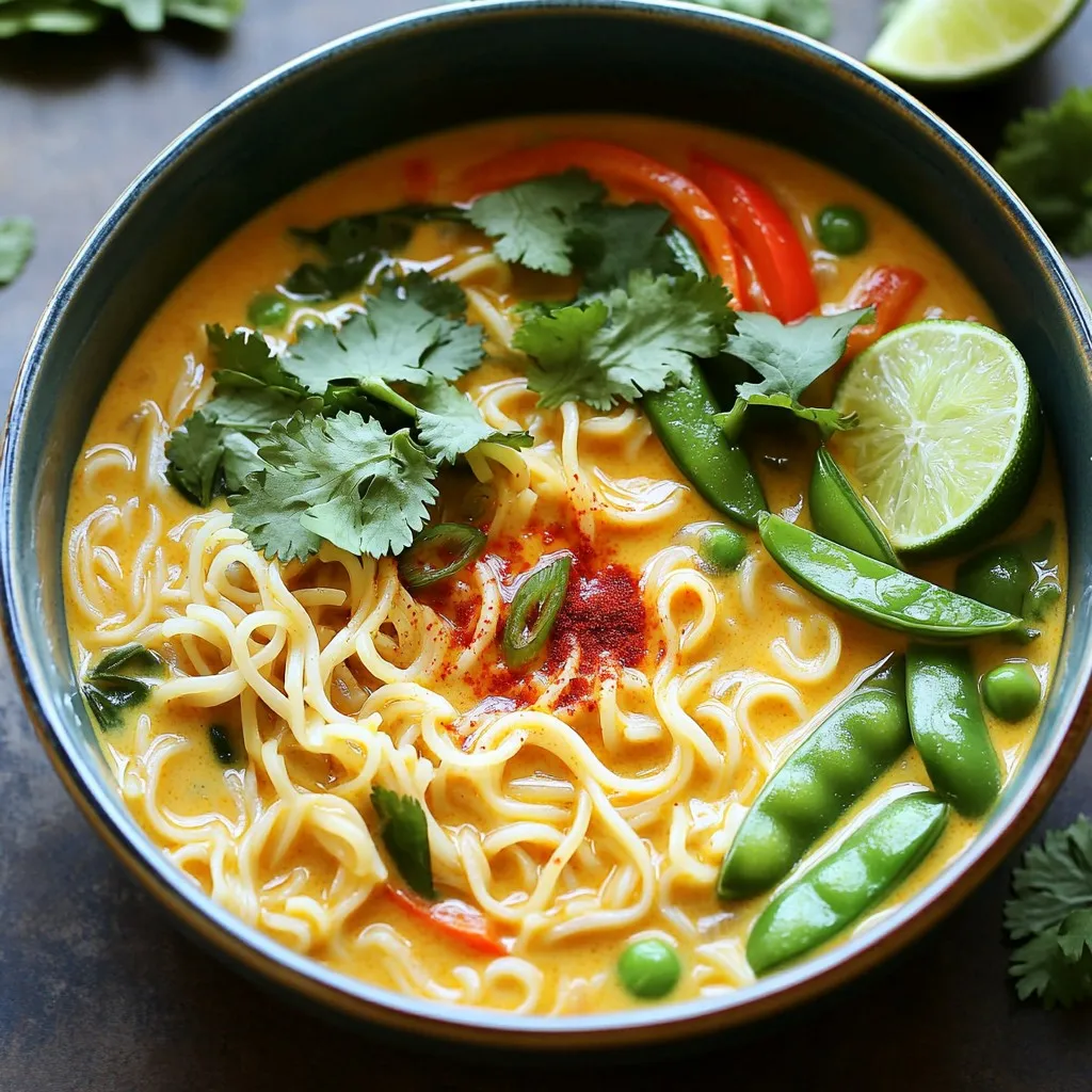 - 200g rice noodles - 1 can (400ml) coconut milk - 2 tablespoons red curry paste - 1 tablespoon vegetable oil - 1 bell pepper, sliced (red or yellow) - 1 cup snap peas - 1 cup baby spinach - Fresh cilantro, for garnish - Lime wedges, for serving - 1 cup vegetable broth - 1 tablespoon soy sauce - 1 tablespoon lime juice - Salt and pepper to taste For this dish, I focus on fresh and simple ingredients. The rice noodles cook fast, and the coconut milk adds creaminess. Red curry paste gives a nice kick. The bell pepper, snap peas, and spinach bring color and crunch. Fresh cilantro and lime add a pop of flavor at the end. You can adjust the ingredients based on what you have. If you like a spicy kick, add more curry paste. If you want more veggies, toss in some carrots or broccoli. This recipe is flexible and fun! - Step 1: Heat the vegetable oil Start by heating the vegetable oil in a large pot over medium heat. This helps build the base flavor. - Step 2: Sauté the red curry paste Once the oil is hot, add the red curry paste. Sauté it for 1-2 minutes. You want to smell its rich aroma. This step is key to bringing out the flavors. - Step 3: Add coconut milk and vegetable broth Next, pour in the coconut milk and vegetable broth. Stir well to mix the curry paste with the liquids. This creates a creamy, flavorful sauce. - Step 4: Introduce the rice noodles Bring your mixture to a gentle simmer. Now, add the rice noodles. Cook them for 3-4 minutes, stirring occasionally. This helps the noodles absorb all that lovely flavor. - Step 5: Incorporate bell pepper and snap peas After the noodles start to soften, add the sliced bell pepper and snap peas. These veggies add color and crunch. Cook for another 3-4 minutes until they are tender-crisp. - Step 6: Stir in baby spinach and lime juice Finally, stir in the baby spinach until it wilts. Then, add the lime juice. This adds brightness to the dish. Season with salt and pepper to taste. Once you finish these steps, let the dish sit for a minute. This helps all the flavors mix together. Then, serve your One-Pot Thai Coconut Curry Noodles hot, and enjoy! How to adjust the spice level To change the spice level, you can add more or less red curry paste. Start with one tablespoon and taste as you go. If you want more heat, add a pinch of chili flakes or some sliced fresh chili. For a milder dish, use less curry paste. Ways to enhance umami flavor To boost umami, add a splash of soy sauce or tamari. A little lime juice adds brightness, too. For depth, you can also toss in a few mushrooms or a dash of miso paste. These additions transform the dish into a flavor bomb. Best practices for cooking rice noodles When cooking rice noodles, soak them in warm water for about 10 minutes. This softens them and helps them cook evenly. Add them to the pot with the broth and coconut milk. Stir gently to prevent sticking. Tips for perfect vegetable crunch To keep your vegetables crunchy, add them later in the cooking process. Stir them in when the noodles are almost done. This helps them stay vibrant and crisp. Remember, fresh snap peas and bell peppers should have a nice snap when you bite into them. Creative serving ideas Serve the curry noodles in large bowls for a cozy feel. You can also layer the noodles and veggies for a colorful effect. A sprinkle of cilantro on top adds a fresh touch. Garnishing techniques for visual appeal Use fresh lime wedges on the side for color and zest. You can also add extra cilantro leaves for a pop of green. A drizzle of chili oil can add a nice visual element while giving a hint of spice. {{image_2}} You can add protein to your One-Pot Thai Coconut Curry Noodles for extra flavor and nutrition. Tofu, chicken, and shrimp are great options. - Tofu: Use firm tofu. Cut it into cubes. Sauté it with the curry paste for 2-3 minutes. - Chicken: Dice boneless chicken breast. Cook it in the pot before adding the curry paste. Make sure it is fully cooked. - Shrimp: Add peeled shrimp near the end of cooking. They only need a few minutes to cook through. Adding protein boosts the meal's heartiness and keeps you full longer. If you need alternatives for noodles, there are many options. - Gluten-Free Noodles: Rice noodles are naturally gluten-free. You can also use gluten-free pasta or zucchini noodles for a lighter dish. - Other Noodle Types: Udon or soba noodles work well too. If using these, adjust the cooking time as needed. Finding the right noodles can change the texture and flavor of your dish. To make your curry even better, consider adding extra spices or herbs. - Spices: Try adding a pinch of turmeric or cumin for warmth. These spices can enhance the depth of flavor. - Herbs: Fresh basil or mint can add a bright taste. Add them right before serving for the best flavor. - Citrus Zest: Adding lime or lemon zest brightens the dish. Just a little zest can make a big difference. These simple tweaks can take your dish from good to great! To store your One-Pot Thai Coconut Curry Noodles, let them cool first. Place leftovers in an airtight container. This keeps them fresh for up to three days. I recommend glass or BPA-free plastic containers. These materials hold up well and do not retain odors. For reheating, the best method is on the stove. Add a splash of vegetable broth to a pot. Heat over low to medium heat. Stir gently while warming. This method keeps your noodles moist and flavorful. Reheat for about 5-7 minutes until hot. You can also use the microwave, but be cautious. Heat in short bursts, around 1-2 minutes, stirring in between. Yes, you can freeze this dish! To freeze, let the noodles cool completely. Transfer them into freezer-safe bags or containers. Squeeze out as much air as possible. These noodles will last for about one month in the freezer. To thaw, move them to the fridge overnight. Reheat as mentioned above. Enjoy your delicious curry noodles later! How to make One-Pot Thai Coconut Curry Noodles vegan? To make this dish vegan, skip the fish sauce if used and ensure your red curry paste is vegan. Use vegetable broth and keep the other ingredients as is. The coconut milk adds creaminess and flavor. Can I make this dish without coconut milk? Yes, you can use almond milk or cashew cream instead. However, this will change the flavor and texture. If you want creaminess, consider adding a little extra vegetable broth. What are the calories and nutrients in this recipe? One serving has about 350 calories. It contains carbs from the noodles, healthy fats from the coconut milk, and fiber from the veggies. Each bowl is balanced and filling. Is it gluten-free? Yes, if you use gluten-free rice noodles and soy sauce. Always check for gluten-free labels on your ingredients to be safe. How long does it take to prepare and cook One-Pot Thai Coconut Curry Noodles? This dish takes about 10 minutes to prep and 10 minutes to cook. You can enjoy a delicious meal in just 20 minutes! Can I prepare this dish ahead of time? Yes, you can make it ahead. Store it in the fridge for up to three days. Reheat on the stove and add a splash of water if it seems dry. This blog post covered how to make One-Pot Thai Coconut Curry Noodles step by step. You learned about the key ingredients, cooking methods, and tips to boost flavor and presentation. Remember, you can customize the dish with protein or different noodles to suit your taste. Don't forget the storage tips for leftovers. Enjoy your cooking adventure, and share your delicious results!