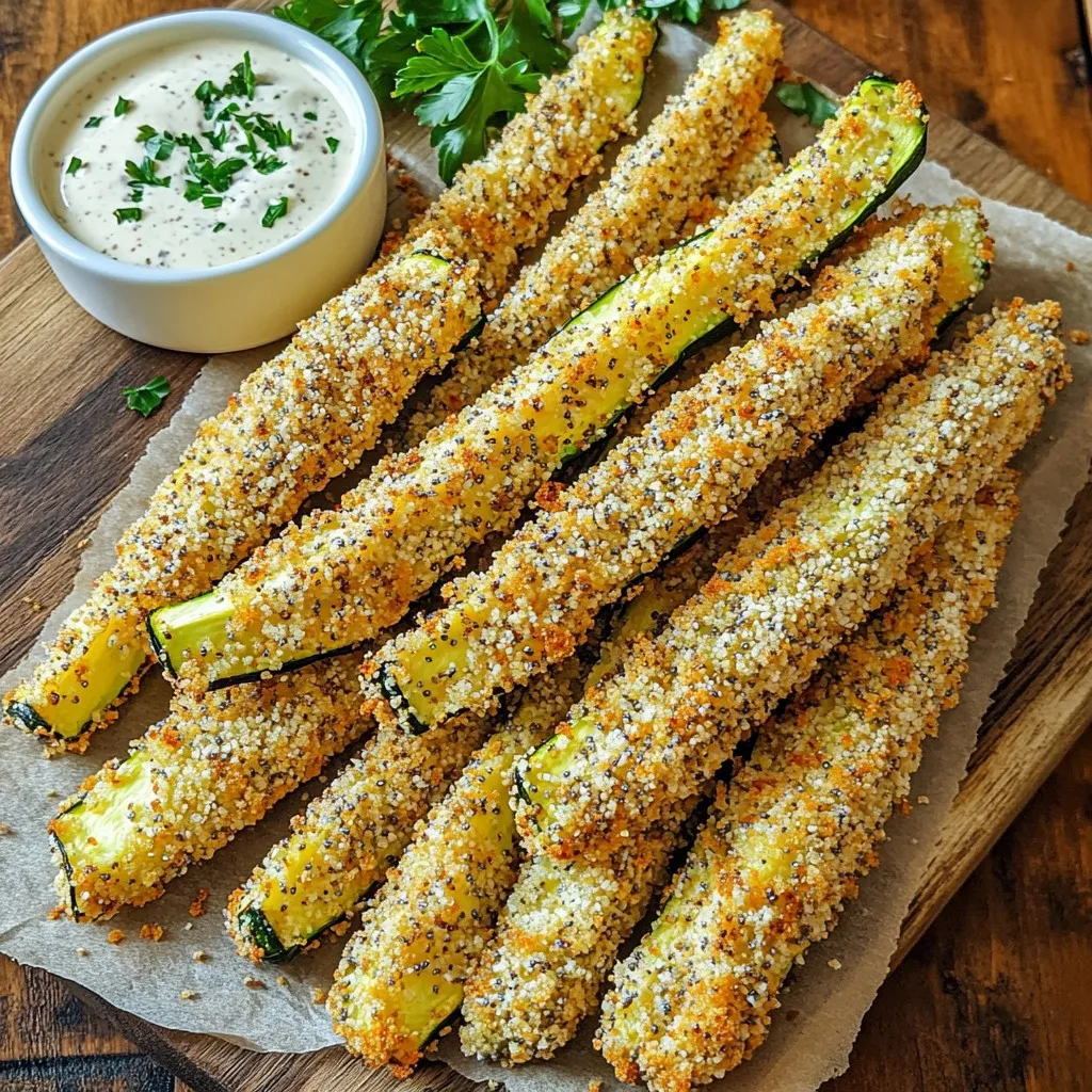 - Zucchini and Preparation You need 2 medium zucchinis. Wash them well first. Cut them into fry shapes. Aim for pieces that are about 1/4 to 1/2 inch thick. This size helps them cook evenly. - Coating Components Start with 1 cup of all-purpose flour. Place it in a shallow dish. Add salt and pepper to taste. Next, you need 2 large eggs. Whisk them well in another dish. For extra crunch, use 1 cup of breadcrumbs, preferably panko. This will make your fries crispy. - Seasoning Essentials Add 1 tablespoon of everything bagel seasoning to your breadcrumbs. This gives great flavor. Include 1 teaspoon of garlic powder and 1 teaspoon of onion powder. These spices boost the taste of your fries. To make the best Air Fryer Everything Bagel Zucchini Fries, start by washing the zucchinis. Rinse them under cold water to remove dirt. Then, cut them into fry-shaped sticks. Aim for 1/4 to 1/2 inch thick pieces. This size helps them cook evenly. Next, set up your dredging station. You need three shallow dishes. In the first dish, add one cup of flour. Season it with salt and pepper for extra flavor. In the second dish, crack two large eggs and whisk them until they are smooth. In the third dish, mix one cup of breadcrumbs with one tablespoon of everything bagel seasoning, one teaspoon of garlic powder, and one teaspoon of onion powder. This mix will give your fries a tasty crunch. Now it's time to coat the zucchini sticks for optimal crispiness. Take one zucchini fry and dip it into the flour first. Make sure to shake off any extra flour. Next, dip it into the egg mixture. Let any excess egg drip off before moving on. Finally, roll the zucchini fry in the breadcrumb mix. Make sure it is well coated all around. This step is key to getting that perfect crunch. Repeat this process for all the zucchini fries. Once all the fries are coated, give them a light spray with olive oil. This will help them become golden and crispy in the air fryer. Before you start cooking, preheat your air fryer to 400°F (200°C). This step is important for getting that crispy texture. Once preheated, arrange the zucchini fries in a single layer in the air fryer basket. Be careful not to overcrowd them, as this can affect cooking. You might need to cook in batches for the best results. Cook the zucchini fries for about 10-12 minutes. Flip them halfway through to ensure even cooking. Look for a golden brown color to know they are ready. Once done, remove them from the air fryer and let them cool slightly before serving. Enjoy these delicious fries with your favorite dipping sauce! To get that perfect crunch, use olive oil spray. This helps the coating crisp up nicely. Just a light spray will do. It adds flavor and keeps the fries from sticking. When you place the fries in the air fryer, arrange them in a single layer. This allows hot air to flow freely. Overcrowding the basket makes them soggy. If you have too many fries, cook them in batches for the best results. Adjusting seasonings can make a big difference. Feel free to add more garlic powder or onion powder. You can also boost the everything bagel seasoning if you like bold flavors. For dipping sauces, try ranch or a tangy yogurt dip. You can even mix some hot sauce with sour cream. This adds a nice kick to your fries. Cooking in batches ensures even cooking. If you have a lot of zucchini fries, do not rush. Cook them in smaller groups instead. This improves the texture and taste. Check on them halfway through. Flip the fries for an even golden color. This small step can make all the difference. {{image_2}} Gluten-Free Options You can make these zucchini fries gluten-free by using almond flour or gluten-free breadcrumbs. Just swap these in place of regular flour and breadcrumbs. This change keeps the crunch while catering to gluten-free diets. Using Different Kinds of Seasonings Feel free to mix it up with seasonings. Instead of everything bagel seasoning, try taco seasoning or Italian herbs. This gives the fries a whole new flavor that is fun and tasty. Adding Cheese or Spices For a cheesy twist, add grated Parmesan or mozzarella to the breadcrumb mix. This extra cheese melts and creates a yummy crust. You can also sprinkle in some chili powder or smoked paprika for a kick. Vegetable Mix-Ins Try adding other veggies like carrots or sweet potatoes cut into fry shapes. This not only adds flavor but also boosts nutrition. The air fryer cooks them just as well, making it a tasty combo. Pairing with Dips These zucchini fries taste great with dips. Serve them with ranch, yogurt dip, or even guacamole. The creamy dips balance the crunch and add a flavor burst. Meal Pairings and Side Dishes These fries fit well with many meals. Serve them alongside grilled chicken or fish for a light dinner. They also make a great side for burgers at a cookout. To keep your leftover zucchini fries fresh, follow these simple steps. First, let them cool completely. This prevents moisture buildup. Then, place them in an airtight container. Make sure to separate layers with parchment paper. This helps avoid sogginess. Store the container in the fridge. Your zucchini fries will stay good for about 3 days. When you want to enjoy your zucchini fries again, reheating properly is key. To keep them crispy, use your air fryer. Preheat it to 350°F (175°C). Arrange the fries in a single layer. Heat for about 5 minutes. This method revives their crunch. You can also use an oven for reheating. Place the fries on a baking sheet and bake at 350°F (175°C) for about 10 minutes. Avoid using the microwave, as it will make them soft. Enjoy your tasty snack! You can bake zucchini fries in the oven. Preheat the oven to 425°F (220°C). Follow the same steps for cutting and coating the zucchini. Arrange them on a baking sheet lined with parchment paper. Bake for 20-25 minutes, flipping halfway. This method gives you a nice crunch, too. Yes, you can! Carrots and sweet potatoes work well. Cut them into fry shapes like zucchini. The same coating works great. Try different seasonings to match the veggies you use. This way, you can enjoy a variety of flavors and textures. Zucchini fries last about 3 to 4 days in the fridge. Store them in an airtight container. Always check for any signs of spoilage before eating. Reheat them in the oven or air fryer to keep them crispy. In this blog post, we covered how to make delicious zucchini fries. From selecting the right ingredients to mastering the air frying method, you now have all the tools to succeed. I shared tips for achieving that perfect crisp, along with tasty variations and storage ideas. Don’t hesitate to try different seasonings or dips. Enjoy experimenting with your zucchini fries and share them with others. Simple, tasty, and fun to make—these fries are a great addition to any meal.