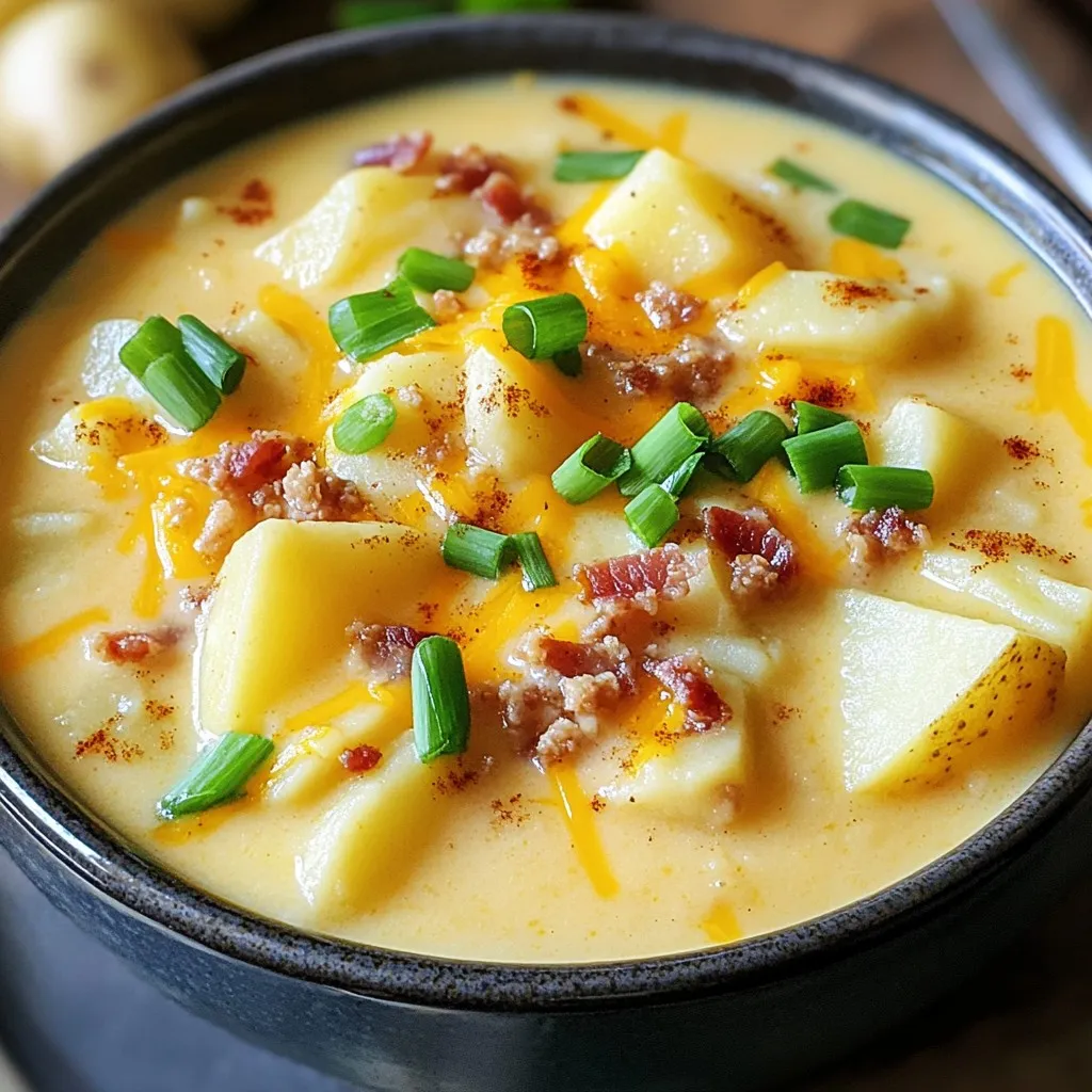 - 6 medium russet potatoes, peeled and diced - 1 medium onion, diced - 3 cloves garlic, minced - 4 cups chicken or vegetable broth - 1 cup cream cheese, softened - 1 cup shredded cheddar cheese - ½ cup sour cream - 1 teaspoon onion powder - 1 teaspoon garlic powder - 1 teaspoon smoked paprika - Salt and pepper to taste - ¼ cup green onions, chopped (for garnish) - ¼ cup crispy cooked turkey bacon, crumbled (optional) To make this soup, gather these ingredients. Start with the russet potatoes. I prefer russet potatoes for their creamy texture. Peel and dice them into bite-sized pieces. Next, chop the onion and mince the garlic. These add a wonderful flavor to the soup. You can choose chicken broth or vegetable broth. Both work well, but the chicken broth adds a richer taste. For creaminess, use softened cream cheese. It melts perfectly into the soup. Shredded cheddar cheese gives a great cheesy flavor. Sour cream adds a nice tang. The spices are key. Onion powder, garlic powder, and smoked paprika create warm flavors. Salt and pepper enhance everything. For garnish, use chopped green onions for a fresh touch. If you want an extra crunch, crispy turkey bacon is a tasty option. Now that you have your ingredients ready, you're all set to create this comforting dish! - First, wash and peel the 6 medium russet potatoes. - Next, dice the potatoes into small cubes. Aim for uniform sizes for even cooking. - Then, take 1 medium onion and dice it finely. - Mince 3 cloves of garlic for that rich flavor. - Decide on your broth: you can use 4 cups of chicken or vegetable broth. Either choice works well. - In a 6-quart crockpot, add the diced potatoes, onion, and garlic. - Pour in your broth until the potatoes are fully covered. - Next, sprinkle in 1 teaspoon each of onion powder, garlic powder, and smoked paprika. - Add salt and pepper to taste. Stir gently to mix everything. - Cover the crockpot and set it to cook. You can choose high for 4 hours or low for 6-7 hours. Cook until the potatoes are tender. - After cooking, use a potato masher to blend the soup. You can leave some chunks for texture. - Once blended, add 1 cup of softened cream cheese to the pot. Stir well until it melts into the soup. - Now, add 1 cup of shredded cheddar cheese and ½ cup of sour cream. Stir until everything is creamy and heated through. - Taste your soup and adjust the seasoning as needed. - Serve hot and enjoy this comforting dish! To get the right texture for your soup, use a potato masher. Mash until you reach your liking. You can leave some chunks for a hearty feel. If you want it smoother, blend it in batches with a hand blender. Always taste your soup before serving. Adjust the salt and pepper to make it just right. You can add a little more cream cheese or sour cream for extra creaminess. To boost flavor, think about adding spices. A pinch of cayenne can add heat. You might also try fresh herbs like thyme or parsley for freshness. For toppings, consider crispy turkey bacon for crunch. Green onions add a nice bite. You can also sprinkle some extra cheddar cheese for richness. For this recipe, a 6-quart crockpot works best. It gives enough space for all the ingredients. If you have a smaller one, just cut the recipe in half. Timing is key. Cook on high for 4 hours or low for 6-7 hours. Check that your potatoes are tender before blending. This ensures a perfect soup every time. {{image_2}} If you want to change the cream cheese, try using Greek yogurt. It adds a nice tang and works well. For a dairy-free option, use cashew cream. Blend soaked cashews with water to get a creamy texture. This keeps the soup rich without dairy. To add a kick, consider cayenne or chipotle powder. Just a pinch can spice things up. If you prefer a vegetarian soup, skip the bacon. You can add mushrooms or extra veggies for flavor. If you want meat, crispy turkey bacon or bacon bits work great. They add crunch and saltiness. Fresh herbs and seasonal veggies can elevate this soup. In spring, add fresh peas or asparagus for a burst of color. In the fall, try adding pumpkin or butternut squash. Fresh chives or parsley can also brighten the dish. Adjust based on what’s fresh and available to you. After cooking your Crockpot Crack Potato Soup, you need to store it right. First, let the soup cool down. This helps keep it fresh. Once cool, pour it into airtight containers. Fill them up, but leave some space at the top. This space helps when the soup expands in the freezer. For refrigeration, store the soup in the fridge for up to 3 days. If you want to keep it longer, freezing is a great option. To freeze, use freezer-safe containers or heavy-duty bags. Make sure to label them with the date. Your soup can last in the freezer for up to 3 months. When it's time to enjoy your soup again, reheating is easy. The best way is to use the stove. Pour the soup into a pot and heat it over medium heat. Stir often to avoid sticking. You can also use the microwave. Pour the soup into a microwave-safe bowl. Heat it in short bursts, stirring in between. After reheating, if the soup seems too thick, add a bit of broth or water. This helps bring back that creamy texture. Leftovers of your Crockpot Crack Potato Soup will last about 3 to 4 days in the fridge. Always check for signs of spoilage before eating. Look for changes in color, smell, or texture. If it smells sour or looks strange, it’s best to throw it out. Eating spoiled soup can make you sick, so always be careful. To thicken Crockpot Crack Potato Soup, you have a few good options: - Mashed Potatoes: Use a potato masher after cooking. This adds body while keeping some chunks. - Cornstarch Slurry: Mix equal parts cornstarch and cold water. Add this mix during the last 30 minutes of cooking. - Cream or Milk: Stir in more cream or milk for a creamier texture. - Instant Potato Flakes: Adding these will thicken the soup quickly. Each of these methods gives you control over the soup's thickness. Adjust based on your taste. Yes, you can easily make this soup ahead of time. Here are some tips: - Cook and Cool: Make the soup as per the recipe. Allow it to cool completely. - Store Properly: Place the soup in an airtight container. Store it in the fridge for up to three days. - Freezing: If you want to freeze it, let it cool first. Use freezer-safe containers and store for up to three months. - Reheat: When ready to eat, reheat on low in a pot or microwave. Add a little water or broth if it seems too thick. Planning ahead makes dinner easy and tasty! Yes, this recipe can be gluten-free! Here are some points to consider: - Broth Choice: Use a gluten-free broth. Many brands offer this option. - Cream Cheese and Sour Cream: Check labels for gluten-free certifications. Most brands are safe. - Avoid Adding Bread: If you serve this with bread, choose gluten-free options. This soup is both comforting and safe for those with gluten concerns. Enjoy without worry! This recipe for Crockpot Crack Potato Soup uses simple ingredients and easy steps. You’ll enjoy creamy, cheesy goodness in each bite. Remember, you can tweak the flavors and ingredients to suit your taste. Store any leftovers properly to keep them fresh. This soup is not just a meal; it’s comfort in a bowl. With so many options, it’s the perfect dish for any season. Enjoy experimenting and making it your own!