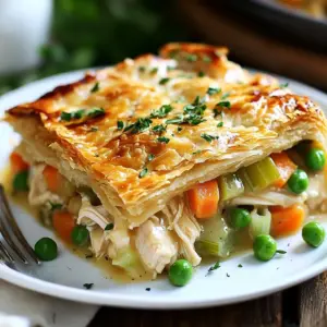 - 2 cups cooked chicken, shredded - 1 cup carrots, diced - 1 cup peas (fresh or frozen) - 1 cup celery, diced - 1 medium onion, chopped - 3 cups low-sodium chicken broth - 1/2 cup plain Greek yogurt - 1/4 cup whole wheat flour - 1 teaspoon garlic powder - 1 teaspoon thyme - 1/2 teaspoon black pepper - 1 tablespoon olive oil - 1 pre-made whole grain pie crust or phyllo dough - 1 egg (for egg wash, optional) - Chicken: Great protein source. It helps build muscles and keeps you full. - Carrots: High in beta-carotene. This helps with vision and boosts immunity. - Peas: Packed with vitamins. They provide fiber and aid digestion. - Celery: Low in calories. It adds crunch and helps hydrate your body. - Onion: Rich in antioxidants. They support heart health and add flavor. - Chicken broth: Low-sodium options reduce salt intake. It adds a savory base. - Greek yogurt: Adds creaminess and protein. It also has probiotics for gut health. - Whole wheat flour: Provides fiber and is more nutritious than white flour. - Garlic powder: Known for its health benefits. It can boost your immune system. - Thyme: Adds flavor and has anti-inflammatory properties. - Black pepper: Helps digestion and adds a mild heat. - Olive oil: Heart-healthy fat. It can lower bad cholesterol levels. - Whole grain pie crust: Contains more fiber than regular crusts. - Egg: Adds shine and color to the crust when used for egg wash. - For chicken, use turkey or tofu for a different protein. - Replace Greek yogurt with silken tofu for a dairy-free option. - Use vegetable broth instead of chicken broth for a vegetarian dish. - If you dislike onions, try leeks or omit them entirely. - Swap whole wheat flour with almond flour for a gluten-free option. - For those avoiding peas, use corn or green beans as a substitute. - If you want a lighter crust, use phyllo dough instead of pie crust. {{ingredient_image_1}} Start by preheating your oven to 375°F (190°C). In a large skillet, add one tablespoon of olive oil. Heat it over medium heat until warm. Next, add one chopped onion, one cup of diced carrots, and one cup of diced celery. Sauté the veggies for about 5-7 minutes until they soften. This step builds flavor. Next, stir in one teaspoon of garlic powder, one teaspoon of thyme, and half a teaspoon of black pepper. Cook for one more minute to blend the spices. Now, sprinkle a quarter cup of whole wheat flour over the veggies. Mix well to coat everything. Cook for another minute. This helps to thicken the filling later. Slowly pour in three cups of low-sodium chicken broth while stirring. This will help avoid lumps. Bring the mixture to a simmer and let it thicken for about 5-10 minutes. Once thickened, take it off the heat. Stir in two cups of shredded chicken and one cup of peas. Lastly, add half a cup of plain Greek yogurt. Make sure everything is well combined. Now, roll out your pre-made whole grain pie crust. Place it into a pie dish. Pour the chicken filling into the crust. If you choose to use phyllo dough, layer several sheets on top, brushing each with a little olive oil. If you have extra pie crust, cover the filling with another layer. Seal the edges and cut a few slits on top to let steam escape. If you want a golden finish, beat one egg and brush it over the top crust. Place the pot pie in the preheated oven. Bake it for 25-30 minutes or until the crust is golden brown. This will give your pot pie a lovely color and texture. Once done, let it cool for a few minutes before serving. This helps the filling set and makes it easier to slice. For a nice touch, serve slices on plates with a sprinkle of fresh parsley. Enjoy your delicious and healthy chicken pot pie! To keep the filling moist, use low-sodium chicken broth. The broth adds flavor and moisture. Greek yogurt also helps. It makes the filling creamy and rich. Stir it in after you thicken the mix. Avoid cooking it too long. Overcooking can dry out your filling. For a flaky crust, use whole grain pie crust or phyllo dough. These options add fiber. If using phyllo, layer it well. Brush each layer with olive oil for crispiness. Make sure to cut slits in the top. This lets steam escape and helps the crust stay flaky. You can reduce calories by using less oil. Instead of frying, try steaming or sautéing. Use less chicken and add more veggies. This keeps the dish light and healthy. You can also skip the egg wash on top. It will still taste great without it! Pro Tips Use Leftover Chicken: This recipe is perfect for using leftover rotisserie chicken, saving time and adding flavor. Customize Your Veggies: Feel free to add other vegetables like corn or green beans for additional flavor and nutrition. Make It Ahead: You can prepare the filling a day in advance and assemble the pie right before baking for a quick meal. Experiment with Spices: Add a pinch of nutmeg or a dash of cayenne pepper to the filling for a unique flavor twist. {{image_2}} You can easily make a vegetarian pot pie. Just swap the chicken for hearty veggies. Use mushrooms, zucchini, and bell peppers for a rich taste. For a vegan version, replace Greek yogurt with coconut yogurt. This adds creaminess without dairy. You can also use vegetable broth instead of chicken broth. Chicken is great, but you can try other proteins. Turkey works well and has a similar flavor. For a plant-based option, tofu is a fantastic choice. Press and cube the tofu, then sauté it until golden. This adds a nice texture and flavor to your pot pie. Herbs and spices can transform your dish. Fresh herbs like parsley or basil add brightness. You can also try adding a pinch of nutmeg for warmth. If you like heat, sprinkle in some cayenne pepper. This gives your pot pie a fun twist! To store leftovers, wait until the chicken pot pie cools down. Use an airtight container. You can keep it in the fridge for up to three days. Make sure to seal it well to keep it fresh. If you have extra filling, store it separately. When you want to reheat your chicken pot pie, preheat your oven to 350°F (175°C). Place the pie on a baking sheet. Bake for about 15 to 20 minutes. This will warm it through and keep the crust crisp. If you use a microwave, heat it in short bursts. Check often to avoid soggy crusts. Freezing is a great option for meal prep. To freeze, let the pie cool completely. Wrap it tightly in plastic wrap, then in foil. This helps prevent freezer burn. You can freeze the pot pie for up to three months. When ready to eat, thaw it overnight in the fridge. Then, bake it at 350°F (175°C) until hot. Yes, you can use a store-bought pie crust. It saves time and effort. Look for whole grain options for a healthier choice. Follow the package instructions for best results. This way, you can focus on making the filling taste great. To make this recipe gluten-free, choose a gluten-free pie crust. You can also swap whole wheat flour with a gluten-free flour blend. Make sure the broth and Greek yogurt are gluten-free too. This keeps your dish tasty and friendly for those with gluten allergies. Serve your chicken pot pie with a fresh salad. A simple green salad with vinaigrette works well. You can also pair it with steamed vegetables or a light soup. These sides balance the meal and add more nutrients. This blog post covered how to make a tasty, healthy pot pie. We explored its key ingredients and their benefits. I shared simple steps for preparing the filling and baking. Tips for keeping it moist and making a flaky crust were also given. You can try different proteins and flavors for variety. Finally, I included storage tips to save leftovers. You now have everything you need to enjoy a delicious pot pie that suits your tastes and needs.