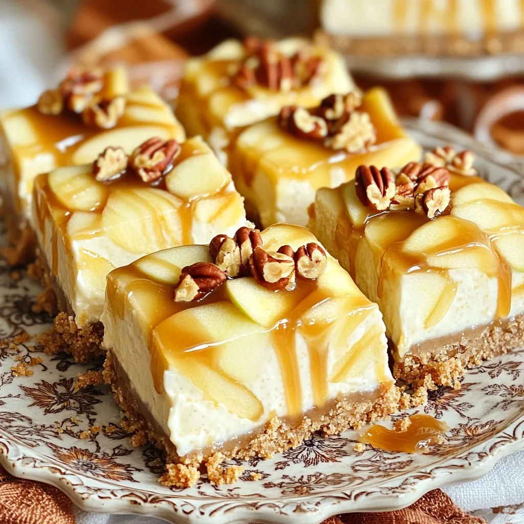 - 1 ½ cups graham cracker crumbs - ½ cup unsalted butter, melted - 2 tablespoons sugar - 2 (8 oz) packages cream cheese, softened - 1 cup granulated sugar - 2 large eggs - 1 teaspoon vanilla extract - 2 cups peeled and diced apples (preferably Granny Smith) - 1 teaspoon cinnamon - ½ cup caramel sauce (store-bought or homemade) For this recipe, I prefer Granny Smith apples. Their tartness balances the sweet cream cheese and caramel. You want to peel and dice them into small chunks for the best texture. - ¼ cup chopped pecans (optional) If you like extra crunch, add chopped pecans. They give a great texture and nutty taste. You can also consider other toppings like crushed toffee or chocolate chips. For those with dietary needs, you can make this gluten-free. Just use gluten-free graham crackers for the crust. You can also replace cream cheese with dairy-free options if needed. Start by preheating your oven to 325°F (160°C). Line an 8x8-inch baking pan with parchment paper. Leave some paper hanging over the edges. This helps when you take the bars out later. In a medium bowl, mix 1 ½ cups of graham cracker crumbs, ½ cup of melted unsalted butter, and 2 tablespoons of sugar. Stir until it looks like wet sand. Press this mixture firmly into the bottom of your pan. Bake the crust for 10 minutes. Remove it and let it cool slightly for about 10 minutes. In a large bowl, beat 2 packages of softened cream cheese until it’s smooth. Slowly add 1 cup of granulated sugar. Mix until combined. Add 2 large eggs, one at a time. Mix well after each egg. Finally, stir in 1 teaspoon of vanilla extract. In another bowl, toss 2 cups of peeled and diced Granny Smith apples with 1 teaspoon of cinnamon. Gently fold the apple mixture into the cream cheese mixture. Make sure the apples are evenly mixed in. Pour the cheesecake filling over your cooled crust. Spread it evenly with a spatula. Drizzle ½ cup of caramel sauce on top. Use a toothpick or knife to swirl the caramel into the filling. If you like, sprinkle ¼ cup of chopped pecans on top. Bake the bars for 35-40 minutes. The edges should be set, but the center can still jiggle a bit. When done, take them out and let them cool in the pan for about 1 hour. After that, refrigerate the bars for at least 3 hours to let them fully set. Once chilled, use the overhanging parchment paper to lift the bars out. Cut them into squares and serve cold. You can drizzle extra caramel on top too! When making caramel apple cheesecake bars, some mistakes can spoil your fun. Here are a few to watch out for: - Overmixing: Mixing the cream cheese too much can add air, making your bars puff up. Mix just until smooth. - Baking Time: Don't bake too long. The center should jiggle slightly when you take it out. - Crust Pressure: If you don't press the crust firmly, it can crumble when you cut the bars. If you notice cracks on top, don't worry too much. A drizzle of caramel will hide them well! To get that creamy cheesecake texture, follow these tips: - Room Temperature Ingredients: Always use softened cream cheese. Cold cream cheese can lead to lumps. - Cooling: Let the bars cool in the pan for an hour. After that, refrigerate them for at least three hours. This helps them set perfectly. Using a sharp knife to cut the bars will give you nice clean edges. Adding flavor can take these bars to the next level: - Spices: Consider adding nutmeg or ginger along with cinnamon for a warm taste. - Whipped Cream: Top your bars with whipped cream for a lovely contrast. You could also add caramel drizzle on top for extra sweetness. Feel free to experiment with flavors! Try adding a pinch of salt to your caramel sauce for a delightful twist. {{image_2}} You can swap out apples for other fruits. Pears or berries work great too. If you want a twist, try using caramel sauce with flavors like sea salt or chocolate. You can even add nuts or whipped cream on top for extra crunch and creaminess. For vegan options, use coconut cream instead of cream cheese. Swap eggs for flax eggs or applesauce. Use a dairy-free caramel for topping. If you're gluten-free, replace the graham cracker crumbs with gluten-free cookies or oats. This way, everyone can enjoy the bars! Add pumpkin puree for a fall treat. Spice it up with nutmeg or ginger for warmth. During the holidays, decorate the bars with crushed candy canes or festive sprinkles. You can also serve them warm with a scoop of vanilla ice cream for a cozy dessert. To keep your caramel apple cheesecake bars fresh, refrigerate them in an airtight container. This helps maintain their flavor and texture. You can also cover them with plastic wrap if you don't have a container. If you want to enjoy them later, freezing is a great option. Wrap the bars tightly in plastic wrap and then foil. This protects them from freezer burn. When ready to eat, thaw them in the fridge overnight. In the fridge, these cheesecake bars last about five days. Keep an eye out for any signs of spoilage. If you see mold or notice an off smell, it’s best to throw them away. A change in texture can also indicate spoilage. If the bars become too dry or crumbly, they may no longer taste good. Always make sure to check before enjoying your sweet treat! Yes, you can make these bars ahead of time. You can prepare them up to two days in advance. Store them in the fridge, covered with plastic wrap. This keeps them fresh and tasty. The flavors will also blend nicely as they sit. For this recipe, Granny Smith apples are the best choice. They are tart and hold their shape well. Other good options include Honeycrisp and Fuji apples. Honeycrisp adds sweetness, while Fuji offers a nice crunch. Each apple type brings a unique flavor and texture to the bars. Yes, you can change the crust if you want! Instead of graham crackers, try using digestive biscuits or even a shortbread crust. For a gluten-free option, use gluten-free graham crackers or almond flour. Each crust gives a different taste and texture to your bars. Caramel Apple Cheesecake Bars are easy to make and delicious. We covered essential ingredients, from apples to optional toppings. I shared step-by-step instructions to guide you through baking. Remember to avoid common mistakes for the best texture. If you want variety, consider different fruits and dietary swaps. Store your bars properly to keep them fresh for longer. You can make these ahead and impress others. Enjoy creating this treat; it’s a fun way to mix flavors and share joy. Happy baking!