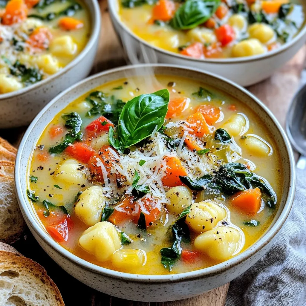 This soup is full of flavor and easy to make. Here are the main ingredients you'll need: - 1 lb (450g) potato gnocchi - 4 cups vegetable broth - 1 can (15 oz) diced tomatoes, undrained - 2 cups fresh spinach, chopped - 1 cup carrots, diced - 1 cup kale, chopped (or other leafy greens) - 1 medium onion, diced - 3 cloves garlic, minced - 1 teaspoon dried basil - 1 teaspoon dried oregano - ½ teaspoon red pepper flakes (optional) - Salt and pepper to taste - ½ cup heavy cream (or coconut milk for a dairy-free option) - Grated Parmesan cheese for serving (optional) These ingredients blend well together. The gnocchi adds heartiness. The spinach and kale give it color and nutrition. The tomatoes add a hint of sweetness. You can switch things up in this soup. Here are some ideas: - Add other vegetables like zucchini or bell peppers for more flavor. - Use different greens, like Swiss chard or collard greens. - For a spicy kick, increase the red pepper flakes. - Swap heavy cream for coconut milk for a lighter soup. - Top with fresh herbs like basil or parsley for extra freshness. These options let you make the soup your own. Feel free to mix and match based on what you have at home. Choosing fresh produce makes a big difference. Here’s how to pick the best: - For spinach and kale, look for bright green leaves without brown spots. - Choose carrots that are firm and smooth. Avoid ones that are limp or cracked. - Select tomatoes that feel heavy and have a rich color. - Check onions for dry, papery skin and a heavy feel. Fresh ingredients boost the flavor and nutrition of your soup. Always aim for quality when you shop. Start by chopping the onion, garlic, carrots, and kale. Place them in your slow cooker. Add the canned tomatoes without draining them. This gives the soup extra flavor. Pour in the vegetable broth. It's the base of our soup. Then, add the dried basil, oregano, and optional red pepper flakes. Don't forget to season with salt and pepper. Stir everything well to mix the flavors. Cover the slow cooker with the lid. Set it to low for 6-7 hours or high for 3-4 hours. Cooking on low lets the flavors blend nicely. If you're short on time, the high setting works well too. Just make sure to check the soup toward the end. This way, you can ensure the vegetables are tender. About 30 minutes before serving, stir in the potato gnocchi and chopped spinach. The gnocchi will float when they are ready. This shows they are cooked through. After the gnocchi are done, mix in the heavy cream. Let it cook for an extra 10 minutes. This will make your soup rich and creamy. Taste the soup and adjust the seasoning if needed. To make your Slow Cooker Tuscan Gnocchi Soup pop with flavor, focus on fresh herbs. Fresh basil adds a bright taste. Try adding it at the end for the best flavor. Also, use a good vegetable broth. A rich broth adds depth to the soup. If you like heat, add more red pepper flakes. They boost the soup’s warmth. You can also mix in a splash of lemon juice. This adds a nice zing to the creamy soup. One common mistake is adding the gnocchi too early. They should go in about 30 minutes before serving. If you add them too soon, they may get mushy. Also, don’t skip the heavy cream. It brings a rich texture to the soup. Another mistake is not seasoning enough. Taste your soup before serving. Adjust salt and pepper to make it just right. Serve your soup hot in deep bowls. Add a sprinkle of grated Parmesan cheese on top. It adds a savory touch. You can also garnish with fresh basil or parsley. This gives a pop of color. For a complete meal, pair it with crusty bread. The bread is perfect for dipping. You can even serve a simple salad on the side. A light salad balances the rich soup. Enjoy your meal with a warm drink to make it cozy! {{image_2}} You can easily make this soup gluten-free. Just use gluten-free gnocchi. Many stores sell it now. For a dairy-free twist, swap heavy cream with coconut milk. The coconut milk adds a nice creaminess without any dairy. Feel free to mix up the veggies! You can add zucchini, bell peppers, or even mushrooms. If you want a sweeter taste, try adding sweet potatoes. The soup remains tasty and colorful with any veggie you choose. Need some extra protein? Add cooked chicken, turkey, or sausage. You could also use white beans. They add protein and make the soup filling. Just stir them in about 30 minutes before serving. Each option boosts the flavor and makes your meal more satisfying. To store leftover Slow Cooker Tuscan Gnocchi Soup, let it cool first. Pour the soup into an airtight container. Make sure to leave some space at the top. This helps avoid spills when freezing. Label the container with the date. Store it in the fridge if you plan to eat it soon. For longer storage, put it in the freezer. You can freeze this soup for up to three months. When you're ready to eat, thaw it in the fridge overnight. Once thawed, heat the soup on the stove over low heat. Stir it gently to warm it evenly. If the soup seems thick, add a splash of broth or water. This will help bring back its creamy texture. To keep your soup fresh, use high-quality ingredients. Fresh greens like spinach and kale taste best. If you add cream, use it right before serving. Cream can curdle if frozen. For the best flavor, consume the soup within a week when stored in the fridge. Remember to taste and adjust the seasonings after reheating. Yes, you can use frozen gnocchi. Just add them to the soup about 30 minutes before serving. They will cook perfectly in the hot broth. Frozen gnocchi saves time and gives great results. The soup lasts about 3 to 4 days in the fridge. Make sure to store it in an airtight container. If you want it to last longer, freeze it instead. I love serving this soup with crusty bread. You can also pair it with a simple salad. A sprinkle of grated Parmesan on top adds a nice touch. Enjoy it as a cozy meal! This blog post covered how to make slow cooker Tuscan gnocchi soup. You learned about key ingredients, from the base to optional add-ins. I shared tips for cooking and enhancing flavor. You also found storage tips and common questions. Tuscan gnocchi soup is flexible and fun to make. Enjoy playing with the flavors and textures. Happy cooking!