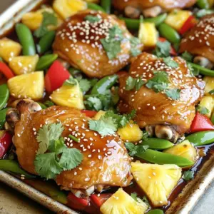 - 4 boneless, skinless chicken thighs - 1 cup fresh pineapple chunks - 1 bell pepper (red or yellow), sliced - 1 cup snap peas - 1 small red onion, sliced - 1/2 cup teriyaki sauce (store-bought or homemade) - 2 tablespoons sesame oil - 1 tablespoon fresh ginger, minced - 3 cloves garlic, minced - 1 tablespoon honey (or maple syrup for a vegan option) - Salt and pepper to taste - 2 tablespoons sesame seeds (for garnish) - Fresh cilantro for garnish The chicken thighs are the heart of this dish. They stay moist and tender. Fresh pineapple adds sweetness and tang. The bell pepper and snap peas provide crunch and color. Each vegetable brings its flavor to the mix, creating a delicious medley. - Large sheet pan - Parchment paper - Mixing bowl - Whisk - Paper towels - Knife and cutting board Having the right tools makes cooking easier. The sheet pan holds everything together. Parchment paper helps with cleanup. A mixing bowl and whisk are needed for the sauce. - Chicken thighs can be swapped with chicken breasts. - Pineapple can be replaced with mango or peaches. - Use any color bell pepper, or skip it entirely. - If you don't have snap peas, use green beans instead. - Maple syrup can replace honey for a vegan option. Substituting ingredients can change the dish’s flavor. Try different fruits and veggies to find your favorite combo. 1. Preheat your oven to 425°F (220°C). Line a large sheet pan with parchment paper. This helps with cleanup later. 2. In a small bowl, mix the teriyaki sauce, sesame oil, ginger, garlic, and honey. Whisk until combined and set aside. 3. Pat the chicken thighs dry with a paper towel. Season both sides with salt and pepper. Place them in the center of the sheet pan. 4. Arrange the fresh pineapple chunks, sliced bell pepper, snap peas, and red onion around the chicken. 1. Pour the teriyaki sauce mixture evenly over the chicken and veggies. Toss the veggies gently to coat them. 2. Bake for 25-30 minutes. The chicken should reach an internal temperature of 165°F (75°C). 3. Stir the vegetables halfway through the cooking time. This helps them roast evenly. 4. For added flavor, switch your oven to broil for the last 2-3 minutes. This caramelizes the chicken and veggies. 5. Once done, remove the pan from the oven. Let it rest for 5 minutes before serving. - Use a meat thermometer to check the chicken’s temperature. This ensures it is safe to eat. - If your chicken is thin, start checking at 20 minutes. You want juicy, tender meat. - Letting the dish rest helps the juices redistribute. This makes every bite more flavorful. - Garnish with sesame seeds and fresh cilantro for an appealing look. Enjoy your vibrant meal! To cook chicken thighs well, start by drying them with a paper towel. This helps the skin crisp up. Season the chicken with salt and pepper on both sides. This simple step boosts flavor. Always use a meat thermometer to check the internal temperature. Chicken should reach 165°F (75°C) to be safe to eat. If you want extra crispiness, broil the chicken for a few minutes at the end. Combine teriyaki sauce, sesame oil, fresh ginger, garlic, and honey in a bowl. This mix adds depth and sweetness. Pour this sauce over the chicken and veggies. Toss the veggies to coat them well. This ensures every bite bursts with flavor. If you want more tang, add lime juice before serving. Fresh herbs like cilantro also enhance the taste. Serve your teriyaki chicken directly from the sheet pan for a casual meal. You can also move it to a big serving platter for a special touch. For sides, try jasmine rice or quinoa to soak up the sauce. Steamed broccoli or a fresh salad pairs nicely too. For a fun twist, serve lime wedges to squeeze over the dish. {{image_2}} You can easily make this dish vegetarian or vegan. Replace the chicken thighs with tofu or tempeh. Use firm tofu for the best texture. Cut it into cubes and marinate in the teriyaki sauce mix. For a vegan option, swap honey for maple syrup. This keeps the dish sweet and delicious. If chicken isn’t your thing, try other proteins. Shrimp or salmon works well. For shrimp, adjust the cooking time. They cook faster than chicken, so watch them closely. For salmon, place it skin-side down on the pan. This adds great flavor and keeps it moist. Feel free to swap out veggies. Instead of bell peppers, try zucchini or broccoli. Both add great color and crunch. You might also use carrots or mushrooms for extra flavor. Just remember to cut all veggies into even pieces for even cooking. After enjoying your Sheet-Pan Teriyaki Pineapple Chicken, let the leftovers cool. Store them in an airtight container. You can keep them in the fridge for up to three days. Make sure to separate the chicken from the veggies to keep everything fresh. To reheat the chicken and veggies, use your oven or microwave. If you choose the oven, preheat it to 350°F (175°C) and place the food in a baking dish. Heat for about 15 minutes or until warm. If using the microwave, cover the dish and heat in short intervals. Check every minute to avoid overcooking. You can freeze leftovers for a quick meal later. Place the chicken and veggies in a freezer-safe bag or container. Be sure to remove as much air as possible. Label the bag with the date. You can freeze it for up to three months. To enjoy, thaw it in the fridge overnight before reheating. Yes, you can use frozen chicken thighs. Thaw them completely before cooking. If you cook them from frozen, increase the baking time by about 10 to 15 minutes. Ensure the chicken reaches 165°F for safety. This dish pairs well with rice or quinoa. You can also serve it with a side salad. For a fun twist, try it with crispy wontons or steamed dumplings. Leftovers from this dish last about 3 to 4 days in the fridge. Store them in an airtight container. Always check for any off smells before eating. Absolutely! To make your own teriyaki sauce, mix soy sauce, honey, garlic, and ginger. You can adjust the sweetness and saltiness to your taste. This way, you can create a sauce that fits your diet perfectly. This article covered how to make Sheet-Pan Teriyaki Pineapple Chicken. We looked at key ingredients, step-by-step instructions, and tips for great results. I shared ways to customize your meal with variations and storage tips for leftovers. In conclusion, making this dish is simple and fun. You can enjoy delicious flavors while easily adapting it to your tastes. With the right steps, you’ll have a meal everyone loves. Happy cooking!
