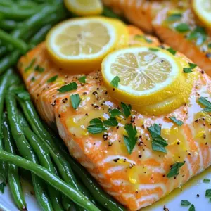 For this dish, you need four salmon fillets. Each fillet should weigh about six ounces. Look for fresh salmon with bright color and no strong smell. This ensures a tasty meal. You will need one pound of fresh green beans. Trim both ends before cooking. Fresh green beans provide a nice crunch and color to your plate. To make the dish shine, gather these items: - 3 tablespoons olive oil - 1 tablespoon lemon zest - 2 tablespoons fresh lemon juice - 1 teaspoon black pepper - 1 teaspoon garlic powder - Salt to taste - 1 teaspoon dried thyme - Lemon slices for garnish - Fresh parsley, chopped for garnish This mix of flavors creates a bright and zesty taste. The lemon juice and zest give it a fresh kick. Garlic powder adds depth, while thyme brings an earthy note. The olive oil keeps everything moist and adds richness. Start by gathering all your ingredients. You need: - 4 salmon fillets (about 6 oz each) - 1 lb fresh green beans, trimmed - 3 tablespoons olive oil - 1 tablespoon lemon zest - 2 tablespoons fresh lemon juice - 1 teaspoon black pepper - 1 teaspoon garlic powder - Salt to taste - 1 teaspoon dried thyme - Lemon slices (for garnish) - Fresh parsley, chopped (for garnish) Next, preheat your oven to 400°F (200°C). This step is key for the perfect roast. Line a large sheet pan with parchment paper. It makes cleanup easy and helps your food not stick. In a small bowl, combine olive oil, lemon zest, lemon juice, black pepper, garlic powder, salt, and dried thyme. Mix well. This mixture will add great flavor to your salmon and beans. Now, place the salmon fillets on one side of the sheet pan. Brush each fillet with the lemon pepper mixture. Make sure to coat them well for maximum flavor. In another bowl, take the trimmed green beans. Toss them with the remaining lemon pepper mixture. Ensure they are well-coated too. This step ensures the beans get that tasty lemon flavor. Spread the green beans on the other side of the sheet pan. Lay them out in a single layer. This allows them to roast nicely. Put the sheet pan in the preheated oven. Roast everything for about 15-20 minutes. The salmon should flake easily with a fork. The green beans should be tender-crisp. After cooking, take the sheet pan out and let it rest for about 2 minutes. This helps the flavors settle. Now it’s time to plate your dish. Serve the salmon and green beans together on a large plate. For a lovely touch, garnish with lemon slices and chopped fresh parsley. This adds color and makes the dish look fancy. Enjoy your Lemon Pepper Salmon & Green Beans! To cook salmon well, use high heat. I like roasting at 400°F (200°C). This method keeps the fish moist. It also gives a nice crust on the outside. Always check for doneness. Salmon should flake easily with a fork. If it does, it's ready! For green beans, start with fresh ones. Trim off the ends for a neat look. Toss them in the same lemon pepper mix as the salmon. Spread them out on the pan. This helps them cook evenly. Roast them until they are tender but still crisp. A bright green color means they are perfect! Lemon zest and juice add bright flavor. Black pepper gives a nice kick. Garlic powder adds depth. Dried thyme brings earthiness. You can also use fresh herbs for more taste. Try adding dill or basil for a twist. Don't forget to garnish with lemon slices and parsley! They make the dish look great too. {{image_2}} You can swap out green beans for other veggies. Try asparagus, zucchini, or bell peppers. These veggies cook well and taste great with lemon and salmon. Just cut them to a similar size as the green beans. This way, they all cook evenly. Toss them in the same lemon pepper mix for extra flavor. If you want to change the flavor, try different spices. You can use smoked paprika for a warm taste. Or add some cumin for a bit of earthiness. You could even use fresh herbs like dill or basil. These changes will give you new flavors without much effort. Just remember to keep the lemon for that fresh zing. You don't have to use the oven for this dish. You can grill the salmon for a smoky flavor. Preheat the grill and cook the salmon for about 6-8 minutes per side. You can also pan-sear the salmon for a crispy skin. Use a hot skillet and add some oil before placing the salmon in. Each method brings out unique tastes. Choose what fits your mood best! After enjoying your Lemon Pepper Salmon and green beans, proper storage is key. First, let the dish cool to room temperature. This helps prevent condensation in your storage container. Use an airtight container to keep the salmon and green beans fresh. If you store them together, they can last for up to three days in the fridge. Make sure to keep the salmon away from strong-smelling foods. This helps keep its flavor intact. When you are ready to enjoy leftovers, you have a few options. The best way to reheat is in the oven. Preheat it to 350°F (175°C). Place the salmon and beans on a baking sheet. Heat for about 10-15 minutes or until warmed through. You can also use a microwave. Just place the food on a microwave-safe plate. Heat it for 1-2 minutes. Check to ensure it is hot all the way through. If you want to keep your meal longer, freezing is a great option. Wrap each salmon fillet and green beans separately in plastic wrap. Then, place them in a freezer bag. Squeeze out as much air as you can. This helps prevent freezer burn. You can store them in the freezer for about three months. When you are ready to eat, thaw them overnight in the fridge. Then, reheat them following the instructions above. You should cook the salmon for about 15 to 20 minutes. This timing works well at 400°F (200°C). The salmon is done when it flakes easily with a fork. Keep an eye on it to avoid overcooking. It can dry out if left too long. Yes, you can use frozen salmon fillets. Just make sure to thaw them first. You can do this by leaving them in the fridge overnight or using cold water. After thawing, pat them dry to remove excess moisture. This helps the seasoning stick better. Then, follow the same recipe steps. You can serve many sides with this dish. Here are some ideas: - Rice or quinoa for a hearty base - A fresh salad for a light touch - Roasted potatoes for extra flavor - Garlic bread for a tasty crunch These options can help round out your meal and add variety. Enjoy mixing and matching to find your favorite pairings! In this post, I covered how to prepare a delicious meal with salmon and green beans. We discussed ingredients, cooking steps, and plating tips. I also shared tricks for perfecting your salmon and green beans. Don’t forget about variations and storage options to keep meals fresh and flavorful. Cooking can be fun and easy with the right approach. Try these tips and enjoy a tasty and healthy dish any night of the week.