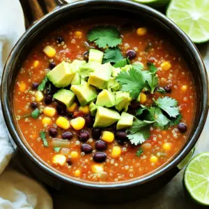- 1 cup quinoa, rinsed and drained - 1 can (15 oz) black beans, rinsed and drained - 1 can (15 oz) corn, drained - 1 can (15 oz) diced tomatoes with green chilies - 1 small onion, diced - 2 cloves garlic, minced - 2 cups vegetable broth - 2 tablespoons enchilada sauce (store-bought or homemade) - 1 teaspoon chili powder - 1 teaspoon cumin - 1 teaspoon smoked paprika - Salt and pepper to taste - Fresh cilantro, for garnish - Avocado, diced, for topping - Slices of lime, for serving This soup combines tasty ingredients that create a rich flavor. Quinoa is the star. It is a healthy grain packed with protein. Plus, it adds a nice texture to the soup. Black beans and corn bring earthiness and sweetness. Diced tomatoes with green chilies add a spicy kick. To make the flavor pop, we use aromatics. Onion and garlic create a strong base. They make the soup smell amazing while it cooks. The enchilada sauce adds depth. You can use store-bought sauce to save time or make your own for a personal touch. Spices like chili powder, cumin, and smoked paprika give warmth and smokiness. Salt and pepper balance the dish. Adjust these to match your taste. Garnishes make this soup shine. Fresh cilantro adds brightness. Diced avocado brings creaminess. Lime slices offer a zesty finish when squeezed on top. Each ingredient plays a big role in creating this flavorful delight. To start, rinse and drain the quinoa. This removes bitterness and helps it cook well. Next, dice the onion into small pieces. Mince the garlic cloves so they blend into the soup. Both add rich flavors. Now, layer the ingredients in your slow cooker. First, add the rinsed quinoa, black beans, corn, diced tomatoes, onion, and garlic. Pour in the vegetable broth and enchilada sauce. This gives the soup a tasty base. Sprinkle in the chili powder, cumin, smoked paprika, salt, and pepper. Stir everything well to mix the flavors. You have two options for cooking: low or high. Cooking on low takes 6-8 hours, while high takes 3-4 hours. Check for doneness by ensuring the quinoa is fluffy and fully cooked. Use a fork to fluff the quinoa and stir the soup gently. Adjust the seasoning if needed before serving. To make this soup shine, adjust the seasoning to your taste. Start with a pinch of salt and pepper. Taste the soup when it’s done cooking. If it needs more flavor, add a bit more chili powder or smoked paprika. If you want a thicker soup, try these tips. You can blend part of the soup in a blender. This makes it creamy and rich. Another way is to add more quinoa. It absorbs liquid and adds texture. To ensure even cooking, spread the ingredients out in the slow cooker. Don't layer them too thick. Stir the soup halfway through cooking to mix the flavors well. To avoid overflow, use the right size slow cooker. A 6-quart cooker works great for this recipe. Fill it to about ¾ full to prevent spills. This soup pairs well with tortilla chips. They add crunch and flavor. You can also serve it with fresh bread for dipping. For creative serving ideas, try topping with cheese or sour cream. Adding diced jalapeños gives it a nice kick. You can also serve it in a bread bowl for fun! {{image_2}} You can easily add protein to this soup. A great choice is cooked chicken or turkey. Simply shred or cube the meat and mix it in before cooking. This boosts flavor and makes the dish heartier. You can also use tofu or tempeh for a plant-based option. Just cube the tofu or tempeh and add it in at the same time as the other ingredients. This adds protein and keeps the soup filling. If you're looking for vegan or gluten-free variations, this soup works well. The base is already plant-based, so it fits vegan diets. Just ensure your enchilada sauce is vegan. For gluten-free needs, check that all canned goods are gluten-free. You can also make low-sodium versions by using low-sodium vegetable broth. This keeps the dish healthy and tasty without all the salt. To make the soup even better, try adding more spices or herbs. A pinch of cayenne pepper can add heat, while oregano brings in a nice herbal note. You can also swap out the beans for different types. For instance, kidney beans or pinto beans add a unique twist. Adding different vegetables like bell peppers or zucchini can also enhance the flavor and nutrition. To store leftovers, use airtight containers. Glass containers work well as they keep the soup fresh. You can also use plastic containers if glass is not available. In the fridge, the soup lasts for up to 4 days. If you want to keep it longer, freeze it. In the freezer, the soup can last for about 3 months. For reheating, you have two good options: microwave or stove. For the microwave, place your soup in a bowl and cover it. Heat for 1-2 minutes, stirring halfway through. On the stove, pour the soup into a pot. Heat on medium until warm, stirring often. This way, you keep the texture nice. To freeze the soup, let it cool first. Then, pour it into freezer-safe bags or containers. Remove as much air as possible to prevent freezer burn. For thawing, place the soup in the fridge overnight. You can also use the microwave if you need it fast. When ready to eat, reheat as mentioned above. This keeps your soup tasting great! Quinoa is a tiny grain packed with nutrients. It is a complete protein. This means it has all nine essential amino acids. It is also high in fiber, making it great for digestion. When you cook quinoa, it becomes fluffy. It absorbs flavors well, adding depth to soups. In this enchilada soup, it brings a hearty texture. You can enjoy all these benefits while savoring a delicious meal. Yes, you can make this soup ahead of time. It is perfect for meal prep. Just cook the soup and let it cool down. Store it in an airtight container. Keep it in the fridge for up to five days. You can also freeze it for up to three months. When you are ready, just reheat on the stove or microwave. Stir well to blend the flavors. To change the spice level, you can add or reduce spices. If you want more heat, add extra chili powder. For less spice, cut back on the chili powder. You can also change the ingredients. Use mild diced tomatoes without green chilies. Adding dairy, like sour cream, can help cool the heat too. Enjoy customizing this soup to fit your taste! This blog post covered a flavorful quinoa soup. We explored the main ingredients, like quinoa and black beans, and highlighted important seasonings. I provided step-by-step instructions to help you assemble and cook the soup in a slow cooker. We also discussed tips for perfecting the flavor and possible variations to suit your taste. Keep experimenting with your soup recipes. Enjoy creating delicious meals that nourish you and your family!