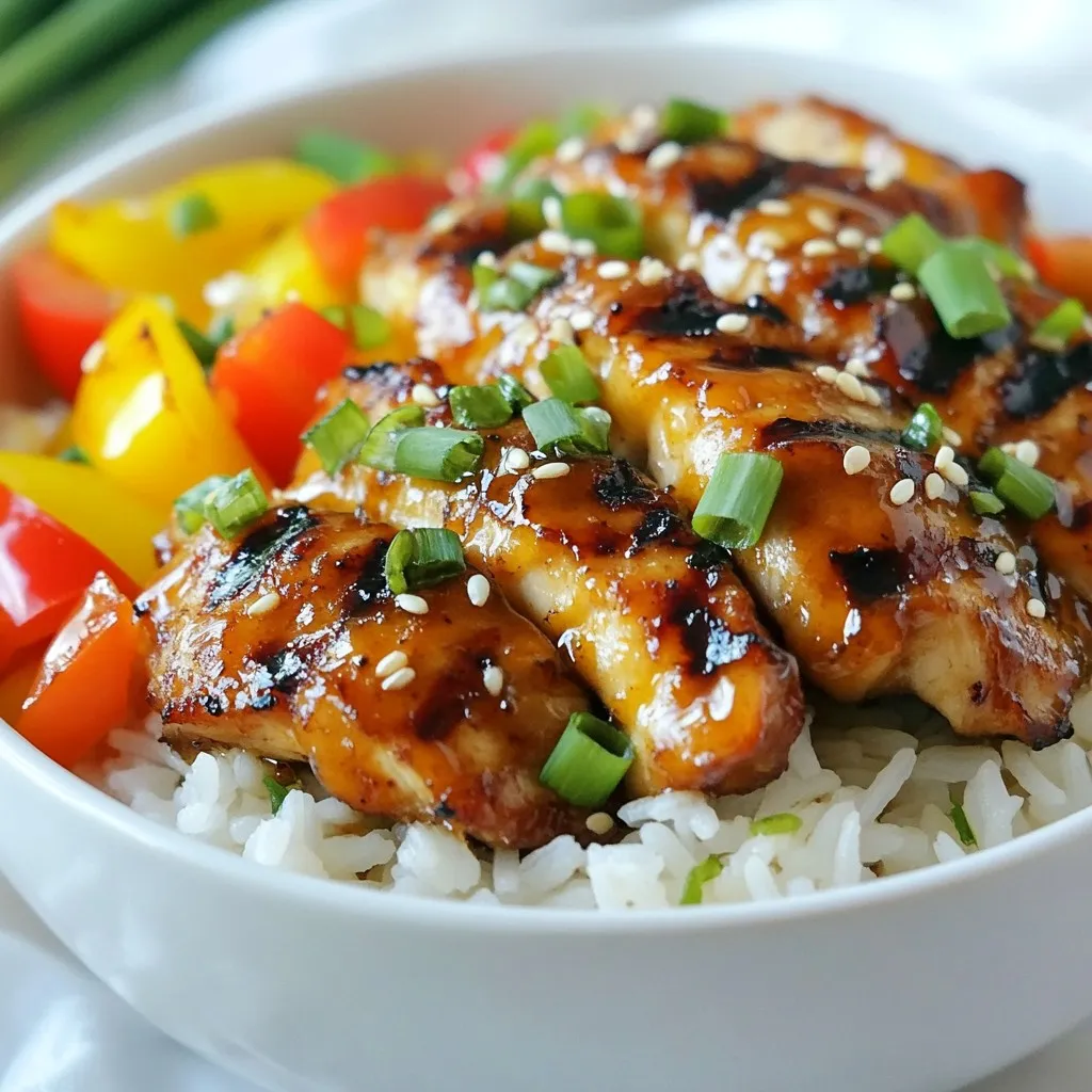 - 1 pound boneless, skinless chicken thighs - 2 cups cooked jasmine rice - 1/2 cup honey - 1/4 cup barbecue sauce The key to this dish is the chicken. Boneless, skinless chicken thighs stay juicy and tender. Jasmine rice adds a soft, fragrant base. Honey and barbecue sauce create a sweet and tangy flavor. - 2 cloves garlic, minced - 1 tablespoon soy sauce - 1 tablespoon apple cider vinegar - 1 teaspoon smoked paprika - 1/2 teaspoon black pepper - 1/4 teaspoon salt Marinating the chicken is essential. The garlic gives it a nice kick. Soy sauce adds depth, while apple cider vinegar adds tang. Smoked paprika brings a hint of smokiness. Adding black pepper and salt enhances the overall taste. - 1 cup mixed bell peppers, sliced (red, yellow, green) - 1/2 cup green onions, chopped - Sesame seeds Garnishing makes the dish pop! Mixed bell peppers add color and crunch. Green onions provide freshness. A sprinkle of sesame seeds adds a nice texture. Together, they elevate the dish’s appeal. {{ingredient_image_1}} - Preparing the marinade: Start by mixing the honey, barbecue sauce, minced garlic, soy sauce, apple cider vinegar, smoked paprika, black pepper, and salt in a medium bowl. Whisk until it blends well. This mixture will give your chicken a rich flavor. - Coating the chicken thoroughly: Add the boneless chicken thighs into the marinade. Make sure each piece is well coated. Cover the bowl and let it sit in the fridge for at least 30 minutes. For even more flavor, you can marinate it for up to 2 hours. - Preheating the grill/skillet: Heat your grill or skillet over medium-high heat. This step is key to getting a good sear on your chicken. - Cooking times and tips for safety: Remove the chicken from the marinade, discarding any extra liquid. Cook the chicken thighs for about 6-7 minutes on each side. Use a meat thermometer to ensure the chicken reaches 165°F (75°C). Once done, let them rest for 5 minutes before slicing them into strips. - Sautéing bell peppers: In the same skillet used for the chicken, add sliced bell peppers. Sauté them for 3-4 minutes until they are tender yet crisp. This adds color and a sweet crunch. - Mixing the rice, chicken, and veggies: In a large bowl, combine the cooked jasmine rice, sautéed bell peppers, and sliced chicken. Toss everything gently to mix well. This step brings all the flavors together. - Enhancing flavor with marination time For the best taste, let the chicken marinate for at least 30 minutes. If you have time, go for 2 hours. This lets the flavors soak in. You will taste the difference! - Alternative marinade options Mix things up! You can use teriyaki sauce instead of BBQ sauce. For a spicy kick, add some hot sauce. This allows you to enjoy different flavors. - Best methods: grilling vs. skillet Grilling gives a nice smoky flavor. It creates those beautiful grill marks. Cooking in a skillet is quicker and easier. Both methods work well, so choose what you prefer. - Achieving optimal doneness Cook the chicken until it reaches 165°F. Use a meat thermometer for accuracy. If you cut it open, the juices should run clear, not pink. - Pairing with sides or drinks Serve with a fresh salad or steamed veggies. For drinks, iced tea or lemonade works great. These options balance the sweetness of the dish. - Presentation ideas Use a large bowl for serving. Layer the rice, chicken, and veggies. Top with green onions and sesame seeds for color and crunch. It looks as good as it tastes! Pro Tips Marinate for Maximum Flavor: Allow the chicken to marinate for at least 2 hours, or overnight if you have time. This will enhance the flavor and tenderness of the chicken. Use Fresh Ingredients: For the best taste, use fresh garlic and colorful bell peppers. Fresh ingredients can make a significant difference in the overall flavor of the dish. Check Chicken Temperature: Always use a meat thermometer to ensure the chicken has reached an internal temperature of 165°F (75°C) for safe consumption. Customize Your Veggies: Feel free to add or substitute other vegetables, such as zucchini or mushrooms, to the sautéed mixture for added nutrition and flavor. {{image_2}} You may want to swap out chicken for different proteins. Tofu works well for a vegetarian option. If you prefer beef, use flank steak cut into thin strips. Both options will soak up the marinade nicely. For rice, jasmine rice is great, but you can choose brown rice for more fiber. If you want a low-carb version, try cauliflower rice. It cooks quickly and adds a nice texture. Changing the BBQ sauce can change the taste. Try sweet, spicy, or smoky sauces for different flavors. You can even mix sauces for a unique taste. Adding spices or herbs can elevate the dish. Consider adding cayenne for heat or fresh parsley for freshness. A squeeze of lime juice can brighten up the flavors too. Making this dish ahead of time is easy. You can marinate the chicken a day before. Just keep it in the fridge until you’re ready to cook. If you want to freeze this dish, it works well. Cooked chicken and rice can stay fresh for up to three months in the freezer. When reheating, add a splash of water to keep it moist. Just heat it on low in a skillet for best results. To keep your Honey BBQ Chicken Rice fresh, store it in airtight containers. Place leftovers in the fridge right after serving. It helps keep the flavors locked in. You can also freeze the cooked chicken rice for longer storage. Just make sure it cools completely before putting it in the freezer. In the fridge, your Honey BBQ Chicken Rice lasts about 3 to 4 days. Check for signs of spoilage after this time. If you see mold or notice an off smell, it's best to throw it out. When frozen, it can last up to 3 months. Just label the container with the date to keep track. When reheating, the best method is the microwave. Use a microwave-safe dish and cover it to keep moisture. You can also reheat in a skillet over medium heat. Add a splash of water to help steam the rice and keep it soft. Stir occasionally to maintain even heating. This way, your meal stays tasty and fresh! You can use basmati rice, brown rice, or even quinoa. Basmati gives a nice nutty flavor. Brown rice adds fiber. Quinoa is high in protein and works well with the dish. Each option changes the dish slightly but still keeps it tasty. Yes, you can prepare this dish in advance. Cook the chicken and rice, then store them separately. This helps keep the rice fluffy and the chicken juicy. You can mix them together when ready to serve. To spice up the chicken, add cayenne pepper or crushed red pepper flakes. You can also use spicy barbecue sauce. Marinating the chicken longer can help the spices soak in better. Absolutely! This recipe is great for meal prep. You can portion it into containers for easy lunches. It stores well in the fridge for up to four days. This dish is high in protein and carbohydrates. Each serving has about 350 calories. It also offers vitamins from the bell peppers and green onions. The honey adds a touch of natural sweetness without too much sugar. In this post, we explored how to make Honey BBQ Chicken Rice, from the main ingredients to the cooking steps. I shared tips for marinating chicken, cooking techniques, and serving ideas to enhance your dish. Remember, you can customize this recipe with different proteins, rice, or flavors. Proper storage will keep your leftovers fresh for later. Whether you make it for family dinners or meal prep, this dish is simple and tasty. Enjoy your cooking journey with confidence and creativity!