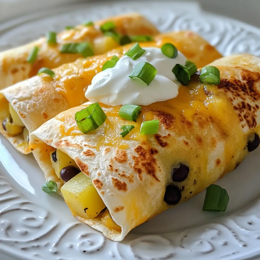 - 4 large flour tortillas - 2 cups potatoes, peeled and diced - 1 cup shredded cheese (cheddar or Mexican blend) - 1 teaspoon garlic powder - 1 teaspoon smoked paprika - ½ teaspoon cumin - Salt and pepper to taste To make tasty Cheesy Potato Burritos, you need a few key ingredients. The flour tortillas are essential for wrapping up the filling. Use potatoes for a soft and creamy base. Choose your favorite cheese like cheddar or a Mexican blend for that gooey goodness. Spice it up with garlic powder, smoked paprika, and cumin. Don’t forget salt and pepper to enhance all the flavors. - 1 cup cooked black beans, rinsed and drained - ½ cup sour cream - ¼ cup green onions, sliced - Salsa (for serving) You can add some black beans for extra protein and flavor. Sour cream brings a creamy touch that pairs well with the burrito. Top it with green onions for a fresh crunch. Serve with salsa on the side for a zesty kick. - Alternatives for cheese: Use dairy-free cheese for a vegan option. - Gluten-free tortilla options: Try corn tortillas or gluten-free wraps. - Vegetarian vs. vegan variations: Skip the cheese and sour cream for a vegan dish. If you need to swap ingredients, there are great options. For cheese, look for dairy-free alternatives if you want a vegan meal. If you need a gluten-free option, corn tortillas work well. For a vegetarian dish, just leave out the cheese and sour cream, and you still get a great burrito. {{ingredient_image_1}} - Boiling potatoes: Start by peeling and dicing 2 cups of potatoes. Place them in a large pot of salted water. Boil until fork-tender, about 10-12 minutes. Drain the potatoes and set them aside. - Seasoning the potatoes: In a large skillet, heat 2 tablespoons of olive oil over medium heat. Add the drained potatoes. Sprinkle in 1 teaspoon of garlic powder, 1 teaspoon of smoked paprika, and ½ teaspoon of cumin. Add salt and pepper to taste. Cook for 5 minutes, stirring gently. This step adds great flavor to the potatoes. - Combining ingredients in a skillet: Next, add 1 cup of rinsed black beans to the skillet. Mix everything well and stir for another 2-3 minutes until heated through. - Melting cheese into the mixture: Remove the skillet from heat. Fold in 1 cup of shredded cheese, either cheddar or a Mexican blend. The heat from the mixture will melt the cheese perfectly. - Laying out tortillas: Take 4 large flour tortillas and lay them flat on a clean surface. - Adding filling and folding techniques: Spoon a generous amount of the cheesy potato and bean mixture into the center of each tortilla. Add a dollop of sour cream and sprinkle some sliced green onions on top. Fold in the sides of the tortilla and roll it up tightly to enclose the filling. Repeat this with the remaining tortillas. - Pan-frying for crispiness: For a crispy finish, heat a non-stick skillet over medium heat. Place the burritos seam side down. Cook for 2-3 minutes on each side until they are golden and crispy. - Oven baking alternative: If you prefer, you can bake them in the oven. Preheat your oven to 400°F (200°C). Place the burritos on a baking sheet and bake for about 15 minutes until golden. To make delicious burritos, ensure even cooking. Start by boiling the potatoes until they are fork-tender. This takes about 10 to 12 minutes. After boiling, drain them well. Heat olive oil in a skillet and add the potatoes. Stir gently to get a nice crisp on the potatoes. This helps them stay firm in the burrito. Adding spices can really boost the flavor. I use garlic powder, smoked paprika, and cumin in my mix. These spices give a warm and smoky taste. You can also add hot sauce for a kick. For cheese melting, I fold in the shredded cheese after removing the skillet from heat. The heat from the potatoes melts the cheese perfectly. This keeps the cheese gooey and tasty. You can make the filling ahead of time. Just store it in the fridge for up to three days. This makes it easy to assemble burritos later. If you want to freeze burritos, wrap each one in foil or plastic wrap. They last well in the freezer for about three months. When you're ready to eat, just reheat them in an oven or microwave. This keeps them tasty and warm! Pro Tips Perfect Potato Texture: Ensure your potatoes are fork-tender but not mushy for the best texture in your burritos. Cheese Melting Point: Add the cheese off the heat to prevent it from becoming rubbery; the residual heat will melt it perfectly. Tortilla Wrapping Technique: To prevent tearing, warm the tortillas briefly in a dry skillet before filling them. Flavor Boost: Experiment with different spices or herbs like cilantro or chili powder to customize the flavor of your filling. {{image_2}} You can easily make this dish vegetarian or vegan. To replace cheese, try using vegan cheese. It melts well and adds a nice flavor. For sour cream, use a dairy-free version made from cashews or coconut. You can also add more vegetables to the filling. Bell peppers, corn, or spinach work great. These veggies add color, crunch, and nutrients. If you want to add protein, chicken or beef can make the burrito heartier. Cook and shred the meat before mixing it with the potato filling. For a plant-based option, add lentils or tofu. Cooked lentils blend well with potatoes. Tofu can be crumbled and seasoned to match the flavors of the dish. For those who love a kick, try spicy options. You can add diced jalapeños or a splash of hot sauce. This will give your burrito a nice heat. Southwest seasonings can also change the flavor. Use spices like chili powder or taco seasoning for a bold taste. These variations help you enjoy this dish in different ways. To store leftovers, let the burritos cool. Place them in a sealed container. You can keep them in the fridge. The recommended shelf life is about 3 to 4 days. For freezing, wrap each burrito tightly in foil or plastic wrap. This keeps them fresh. You can store them in a freezer-safe bag. They last for about 2 to 3 months. To reheat frozen burritos, remove the wrap. Heat them in the oven at 350°F for about 20-25 minutes. You can also microwave them for 2-3 minutes. These burritos pair well with side dishes like rice or a fresh salad. For dipping sauces, salsa is a perfect choice. You can also try guacamole or sour cream. Enjoy your meal with these tasty additions! To keep your burritos from getting soggy, make sure to cool the filling before wrapping. Use a dry tortilla to hold the moisture better. You can also lightly toast the tortilla in a pan before adding the filling. This adds a crunchy layer and helps seal the edges. Yes, you can make Cheesy Potato Burritos in advance. Prepare the filling, let it cool, and store it in the fridge. You can fill and wrap the burritos right before you eat. This makes it easy to enjoy a quick meal later. Absolutely! Cheesy Potato Burritos are great for meal prepping. You can prepare the filling and freeze it. Wrap the burritos individually in foil or plastic wrap. They will stay fresh for a few weeks in the freezer. The best way to reheat burritos is to use an oven. Preheat it to 350°F (175°C). Wrap the burrito in foil and heat for 15-20 minutes. This keeps the tortilla soft and the filling warm. You can also use a microwave if you’re in a hurry. Yes, you can add other ingredients to the filling. Feel free to mix in vegetables like bell peppers or corn. You can also add proteins like chicken or beef. Just make sure to adjust the seasonings to match the new flavors. Cheesy Potato Burritos are fun and easy to make. We covered essential and optional ingredients, plus neat tricks to make them shine. You can personalize your burritos with various flavors and proteins to suit your taste. Remember, meal prep makes cooking easier later. Store extras in the fridge or freezer. With all these tips, your burritos will be a hit. Now it’s time to roll up your sleeves and enjoy making your tasty creations!