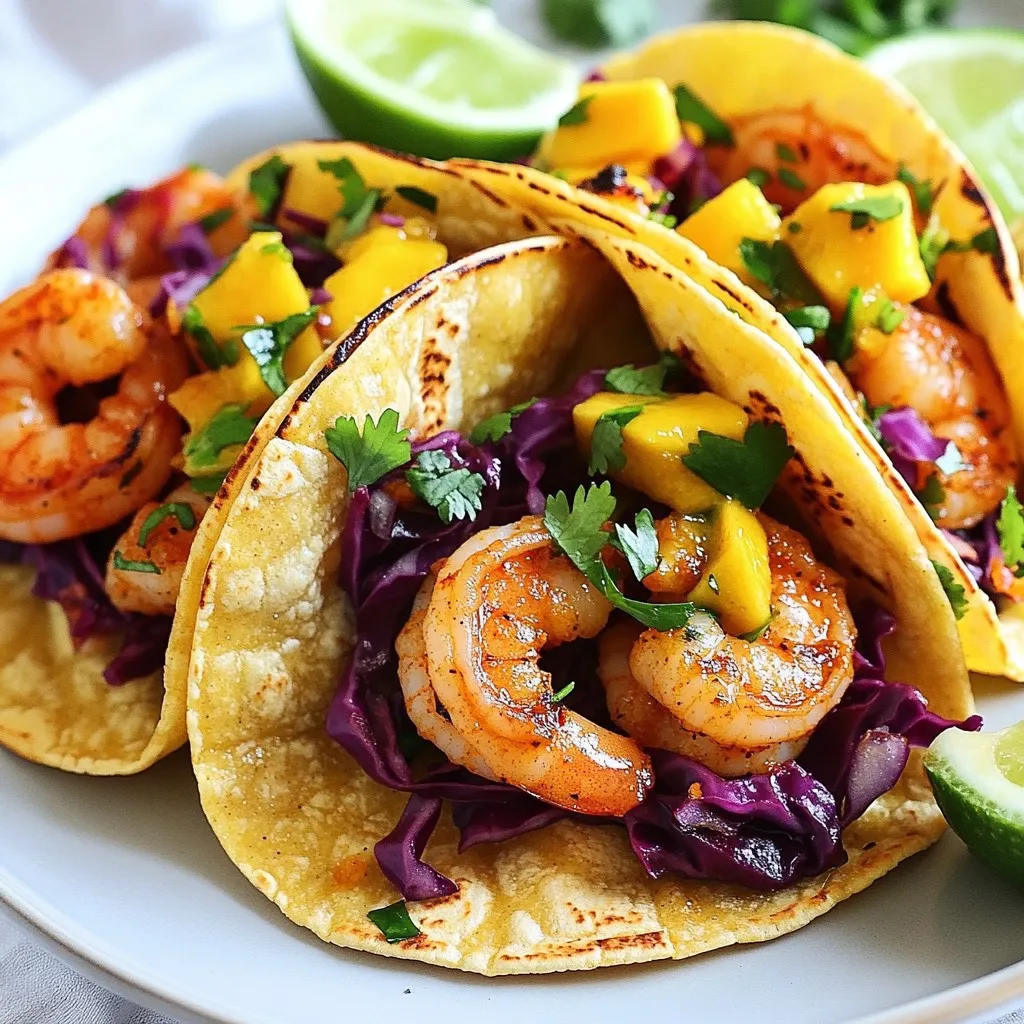 For the shrimp, gather these simple ingredients: - 1 lb shrimp, peeled and deveined - 2 tablespoons olive oil - 1 teaspoon smoked paprika - 1 teaspoon garlic powder - 1 teaspoon cumin - Salt and pepper to taste Mix the shrimp with olive oil and seasonings in a bowl. The smoked paprika adds a nice flavor. Garlic powder gives a lovely aroma. Cumin adds warmth. Salt and pepper balance everything out. Toss well until every shrimp is coated. Now, let’s look at the tortillas and toppings. You need: - 8 small corn tortillas - 1 cup red cabbage, thinly sliced - 1 avocado, sliced - ½ cup mango salsa (store-bought or homemade) - Fresh cilantro for garnish - Lime wedges for serving Corn tortillas are soft and perfect for tacos. You will warm them slightly to get them pliable. Red cabbage adds crunch and color. Avocado gives a creamy texture. Mango salsa brings sweetness. Fresh cilantro adds a burst of flavor. Lime wedges help brighten the dish. These tacos are best served right away. Place the cooked shrimp in warm tortillas. Top with cabbage, avocado, and mango salsa. Don’t forget the cilantro! Serve with lime wedges on the side. Squeeze lime over the tacos for extra zing. Enjoy your quick and tasty meal! {{ingredient_image_1}} Start with one pound of shrimp. Make sure they are peeled and deveined. In a mixing bowl, add two tablespoons of olive oil. Next, sprinkle in one teaspoon of smoked paprika, one teaspoon of garlic powder, and one teaspoon of cumin. Add salt and pepper to taste. Toss the shrimp until they are fully coated in the spice mix. This step is key to making the shrimp flavorful. Heat a skillet over medium-high heat. Once hot, add the seasoned shrimp to the pan. Cook them for about two to three minutes on each side. The shrimp should turn pink and opaque when done. Remove the shrimp from the heat and set them aside. This quick cooking ensures they stay tender and juicy. Now, it’s time to warm the tortillas. Use the same skillet and heat the corn tortillas for about 30 seconds on each side. This makes them soft and easy to fold. To assemble the tacos, place a few pieces of cooked shrimp in the center of each tortilla. Top with sliced red cabbage, avocado, and a generous spoonful of mango salsa. Finish with fresh cilantro on top. Serve with lime wedges on the side for extra zing. Enjoy your easy shrimp tacos! To cook shrimp just right, look for a pink color. Cook them for 2-3 minutes on each side. Do not overcook, or they will turn rubbery. Fresh shrimp are best, but frozen shrimp work too. Just thaw them first. Rinse and pat them dry for even cooking. Marinating shrimp adds great flavor. Use olive oil, smoked paprika, garlic powder, and cumin. Mix these with salt and pepper. Let the shrimp soak in the marinade for 15 minutes. This makes a big difference in taste. You can also try lime juice or hot sauce for a kick. To heat tortillas, use a dry skillet over medium heat. Warm each side for 30 seconds. This makes them soft and easy to fold. You can also wrap them in a damp cloth and microwave for 20 seconds. Both methods work well for softening the tortillas. Pro Tips Fresh Shrimp is Best: Always opt for fresh shrimp if available, as they offer superior flavor and texture compared to frozen options. Customize Your Spice Level: Feel free to adjust the amount of smoked paprika and cumin according to your taste preference for a milder or spicier taco. Warm Tortillas for Better Taste: Warming the tortillas enhances their flavor and makes them more pliable, preventing them from cracking when filled. Garnish Generously: Adding extra cilantro and lime juice not only brightens the dish but also enhances the overall flavor profile of the tacos. {{image_2}} You can switch shrimp with other proteins. Chicken is a great choice. Use bite-sized pieces. Cook it the same way as shrimp. Fish like tilapia or cod also works well. Just season it like the shrimp. For a spicy kick, try adding some chili powder. Mix up the flavors in your tacos! Instead of smoked paprika, use chili powder for heat. Add lime juice for a zesty twist. You can also try a sweet and tangy option with pineapple salsa. For an Asian flair, use soy sauce and sesame oil. Each twist brings a new taste. You can make these tacos vegetarian too! Replace shrimp with black beans or chickpeas. Season them like the shrimp for extra flavor. You can also add roasted veggies like zucchini or bell peppers. They give a nice crunch and taste. Top with the same fresh toppings for a yummy meal. After you enjoy your shrimp tacos, you may have some left. Store them in an airtight container. Keep the shrimp and toppings separate from the tortillas. This helps keep everything fresh. You can store them in the fridge for up to two days. If you want to save your shrimp tacos for later, freezing is a great option. Wrap the cooked shrimp tightly in plastic wrap. Then, place them in a freezer bag. You can freeze the shrimp for up to three months. Just remember to freeze the tortillas and toppings separately too. When you are ready to eat your frozen shrimp tacos, first thaw the shrimp. You can do this in the fridge overnight. To reheat, place the shrimp in a skillet over medium heat. Cook for about 3-4 minutes until warmed through. Warm the tortillas in the pan for about 30 seconds on each side. This will make them soft and tasty again. Assemble your tacos with fresh toppings and enjoy! Yes, you can use frozen shrimp. Just make sure to thaw them first. Place the shrimp in cold water for about 10-15 minutes. Once thawed, peel and devein if needed. Pat them dry before seasoning. This helps the shrimp cook evenly. If you don’t have corn tortillas, you can use flour tortillas. They are soft and easy to work with. You can also try lettuce wraps for a low-carb option. Just pick large, sturdy leaves. These work well for holding the shrimp and toppings. Making mango salsa is simple and fun. Start with one ripe mango, peeled and diced. Then add: - 1 small red onion, finely chopped - 1 jalapeño, seeded and minced - Juice of one lime - A handful of cilantro, chopped - Salt to taste Mix all the ingredients in a bowl. Let it sit for a few minutes to blend the flavors. This salsa adds a sweet and fresh touch to your shrimp tacos. To sum up, we explored how to make tasty shrimp tacos. We covered ingredients like shrimp and tasty toppings. The step-by-step guide helped you prepare, cook, and assemble. I shared tips for cooking shrimp just right and heating tortillas. We also looked at fun variations and smart storage ideas. Remember, shrimp tacos are easy to customize and enjoy. Try different proteins or flavors to keep things fresh. With practice, your tacos will be a hit every time!