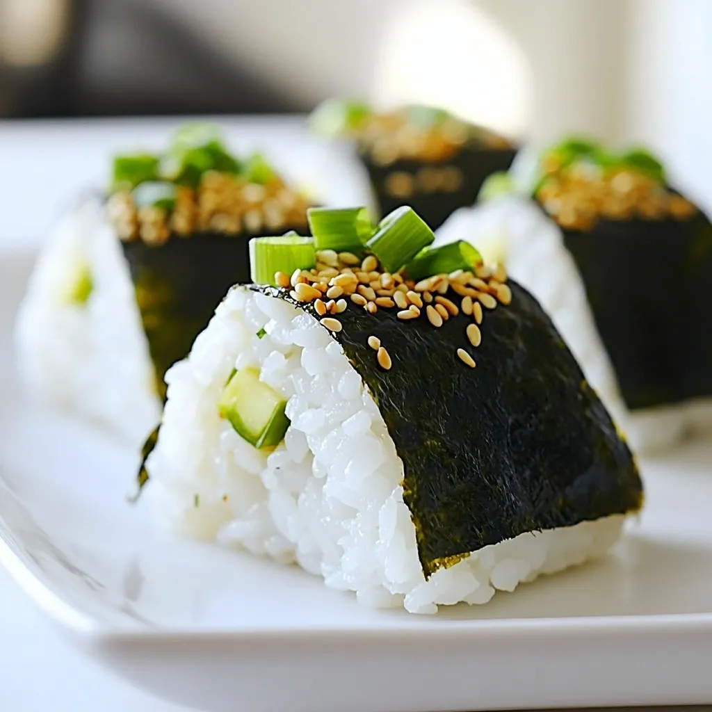 - 2 cups sushi rice - 2 ½ cups water - 1 teaspoon salt - 1 tablespoon rice vinegar - 1 tablespoon sugar - 1 chicken breast, cooked and shredded - 2 tablespoons soy sauce - 1 teaspoon sesame oil - 1 green onion, finely chopped - 1 sheet nori (seaweed), cut into strips - Optional: sesame seeds for garnish Sushi rice is sticky and perfect for shaping. It holds the onigiri together. Water cooks the rice to the right texture. Salt adds flavor to the rice. Rice vinegar gives the rice a slight tang. Sugar balances the vinegar's taste. Cooked chicken is the filling. It brings protein and heartiness. Soy sauce gives the chicken a savory boost. Sesame oil adds richness and a nutty taste. Green onion provides a fresh crunch. Nori is the seaweed that wraps the onigiri. It adds flavor and makes it easy to hold. Sesame seeds are optional but add a nice crunch. Choose sushi rice that is short-grain for the best texture. Look for rice that is clean and shiny. Use fresh chicken breast for the best taste. If possible, buy organic or free-range chicken. Check soy sauce for quality; go for low-sodium if you prefer. Fresh green onions should be bright and firm. Pick nori that is dark and crisp for the best flavor. When selecting sesame seeds, choose light-colored ones for a fresher taste. {{ingredient_image_1}} Start by rinsing the sushi rice under cold water. Rinsing removes excess starch. This step ensures fluffy rice. Keep rinsing until the water runs clear. In a rice cooker or pot, add the rinsed rice and water. Add salt for flavor. Cook according to the rice cooker instructions. If using a pot, bring it to a boil. Cover, reduce heat, and simmer for about 18 minutes. The water should be absorbed when done. Mix rice vinegar and sugar in a small bowl. Stir until the sugar dissolves. Once the rice is cooked, transfer it to a large bowl. Gently fold in the vinegar mixture using a wooden paddle or spatula. Let it cool slightly. In a bowl, combine shredded chicken, soy sauce, sesame oil, and chopped green onion. Mix well until the chicken is coated in sauce. This adds a savory flavor to your filling. Wet your hands slightly to prevent sticking. Take about 1/3 cup of rice and flatten it in your palm. Place a spoonful of the chicken mixture in the center. Carefully fold the rice around the filling. Shape it into a triangle or oval. Repeat until all rice and filling are used. Cut a strip of nori and wrap it around the base of each onigiri. Wrapping adds flavor and makes it easier to hold. If you like, sprinkle sesame seeds on top for extra crunch. To shape onigiri, start with wet hands. This keeps the rice from sticking. Take about 1/3 cup of rice and press it into a disc. Place a spoonful of chicken in the center. Fold the rice around the filling. You can form a triangle or oval shape. Press gently but firmly. This makes sure your onigiri holds together. To keep rice from sticking, rinse it first. Wash sushi rice under cold water until clear. This removes extra starch. When forming the onigiri, wet your hands. This simple trick helps the rice slide easily. If you find the rice is still sticky, add a little more water to your hands. Serve your chicken onigiri with soy sauce for dipping. You can add pickled vegetables on the side. They give a nice crunch and flavor. For a fun twist, try serving with a salad. A simple cucumber salad pairs well. You can even serve your onigiri for lunch with fruit. They make a great snack or picnic food too! Pro Tips Rinse the Rice: Always rinse sushi rice thoroughly to remove excess starch, which helps achieve the perfect sticky texture for onigiri. Cool the Rice: Let the seasoned rice cool slightly before shaping to prevent burns and ensure it holds together better when forming onigiri. Moisten Your Hands: Lightly wet your hands while shaping the onigiri to prevent the rice from sticking, making it easier to form perfect shapes. Customize the Filling: Feel free to experiment with different fillings such as tuna, pickled vegetables, or tofu to create unique flavor combinations. {{image_2}} You can change the filling in your chicken onigiri to keep things fun. Try using cooked shrimp, tuna, or even teriyaki beef. Each option adds a new flavor. Mix and match your favorites. You can also use leftovers, like roast chicken or grilled veggies. If you want a meat-free meal, there are great fillings for vegetarians and vegans. Use cooked mushrooms, avocado, or tofu. You can also add pickled vegetables for a tangy kick. These options are tasty and full of nutrients. Just make sure to use vegan-friendly sauces. Adding extra flavors can make your onigiri even better. Use a dash of chili oil for heat. You can also mix in herbs like cilantro or mint for freshness. Try sprinkling furikake on top for a savory twist. It adds color and crunch. These small changes can make a big difference in taste. You can store leftover onigiri in an airtight container. Keep them in the fridge for up to two days. If you want to enjoy them later, wrap each onigiri in plastic wrap. This helps keep them fresh and prevents them from drying out. To freeze onigiri, first, let them cool completely. Then, wrap each one tightly in plastic wrap. Place the wrapped onigiri in a freezer bag. You can freeze them for up to one month. Make sure to label the bag with the date to track freshness. To reheat frozen onigiri, take them out of the freezer. Let them thaw in the fridge overnight. You can also reheat them in the microwave. Place onigiri on a microwave-safe plate. Cover with a damp paper towel to keep them moist. Heat for about 30 seconds, checking for warmth. If needed, add more time in short bursts. Enjoy the flavors as if they were fresh! The best rice for onigiri is sushi rice. This rice is sticky and holds shape well. It has a short grain that keeps the onigiri together. Look for good quality sushi rice at your local store. Yes, you can make onigiri without nori. If you don’t like nori, skip it. The onigiri will still taste great. You can serve it plain or add sesame seeds for crunch. Onigiri last about 1 to 2 days in the fridge. Store them in an airtight container. To keep them fresh, wrap them in plastic wrap. They taste best when eaten fresh. Yes, you can use different proteins for the filling. Try tuna, salmon, or tofu. Each protein adds a unique flavor. Be creative and mix flavors that you enjoy. Serve onigiri as a snack or lunch. They are great for picnics or bento boxes. You can add pickled vegetables or a side salad for a complete meal. Enjoy your tasty onigiri with friends or family! Making onigiri is fun and satisfying. We covered the key ingredients, preparation steps, and tips for success. I shared ways to create perfect shapes and enhance flavors with various fillings. Don't forget the storage tips to save leftovers for later. Onigiri is a tasty dish you can customize. With practice, you'll impress everyone with your skills. Enjoy making and sharing this delicious Japanese snack!