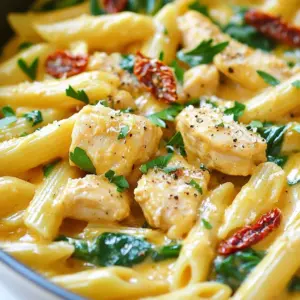 - 2 tablespoons olive oil - 1 pound boneless, skinless chicken breasts, cut into bite-sized pieces - 4 cloves garlic, minced - 1 teaspoon Italian seasoning - Salt and pepper to taste - 8 ounces uncooked penne pasta - 3 cups chicken broth - 1 cup heavy cream - 1 cup grated Parmesan cheese - 1 cup fresh spinach, roughly chopped - 1/2 cup sun-dried tomatoes, chopped (optional) - Fresh parsley for garnish I love using fresh ingredients for this dish. The olive oil gives a great base. Chicken breasts add protein and flavor. Minced garlic brings a strong, lovely aroma. Italian seasoning makes this dish sing. Penne pasta cooks well and absorbs all the tasty broth. Chicken broth is key for flavor. Heavy cream creates a rich sauce. Grated Parmesan cheese adds depth. Spinach adds color and nutrients. If you like, add sun-dried tomatoes for a sweet touch. Fresh parsley gives a nice finish. Gather these ingredients, and you are ready to cook a delicious meal! {{ingredient_image_1}} First, heat 2 tablespoons of olive oil in a large pot over medium heat. Add 1 pound of boneless, skinless chicken breasts, cut into bite-sized pieces. Season the chicken with 1 teaspoon of Italian seasoning, salt, and pepper to taste. Cook for about 5 to 7 minutes. The chicken should turn golden brown. Make sure to stir it often for even cooking. Next, add 4 cloves of minced garlic to the pot. Saut&eacute; the garlic for about one minute until it smells amazing. This step adds depth to your dish and makes it extra tasty. Now, pour in 3 cups of chicken broth and bring it to a simmer. Add 8 ounces of uncooked penne pasta to the pot. Stir well to ensure the pasta is fully submerged in the broth. Cover the pot and cook for about 10 to 12 minutes. The pasta should be tender and absorb most of the broth. Stir occasionally to keep it from sticking. Once the pasta is cooked, lower the heat. Mix in 1 cup of heavy cream and 1 cup of grated Parmesan cheese. Stir until the cheese melts and the sauce becomes creamy. This step is key for that rich and comforting flavor. Gently fold in 1 cup of roughly chopped fresh spinach. If you like, you can also add 1/2 cup of chopped sun-dried tomatoes. Cook for another 2 to 3 minutes until the spinach wilts. Taste your dish and adjust the seasoning if needed. Add more salt or pepper to your liking. To prevent sticking, stir the pasta often as it cooks. This keeps it loose and helps it absorb the flavors. Timing is key for perfect pasta texture. Cook it until it's al dente, meaning it should still have a slight bite. This usually takes about 10-12 minutes. If you want a lighter dish, use half-and-half instead of heavy cream. You can also try plain yogurt for a tangy twist. For pasta shapes, penne works great, but you can use rotini or farfalle too. Each shape holds the sauce well and adds variety. To complement this meal, serve a simple salad or garlic bread. A fresh green salad adds crunch. For garnishing, sprinkle fresh parsley on top. You can also add extra grated Parmesan for a richer taste. This makes the dish look great too! Pro Tips Cook Chicken to Perfection: Ensure your chicken pieces are cut uniformly for even cooking. This helps them brown nicely and cook through at the same time. Don't Skip the Garlic: Saut&eacute; the garlic until it's just fragrant to avoid bitterness. Adding it too early can lead to burnt flavors. Stir Occasionally: Stir the pasta occasionally while cooking to prevent it from sticking together and ensure it absorbs all the flavors from the broth. Use Fresh Ingredients: Fresh spinach and high-quality Parmesan cheese can elevate the dish significantly, providing better flavor and texture. {{image_2}} You can switch up the protein in this dish easily. Shrimp adds a nice twist. Just saut&eacute; it until pink and then follow the same steps. Sausage is another great choice. Slice it up and brown it before adding garlic. If you want a vegetarian option, use firm tofu. Cut the tofu into cubes and pan-fry until golden. This will give you a tasty and hearty meal. To boost flavor, add herbs like thyme or basil. You can also use spices like red pepper flakes for heat. Try mixing in different cheeses. A creamy goat cheese or tangy feta can change the whole dish. Experimenting with flavors keeps the meal exciting. Fresh veggies are a great way to make this dish seasonal. In spring, add asparagus or peas. In summer, try zucchini or bell peppers. For fall, roasted butternut squash works well. During the holidays, consider adding cranberries or nuts for a festive touch. These fresh ingredients can brighten up your pasta and make it special for any occasion. To keep your One-Pot Garlic Parmesan Chicken Pasta fresh, store it in an airtight container. Before sealing, let the pasta cool to room temperature. This helps avoid moisture build-up. The pasta lasts about 3-5 days in the fridge. Always check for any off smells before eating. You can freeze this dish for later use. First, let it cool completely. Then, scoop out servings into freezer-safe containers. Leave some space at the top for expansion. This pasta can last about 2-3 months in the freezer. I recommend using glass containers or heavy-duty freezer bags to prevent freezer burn. When you&rsquo;re ready to enjoy your frozen pasta, the best way to reheat it is on the stove. Add a little water or broth to the pot. Heat it gently over medium heat. Stir often to keep it moist. If you microwave, use a microwave-safe dish and cover it to trap steam. This prevents your dish from drying out. Enjoy your creamy pasta just as good as the first time! Yes, you can prep some parts ahead. Cook the chicken and store it in the fridge. You can also chop the garlic and spinach in advance. Just keep the pasta and sauce separate until you&rsquo;re ready to eat. This way, the pasta stays fresh and does not get mushy. This recipe is not gluten-free as it uses penne pasta. However, you can use gluten-free pasta instead. Many brands offer tasty gluten-free options. Just cook it as directed on the package. Adjust the cooking time to ensure it stays firm and not mushy. Absolutely! You can add a variety of veggies. Consider bell peppers, broccoli, or zucchini. Just chop them small and toss them in with the chicken. This adds color and nutrients. You can even use frozen veggies for convenience. This blog post covers a delicious pasta dish perfect for any meal. We discussed key ingredients like chicken, garlic, and spinach. I shared step-by-step cooking instructions to guide you through each phase easily. You learned tips on cooking, ingredient swaps, and serving suggestions to enhance your meal. Plus, I offered creative variations and storage advice. Remember, cooking should be fun! Experiment and make this dish your own. Enjoy making it again and again!