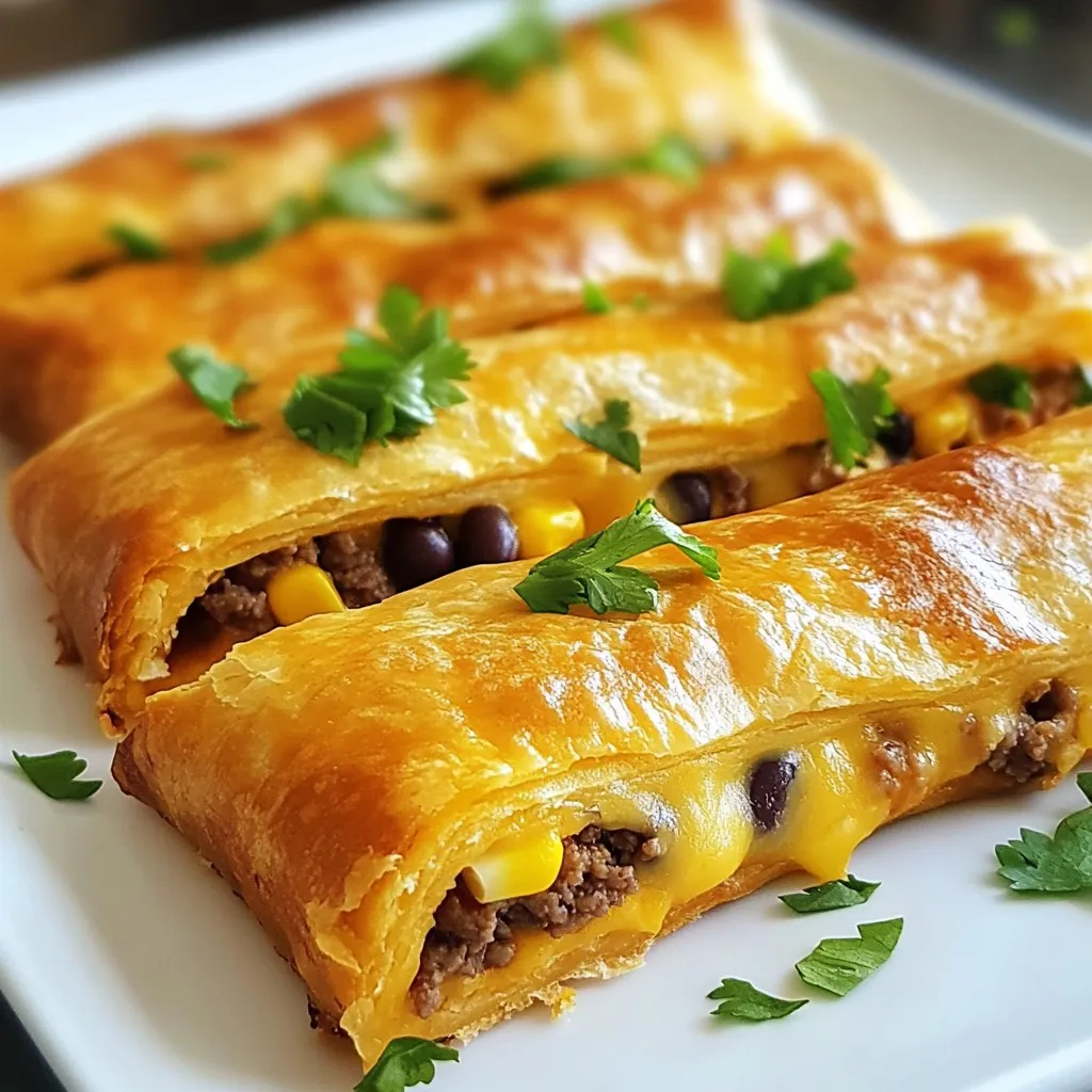 - 1 package of refrigerated pizza dough - 1 cup shredded cheddar cheese - 1 cup cooked ground beef, seasoned with taco seasoning - 1/2 cup black beans, rinsed and drained - 1/2 cup corn kernels - 1 jalapeño, diced (optional) - 1/4 cup salsa - 1 egg, beaten (for egg wash) - 1 teaspoon cumin - 1 teaspoon garlic powder - Salt and pepper to taste - Fresh cilantro, chopped (for garnish) To make these Cheesy Taco Sticks, gather all the ingredients first. This helps you stay organized. Use refrigerated pizza dough for a quick and easy base. The pizza dough gives a nice, soft crust. Shredded cheddar cheese adds a rich, creamy flavor. Choose a good quality cheese for the best taste. For protein, cooked ground beef seasoned with taco seasoning is a must. It brings that classic taco taste. Black beans and corn kernels add texture and flavor. Rinse the beans well to keep them fresh. If you like some heat, add diced jalapeño. It gives an extra kick. Salsa adds moisture and flavor to the filling. The egg wash helps the taco sticks turn golden brown. Use cumin and garlic powder to enhance the taste. Adjust salt and pepper to your liking. Lastly, fresh cilantro gives a burst of flavor when you garnish the sticks. Make sure to have everything ready before you start cooking. This way, you can enjoy the process and the tasty result! {{ingredient_image_1}} - First, preheat your oven to 375°F (190°C). Line a baking sheet with parchment paper. - Next, roll out the pizza dough on a lightly floured surface. Make it a rectangle, about 1/4 inch thick. - In a mixing bowl, combine the cooked ground beef with black beans, corn, and diced jalapeño. - Add in salsa, cumin, and garlic powder. Season with salt and pepper. Mix until well combined. - Spread the beef mixture evenly over one half of the rolled-out dough. Leave a small border at the edge. - Sprinkle the shredded cheddar cheese over the meat mixture. - Fold the other half of the dough over the filling. Pinch the edges to seal well. Use a fork to crimp the edges. - Cut the stuffed dough into strips, each about 1 inch wide. - Place the strips on the prepared baking sheet, leaving space between them. - Brush the tops with beaten egg to give a golden color while baking. - Bake in the preheated oven for 15-20 minutes, until they are golden brown and crispy. - Allow the taco sticks to cool slightly before serving. Garnish with chopped fresh cilantro for added flavor. To get that perfect golden color, use an egg wash. An egg wash is simply a beaten egg brushed on the surface. This step gives your taco sticks a nice shine and a crispy finish. Make sure to cover the tops well with the egg wash. Baking time can vary. Keep an eye on your taco sticks. If they look brown after 15 minutes, check them. You want them crispy but not burnt. If they need more time, bake them for a few more minutes. To boost flavor, add spices like cumin and garlic powder. These spices make each bite pop. You can also try other spices like paprika or chili powder for extra heat. For cheese, cheddar is great, but feel free to mix it up. You can use mozzarella for a milder taste or pepper jack for a spicy kick. Experiment with what you like best! Serve your taco sticks with tasty dips. Salsa, guacamole, or sour cream make great choices. They add creaminess and flavor that pairs well with the taco sticks. For side dishes, consider fresh veggies or a simple salad. These sides balance the rich flavors of the taco sticks. Plus, they add color to your plate! Pro Tips Use Fresh Ingredients: Opt for fresh vegetables and quality spices to enhance the flavor of your taco sticks. Customize Your Fillings: Feel free to mix in other ingredients like bell peppers or olives to suit your tastes. Watch Your Baking Time: Keep an eye on the taco sticks while they bake to ensure they don't over-brown. Serve with Dipping Sauces: Pair your cheesy taco sticks with guacamole, sour cream, or extra salsa for added flavor. {{image_2}} You can easily make Cheesy Taco Sticks vegetarian. Instead of ground beef, use meat alternatives like lentils or crumbled tofu. Both options soak up flavors well. You can season them just like beef. Add taco seasoning for a delicious twist. This option keeps the dish hearty and nutritious. Want some heat? Add spices or more jalapeños. You can use cayenne pepper or chili powder for more flavor. If you like it really spicy, add diced jalapeños to the filling. Adjust the amount to fit your heat level. This will make your taco sticks exciting and full of life. Cheese is key to flavor. You can swap cheddar for mozzarella or pepper jack. Each cheese brings a different taste. Mozzarella gives a mild stretch, while pepper jack adds spice. Mixing different cheeses can create a unique flavor. Experiment to find your favorite combination. To keep your cheesy taco sticks fresh, store them in the fridge. Place them in an airtight container. This will help them stay soft and tasty. They can last about 3-4 days in the refrigerator. If you want to keep them longer, consider freezing them. Freezing is a great way to save taco sticks for later. First, let them cool completely. Then, wrap each stick in plastic wrap. This helps prevent freezer burn. For extra protection, place them in a freezer bag. You can freeze them for up to 2 months. When you are ready to eat, just reheat in the oven. Bake at 375°F (190°C) for about 10-15 minutes until hot. Choosing the right container is key for freshness. Airtight containers work best. They keep air out and moisture in. Glass containers or high-quality plastic ones are great choices. For added convenience, use resealable bags for freezing. Yes, you can use homemade pizza dough. Just make sure it is rolled out thin. Store-bought dough is fine too. It saves time and is easy to use. You want a dough that can hold the filling well. If you make dough at home, let it rise properly for great texture. Cheesy Taco Sticks can last in the fridge for about three days. Store them in an airtight container. This keeps them fresh and tasty. Reheat them in the oven for the best results. You can also use the microwave, but they may lose some crispiness. You can substitute ground beef with several options. Try ground turkey or chicken for a leaner choice. For a vegetarian option, use black beans or lentils. Tofu crumbles also work great for a meatless meal. Choose a protein that fits your taste and diet. You now have all you need to make delicious cheesy taco sticks. We covered the ingredients, preparation steps, baking tips, and variations. You can find great ways to store leftovers, too. Don’t limit yourself; try different flavors and fillings to suit your taste. This dish is fun to make and easy to enjoy with friends or family. Get creative, and let your taco sticks stand out on any table!
