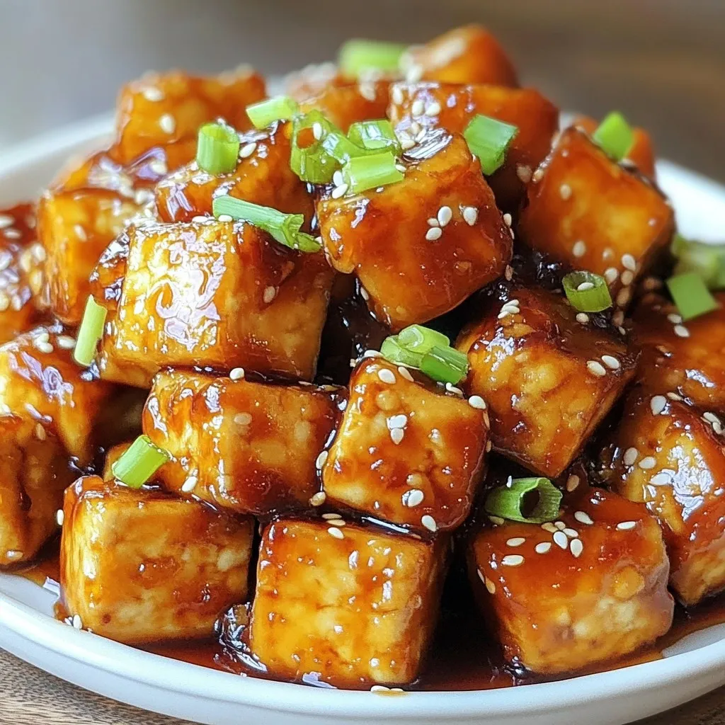 - Firm tofu and its preparation: I love using firm tofu for this dish. It holds its shape well and gets crispy when cooked. To start, press the tofu to remove extra moisture. This step is key for getting that perfect crunch. After pressing, cut the tofu into 1-inch cubes. - Sweeteners: honey vs. maple syrup: For the sweet taste, you can use honey or maple syrup. Honey gives a rich flavor, while maple syrup is a great vegan choice. Both options add a touch of sweetness that balances the savory flavors. - Other essential ingredients: You will also need soy sauce, minced garlic, and rice vinegar. Soy sauce adds saltiness, while garlic gives a nice aroma. Rice vinegar brings a bit of tanginess to the sauce. Don’t forget sesame oil; it adds a nutty taste that enhances the dish. - Chopped green onions: After cooking, I like to sprinkle chopped green onions on top. They add a fresh crunch and a pop of color. - Sesame seeds: A sprinkle of sesame seeds gives a nice finish. They add a bit of texture and make the dish look fancy. {{ingredient_image_1}} Start by pressing the tofu to remove excess moisture. This step is key to getting crispy tofu. Wrap the tofu in a clean kitchen towel. Place a heavy object on top for about 15 minutes. Once pressed, cut the tofu into 1-inch cubes. Next, coat the tofu with cornstarch. Place the cubed tofu in a bowl. Sprinkle the cornstarch over the tofu. Toss gently to coat all sides well. This coating helps create a crispy texture when frying. Heat vegetable oil in a large non-stick skillet over medium-high heat. The oil should shimmer when hot. Carefully add the coated tofu cubes. Fry them for about 3-4 minutes on each side. Look for a golden brown color to know they are ready. Once crispy, remove the tofu and set it on a paper towel-lined plate. This step helps soak up extra oil. In the same skillet, turn down the heat to medium. Add minced garlic and sauté for about 30 seconds until fragrant. Be careful not to burn it. Next, add honey, soy sauce, rice vinegar, and sesame oil. Stir everything together and let it simmer for 2-3 minutes. This will help thicken the sauce. Now, return the crispy tofu to the skillet. Gently toss the tofu in the honey garlic sauce. Cook for an additional minute to ensure every piece is well-coated. This makes the tofu rich and flavorful. To get the best crispy texture, start with firm tofu. Press it well to remove extra water. This step is key. - Heat your oil in a non-stick skillet on medium-high heat. - Carefully add the coated tofu cubes. Fry them for 3-4 minutes on each side. - Look for a golden brown color. This means they are crispy and ready. If you want to try other cooking methods, consider air frying or baking. - For air frying, coat the tofu with cornstarch and spray it lightly with oil. Cook at 400°F for about 15-20 minutes. - For baking, preheat to 400°F. Place the tofu on a lined baking tray. Bake for 25-30 minutes, flipping halfway. If you want a vegan option, you can swap honey for maple syrup. It gives a similar sweetness. For those needing gluten-free options, use tamari instead of soy sauce. Tamari tastes great and fits well in this recipe. Experiment with these substitutions to make the dish your own! Pro Tips Press Tofu Thoroughly: Make sure to press the tofu for at least 15-30 minutes to remove excess moisture, which helps achieve a crispier texture when frying. Use High Heat: Ensure your oil is hot before adding the tofu. This helps create a nice sear and prevents the tofu from sticking to the pan. Customize the Sauce: Feel free to adjust the sweetness or garlic level in the sauce to suit your taste preferences. Adding a pinch of red pepper flakes can also give it a spicy kick! Garnish for Flavor: Don't skip the garnishes! Chopped green onions and sesame seeds not only enhance the presentation but also add extra flavor and texture to the dish. {{image_2}} You can easily change the flavor of your crispy honey garlic tofu. Here are some fun ideas: - Spicy Options: If you like heat, add some chili flakes or a dash of Sriracha to the sauce. This spice gives the dish a nice kick. You can start with a little and add more to suit your taste. - Adding Vegetables: Throw in some colorful veggies like bell peppers or broccoli when making the sauce. They add great crunch and nutrition. Just chop them up and stir them in before adding the tofu. Now, let's talk about how to serve this dish. - Pairing with Rice, Noodles, or Salad: Serve your crispy honey garlic tofu over fluffy rice or noodles. You can also place it on a bed of mixed greens for a fresh salad. - Creating a Honey Garlic Tofu Bowl: For a fun meal, build a honey garlic tofu bowl. Start with a base of rice or quinoa. Then, add the tofu and your choice of veggies. Drizzle extra honey garlic sauce on top for more flavor. Finish with some green onions and sesame seeds for a beautiful look. To keep your crispy honey garlic tofu fresh, follow these steps: - Let the tofu cool completely before storing. - Place it in an airtight container. - Store it in the fridge for up to 3 days. If you want to enjoy it later, it's best to store the tofu and the sauce separately. This keeps it from getting soggy. To keep your tofu crispy when reheating, try these methods: - Use a skillet over medium heat. This method brings back the crunch. - You can also use an air fryer if you have one. It works great for reheating. Avoid using a microwave, as it makes the tofu soggy. It's best to reheat in small batches to keep the texture nice. Can I freeze crispy honey garlic tofu? Yes, you can freeze crispy honey garlic tofu. First, let it cool completely. Place it in an airtight container or freezer bag. Make sure to remove as much air as possible. It can last up to three months in the freezer. When you're ready to eat, thaw it in the fridge overnight. Reheat it in the oven or skillet for best results. This keeps the tofu crispy. How do I make tofu less watery before cooking? To make tofu less watery, start by pressing it. Wrap the tofu in a clean towel or paper towels. Place a heavy object on top, like a skillet or a can. Let it sit for at least 15-30 minutes. This helps to squeeze out the excess water. After pressing, cut it into cubes and you're ready to cook! Less water means better texture and flavor. What's the best oil for frying tofu? The best oil for frying tofu is vegetable oil. It has a high smoke point, which helps achieve a crispy texture. You can also use canola or peanut oil. Avoid oils with strong flavors, as they can change the taste of your dish. Using the right oil makes a big difference. How do I know when the tofu is cooked properly? You know the tofu is cooked properly when it is golden brown and crispy on all sides. Fry it for about 3-4 minutes on each side. You can use a fork to check if it is firm. If it feels soft or mushy, it needs more time. The right color and texture show it’s ready to enjoy! This blog post covered everything you need to know about making crispy honey garlic tofu. We explored the key ingredients, from firm tofu to tasty sweeteners like honey or maple syrup. You learned step-by-step instructions for preparing and cooking the dish, as well as tips for achieving maximum crispiness. Don't forget about the variations and serving suggestions to make this dish your own. In summary, making this recipe is simple and fun. With a few basic steps, you can enjoy a delicious meal. Happy cooking!