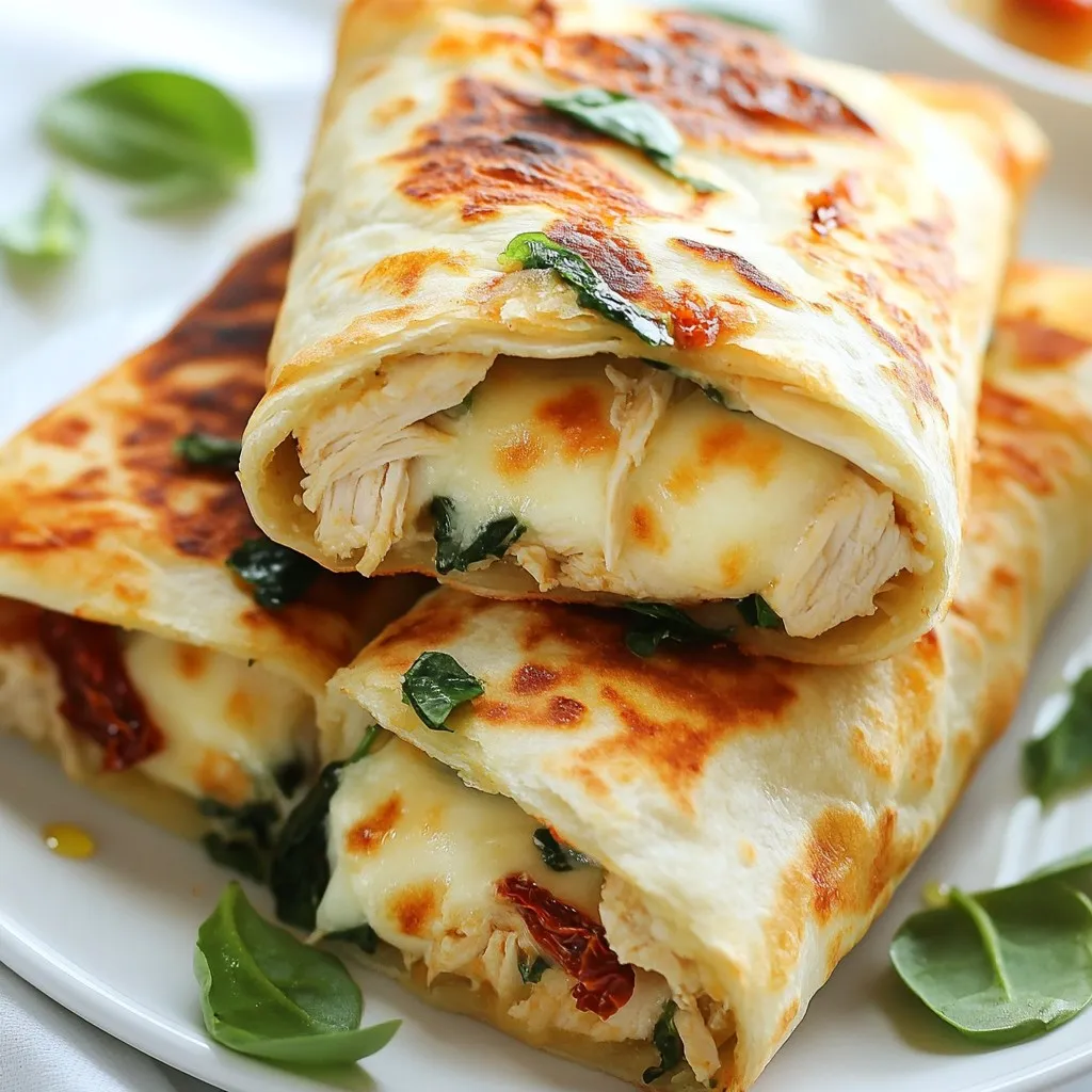 - 2 large flour tortillas - 1 cup cooked chicken, shredded - 1 cup fresh mozzarella cheese, shredded The main ingredients set the stage for this dish. Flour tortillas give a soft and chewy base. Shredded cooked chicken adds protein and heartiness. Fresh mozzarella cheese melts beautifully, creating a delightful texture. - 1 teaspoon garlic powder - 1 teaspoon Italian seasoning - 1/4 cup sun-dried tomatoes, chopped Flavor enhancers are key for taste. Garlic powder brings a savory punch. Italian seasoning adds herbs for warmth. Sun-dried tomatoes introduce a sweet and tangy twist that makes each bite special. - 1/2 cup fresh spinach, chopped - Salt and pepper to taste - Olive oil spray Optional add-ins can boost nutrition and flavor. Fresh spinach gives a nice color and adds vitamins. Salt and pepper balance flavors perfectly. A light spray of olive oil helps the wraps crisp up in the air fryer. {{ingredient_image_1}} - First, preheat the air fryer to 375°F (190°C). This step ensures that the wraps cook evenly. - In a large bowl, combine 1 cup of shredded chicken, 1 cup of fresh mozzarella, 1/2 cup of chopped spinach, and 1/4 cup of sun-dried tomatoes. - Add 1 teaspoon of garlic powder, 1 teaspoon of Italian seasoning, and salt and pepper to taste. - Mix all the ingredients well until fully combined. This mix brings great flavor to your wraps. - Place a large flour tortilla flat on a clean surface. - Spoon half of the chicken mixture onto one half of the tortilla. Make sure to leave some space at the edges. - Fold the tortilla over the filling to form a half-moon shape. - Press down gently to seal the edges. Repeat this process for the second tortilla with the remaining filling. - Lightly spray the tops of the wraps with olive oil. This helps them get crispy in the air fryer. - Place the wraps in the air fryer basket in a single layer. Make sure they do not touch each other. - Air fry for 8-10 minutes until they are golden brown and crispy. Flip the wraps halfway through for even cooking. - Once cooked, carefully remove the wraps and let them cool for a minute. Then slice them in half for easy eating. Enjoy these delicious wraps with a side of marinara sauce for dipping! To get the best crispy wraps, always use olive oil spray. This oil helps the wraps brown nicely and adds flavor. Spray the tops of the wraps lightly before cooking. If you have many wraps, cook them in batches. This way, they won’t touch each other. Cooking in batches ensures even crispiness. You can change the taste by using different spices. Try adding chili powder for some heat or cumin for a smoky flavor. You might also want to swap out the fillings. Instead of chicken, use turkey or even tofu for a veggie option. You can also add more veggies like bell peppers or mushrooms to boost nutrition. These wraps pair well with many sides. Serve them with a fresh salad or some crispy sweet potato fries. For dipping, marinara sauce is a favorite choice. You can also try ranch or a spicy aioli for a creamy touch. Enjoy experimenting with different sides and dips! Pro Tips Use Fresh Ingredients: Fresh mozzarella and vibrant spinach will enhance the flavor and texture of your wraps. Adjust Seasoning: Feel free to add more garlic powder or Italian seasoning according to your taste preferences for a more robust flavor. Don't Overcrowd the Air Fryer: For even cooking, place the wraps in a single layer and avoid stacking them in the basket. Experiment with Fillings: Swap out the chicken or add additional vegetables like bell peppers or mushrooms for a unique twist on this recipe. {{image_2}} You can easily swap chicken for turkey or tofu. Turkey offers a leaner protein option, while tofu provides a plant-based choice. Both work well in wraps. For tortillas, try whole wheat or low-carb versions. Whole wheat adds fiber, while low-carb suits those watching carbs. Experiment with different cheeses for new tastes. Try sharp cheddar or creamy gouda. These cheeses melt beautifully. You can also add extra veggies like bell peppers or mushrooms. These veggies add crunch and nutrients, enhancing the wrap's flavor. For a kick, add spicy peppers or sauces. Jalapeños or sriracha can boost the heat. Adjust your seasoning for more spice if you like it hot. A little more garlic powder or chili flakes can make a big difference. These spicy twists keep each bite exciting! To keep your Air Fryer Chicken Mozzarella Wraps fresh, store them in the fridge. Place them in an airtight container. They stay good for up to three days. If you want them to last longer, wrap each one in plastic wrap before putting them in the container. This extra layer helps prevent dryness. The best way to reheat these wraps is in the air fryer. Set it to 375°F (190°C) and cook for about 5 minutes. This gives them a nice crisp again. You can also use a microwave, but the wraps might turn soft. If using a microwave, place a damp paper towel on top to keep moisture. To freeze your wraps, let them cool completely first. Then, wrap each one tightly in plastic wrap. Place the wrapped wraps in a freezer bag. They can stay in the freezer for up to two months. When you're ready to eat, thaw them overnight in the fridge. After that, reheat in the air fryer until hot and crispy. Enjoy your delicious meal anytime! You can use raw chicken, but you need to cook it first. To ensure safety, here are some steps: - Cook the chicken until it reaches 165°F (74°C). - You can grill, bake, or boil the chicken. - Shred the cooked chicken before mixing it with other ingredients. This keeps your wraps safe and tasty. You can serve these wraps with many sides. Here are some great options: - Marinara sauce for dipping - A fresh salad with light dressing - Crispy potato wedges - Steamed veggies like broccoli or carrots These sides add great flavor and balance to your meal. The total time for these wraps is about 20 minutes. Here’s the breakdown: - Prep time: 10 minutes - Cooking time: 8-10 minutes in the air fryer You can adjust the cooking time based on how crispy you like them. Just remember to flip them halfway for even cooking. In this post, we explored how to make Air Fryer Chicken Mozzarella Wraps, starting with key ingredients like flour tortillas, cooked chicken, and mozzarella cheese. We discussed flavor enhancers such as garlic powder and Italian seasoning, plus optional add-ins like fresh spinach. We outlined steps for prepping, assembling, and cooking the wraps, and I shared tips for perfectly crispy results. Feel free to try different variations to suit your taste. These wraps are quick, easy, and perfect for any meal. Enjoy your cooking adventure!