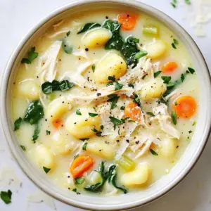 - Shredded rotisserie chicken - Potato gnocchi - Chicken broth - Heavy cream I love using shredded rotisserie chicken in this soup. It saves time and adds flavor. You can find rotisserie chicken at any grocery store. Just shred it and toss it into the pot. Next, potato gnocchi is a game-changer. It cooks fast and adds a nice texture. Use a 16-ounce package for this recipe. Chicken broth is key for a rich flavor. I prefer low-sodium broth, so I can control the salt. Heavy cream brings creaminess to the soup. Two cups make it luscious and rich. - Onion - Garlic - Carrots - Celery - Spinach - Thyme and rosemary For veggies, I always start with onion and garlic. They create a hearty base. Dice one medium onion and mince three cloves of garlic. Carrots and celery add sweetness and crunch. You&rsquo;ll need two diced carrots and two diced stalks of celery. Fresh spinach adds color and nutrition. Use about one cup of chopped spinach. For herbs, dried thyme and rosemary bring earthiness. Just one teaspoon each will do. - Salt and pepper - Grated Parmesan cheese - Olive oil - Fresh parsley Seasoning is important for depth. Use salt and pepper to taste. Grated Parmesan cheese adds a savory kick. Half a cup is enough for mixing in and garnishing. Olive oil is what I use to saut&eacute; the veggies. Two tablespoons will give them flavor. Lastly, fresh parsley adds a pop of color. Chop it up for garnish. It makes the soup look beautiful and fresh. {{ingredient_image_1}} 1. Heat 2 tablespoons of olive oil in a large pot over medium heat. 2. Add 1 medium diced onion, 2 diced carrots, and 2 stalks of diced celery. 3. Saut&eacute; these veggies for about 5 minutes until they soften. 4. Next, add 3 minced garlic cloves, 1 teaspoon dried thyme, and 1 teaspoon dried rosemary. 5. Cook for 1 to 2 minutes until the garlic and herbs smell great. 1. Pour in 4 cups of chicken broth and stir well. 2. Bring the mixture to a gentle boil. 3. Once boiling, reduce the heat to a simmer. 4. Add 1 package (16 oz) of potato gnocchi. 5. Let it cook for 3 to 5 minutes, or until the gnocchi float. 1. Stir in the shredded rotisserie chicken and 2 cups of heavy cream. 2. Mix well and let the soup heat through for about 5 minutes. 3. Season with salt and pepper to taste. 4. Add 1 cup of roughly chopped fresh spinach and cook until just wilted, about 2 minutes. 5. Remove from heat and stir in &frac12; cup of grated Parmesan cheese until it's melted and creamy. 6. Ladle the soup into bowls and top with chopped parsley for garnish. - Adjusting flavors with seasoning: Start with salt and pepper. Taste as you go. If it needs more flavor, add herbs like thyme or rosemary. Fresh herbs can brighten the soup. A squeeze of lemon can also enhance the taste. - Techniques for creamy texture: Use heavy cream for richness. Stir it in after the chicken. If the soup seems too thick, add more chicken broth. Mix well to get that smooth, creamy feel. - Cooking gnocchi like a pro: Cook gnocchi until they float. This means they are ready. Don&rsquo;t let them cook too long or they will turn mushy. Stir gently to keep them intact. - Tips for shredding rotisserie chicken: Use two forks for easy shredding. Start at the breast, working your way down. If the chicken is warm, it shreds better. Remove any skin or bones first. - Ideal bread pairings: Serve with crusty bread or garlic bread. These pair well with the soup's creaminess. You can also try a warm baguette for dipping. - Garnish for presentation: Sprinkle fresh parsley on top before serving. It adds color and a fresh taste. You can also add extra Parmesan cheese for a cheesy finish. Pro Tips Use Fresh Herbs: Fresh herbs can elevate the flavor of your soup significantly. Consider adding fresh thyme or rosemary just before serving for a vibrant taste. Customize Your Veggies: Feel free to add additional vegetables such as peas, zucchini, or bell peppers for extra nutrition and flavor. Gnocchi Cooking Tip: To avoid overcooking the gnocchi, keep an eye on them as they float to the top; this usually indicates they are done. Leftover Storage: Store any leftovers in an airtight container in the fridge for up to 3 days. Reheat gently on the stove to maintain the creaminess. {{image_2}} To make a vegetarian version of this soup, you can swap the chicken for plant-based protein. Options like chickpeas or tofu work well. They add protein and texture. Use vegetable broth instead of chicken broth. This broth brings depth to the soup without meat. You can also add a splash of soy sauce for extra flavor. If you want a lighter soup, consider using low-fat cream options. Half-and-half or evaporated milk can give you creaminess with fewer calories. For a dairy-free choice, coconut milk or almond milk works great. They add a unique taste while keeping the soup rich. Just pick unsweetened options to keep the flavor balanced. Feel free to add more vegetables to your soup. Peas, corn, or bell peppers can brighten up the dish. They also add nutrition and color. Incorporating spices can enhance the flavor. A pinch of red pepper flakes adds heat, while a sprinkle of nutmeg offers warmth. Experiment with your favorites to make it your own! You can store leftover rotisserie chicken gnocchi soup in the fridge for about 3 to 4 days. Make sure to use an airtight container to keep it fresh. Glass or plastic containers work well. Label the containers with the date you made the soup. This way, you won't forget when you made it! If you want to save some soup for later, freezing is a great option. First, let the soup cool down to room temperature. Then, pour it into freezer-safe containers. Leave some space at the top for expansion. You can freeze the soup for up to 3 months. When you're ready to eat, thaw it in the fridge overnight. Reheat on the stove over low heat, stirring often to keep it smooth. Check for signs that the soup has gone bad. If you see any mold or if it smells sour, don&rsquo;t eat it. To keep your soup fresh, store it in the back of the fridge where it's coldest. Always make sure the lid is on tight. This will help keep air out and maintain that creamy goodness! Yes, you can use homemade gnocchi. However, there are some key differences. Store-bought gnocchi is usually lighter and cooks faster. Homemade gnocchi can be denser, which may change the soup's texture. If you make it from scratch, ensure they are light and fluffy for the best results. Rotisserie chicken gnocchi soup lasts about three to four days in the fridge. Store it in an airtight container to keep it fresh. If you notice any change in smell or color, it's best to toss it out to be safe. Yes, you can make the soup ahead of time. To prep, cook the soup and let it cool completely. Store it in the fridge for up to four days. When you reheat, do so on low heat to avoid overcooking the gnocchi. If you freeze it, consider leaving out the cream until you reheat for a fresher taste. This soup combines quick steps with simple ingredients for a comforting dish. We used rotisserie chicken, gnocchi, and fresh veggies for great taste. I shared tips to adjust flavors and ensure the perfect texture. You can also explore easy variations. Don't forget to check storage methods for leftovers. Enjoy creating this hearty soup any time! It&rsquo;s a fun dish that warms you up and satisfies your cravings.