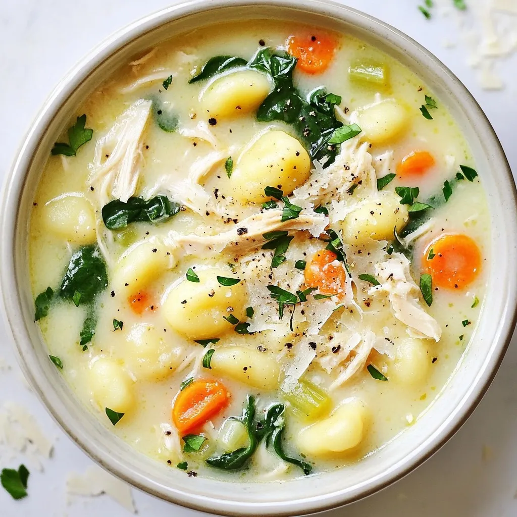 - Shredded rotisserie chicken - Potato gnocchi - Chicken broth - Heavy cream I love using shredded rotisserie chicken in this soup. It saves time and adds flavor. You can find rotisserie chicken at any grocery store. Just shred it and toss it into the pot. Next, potato gnocchi is a game-changer. It cooks fast and adds a nice texture. Use a 16-ounce package for this recipe. Chicken broth is key for a rich flavor. I prefer low-sodium broth, so I can control the salt. Heavy cream brings creaminess to the soup. Two cups make it luscious and rich. - Onion - Garlic - Carrots - Celery - Spinach - Thyme and rosemary For veggies, I always start with onion and garlic. They create a hearty base. Dice one medium onion and mince three cloves of garlic. Carrots and celery add sweetness and crunch. You’ll need two diced carrots and two diced stalks of celery. Fresh spinach adds color and nutrition. Use about one cup of chopped spinach. For herbs, dried thyme and rosemary bring earthiness. Just one teaspoon each will do. - Salt and pepper - Grated Parmesan cheese - Olive oil - Fresh parsley Seasoning is important for depth. Use salt and pepper to taste. Grated Parmesan cheese adds a savory kick. Half a cup is enough for mixing in and garnishing. Olive oil is what I use to sauté the veggies. Two tablespoons will give them flavor. Lastly, fresh parsley adds a pop of color. Chop it up for garnish. It makes the soup look beautiful and fresh. {{ingredient_image_1}} 1. Heat 2 tablespoons of olive oil in a large pot over medium heat. 2. Add 1 medium diced onion, 2 diced carrots, and 2 stalks of diced celery. 3. Sauté these veggies for about 5 minutes until they soften. 4. Next, add 3 minced garlic cloves, 1 teaspoon dried thyme, and 1 teaspoon dried rosemary. 5. Cook for 1 to 2 minutes until the garlic and herbs smell great. 1. Pour in 4 cups of chicken broth and stir well. 2. Bring the mixture to a gentle boil. 3. Once boiling, reduce the heat to a simmer. 4. Add 1 package (16 oz) of potato gnocchi. 5. Let it cook for 3 to 5 minutes, or until the gnocchi float. 1. Stir in the shredded rotisserie chicken and 2 cups of heavy cream. 2. Mix well and let the soup heat through for about 5 minutes. 3. Season with salt and pepper to taste. 4. Add 1 cup of roughly chopped fresh spinach and cook until just wilted, about 2 minutes. 5. Remove from heat and stir in ½ cup of grated Parmesan cheese until it's melted and creamy. 6. Ladle the soup into bowls and top with chopped parsley for garnish. - Adjusting flavors with seasoning: Start with salt and pepper. Taste as you go. If it needs more flavor, add herbs like thyme or rosemary. Fresh herbs can brighten the soup. A squeeze of lemon can also enhance the taste. - Techniques for creamy texture: Use heavy cream for richness. Stir it in after the chicken. If the soup seems too thick, add more chicken broth. Mix well to get that smooth, creamy feel. - Cooking gnocchi like a pro: Cook gnocchi until they float. This means they are ready. Don’t let them cook too long or they will turn mushy. Stir gently to keep them intact. - Tips for shredding rotisserie chicken: Use two forks for easy shredding. Start at the breast, working your way down. If the chicken is warm, it shreds better. Remove any skin or bones first. - Ideal bread pairings: Serve with crusty bread or garlic bread. These pair well with the soup's creaminess. You can also try a warm baguette for dipping. - Garnish for presentation: Sprinkle fresh parsley on top before serving. It adds color and a fresh taste. You can also add extra Parmesan cheese for a cheesy finish. Pro Tips Use Fresh Herbs: Fresh herbs can elevate the flavor of your soup significantly. Consider adding fresh thyme or rosemary just before serving for a vibrant taste. Customize Your Veggies: Feel free to add additional vegetables such as peas, zucchini, or bell peppers for extra nutrition and flavor. Gnocchi Cooking Tip: To avoid overcooking the gnocchi, keep an eye on them as they float to the top; this usually indicates they are done. Leftover Storage: Store any leftovers in an airtight container in the fridge for up to 3 days. Reheat gently on the stove to maintain the creaminess. {{image_2}} To make a vegetarian version of this soup, you can swap the chicken for plant-based protein. Options like chickpeas or tofu work well. They add protein and texture. Use vegetable broth instead of chicken broth. This broth brings depth to the soup without meat. You can also add a splash of soy sauce for extra flavor. If you want a lighter soup, consider using low-fat cream options. Half-and-half or evaporated milk can give you creaminess with fewer calories. For a dairy-free choice, coconut milk or almond milk works great. They add a unique taste while keeping the soup rich. Just pick unsweetened options to keep the flavor balanced. Feel free to add more vegetables to your soup. Peas, corn, or bell peppers can brighten up the dish. They also add nutrition and color. Incorporating spices can enhance the flavor. A pinch of red pepper flakes adds heat, while a sprinkle of nutmeg offers warmth. Experiment with your favorites to make it your own! You can store leftover rotisserie chicken gnocchi soup in the fridge for about 3 to 4 days. Make sure to use an airtight container to keep it fresh. Glass or plastic containers work well. Label the containers with the date you made the soup. This way, you won't forget when you made it! If you want to save some soup for later, freezing is a great option. First, let the soup cool down to room temperature. Then, pour it into freezer-safe containers. Leave some space at the top for expansion. You can freeze the soup for up to 3 months. When you're ready to eat, thaw it in the fridge overnight. Reheat on the stove over low heat, stirring often to keep it smooth. Check for signs that the soup has gone bad. If you see any mold or if it smells sour, don’t eat it. To keep your soup fresh, store it in the back of the fridge where it's coldest. Always make sure the lid is on tight. This will help keep air out and maintain that creamy goodness! Yes, you can use homemade gnocchi. However, there are some key differences. Store-bought gnocchi is usually lighter and cooks faster. Homemade gnocchi can be denser, which may change the soup's texture. If you make it from scratch, ensure they are light and fluffy for the best results. Rotisserie chicken gnocchi soup lasts about three to four days in the fridge. Store it in an airtight container to keep it fresh. If you notice any change in smell or color, it's best to toss it out to be safe. Yes, you can make the soup ahead of time. To prep, cook the soup and let it cool completely. Store it in the fridge for up to four days. When you reheat, do so on low heat to avoid overcooking the gnocchi. If you freeze it, consider leaving out the cream until you reheat for a fresher taste. This soup combines quick steps with simple ingredients for a comforting dish. We used rotisserie chicken, gnocchi, and fresh veggies for great taste. I shared tips to adjust flavors and ensure the perfect texture. You can also explore easy variations. Don't forget to check storage methods for leftovers. Enjoy creating this hearty soup any time! It’s a fun dish that warms you up and satisfies your cravings.