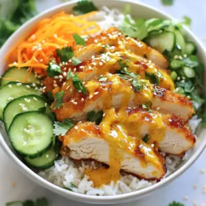 - Chicken and Marinade Ingredients - 2 boneless, skinless chicken breasts - Salt and pepper, to taste - 1 teaspoon garlic powder - 1 cup cornstarch - Sauce Ingredients - 1/2 cup mayonnaise - 2 tablespoons sweet chili sauce - 1 tablespoon sriracha (adjust to taste) - 1 tablespoon soy sauce - 1 tablespoon rice vinegar - Toppings and Garnishes - 2 cups cooked jasmine rice - 1 cucumber, thinly sliced - 1 cup shredded carrots - 1/4 cup chopped green onions - Sesame seeds for garnish - Fresh cilantro for garnish When you gather these ingredients, you set the stage for a tasty meal. Each item adds flavor and texture to your Bang Bang Chicken Bowl. The chicken brings protein, while the sauce adds creaminess and spice. Fresh veggies like cucumber and carrots give it crunch. The garnishes make it pop with color and flavor. Enjoy the process of collecting these ingredients; it makes cooking fun! {{ingredient_image_1}} First, season the chicken breasts with salt, pepper, and garlic powder. I let them sit for about 10 minutes. This helps the chicken soak up the flavors. Next, I coat each breast in cornstarch. I use a shallow dish for this. Make sure each piece is fully covered. Then, I shake off the excess cornstarch. This step gives the chicken a nice crunch. I heat a large skillet over medium-high heat. Next, I add a couple of tablespoons of oil. When the oil is hot, I place the coated chicken breasts in the skillet. I cook each side for about 6-7 minutes. The chicken should turn golden brown and be fully cooked. After cooking, I remove it from the skillet. I let it rest for a few minutes before slicing. In a bowl, I whisk together mayonnaise, sweet chili sauce, sriracha, soy sauce, and rice vinegar. I mix until smooth. This sauce gives the dish its name. If you like heat, you can add more sriracha. I often taste and adjust to find the right spice level. For the bowl, I start with a base of jasmine rice. On top of the rice, I add the sliced chicken. Then, I layer in thin cucumber slices and shredded carrots. Finally, I drizzle the Bang Bang sauce over the toppings. This step brings everything together. Garnishes make the dish pop. I sprinkle chopped green onions, sesame seeds, and fresh cilantro on top. This adds flavor and color. A well-garnished bowl looks more appealing, making it fun to eat. - For crispy chicken, coat it well in cornstarch. This helps create a crunchy layer. - Cook the chicken on medium-high heat. This gives a nice golden brown color. - Avoid overcooking by checking the chicken after 6-7 minutes on each side. It should be firm and juicy. - Mix in honey for extra sweetness or lime juice for a zesty kick. - If you like it spicy, add more sriracha or crushed red pepper flakes. - You can swap mayonnaise with Greek yogurt for a lighter sauce. - Serve with a side of steamed broccoli or snap peas for a fresh crunch. - Consider adding avocado for creaminess and extra nutrients. - Top with pickled jalape&ntilde;os for an added burst of flavor and spice. Pro Tips Marinate for More Flavor: Allow the seasoned chicken to marinate for at least 30 minutes, or even overnight. This enhances the flavor and tenderness of the meat. Perfectly Crispy Coating: For an extra crispy texture, double coat the chicken by dipping it back into the cornstarch after the first coating, then frying it again. Adjusting Spice Levels: If you prefer a milder sauce, start with the recommended sriracha and gradually add more until you reach your desired heat level. Fresh Garnishes: Use freshly chopped herbs and vegetables as garnishes to add a pop of color and freshness to your Bang Bang Chicken Bowl. {{image_2}} You can switch out the chicken for tofu or shrimp. Tofu gives a nice texture and absorbs flavors well. It&rsquo;s a great vegetarian option. Just press and cube the tofu. For shrimp, use large, peeled shrimp. Cook them just until pink. Both options add a fun twist to your Bang Bang Chicken Bowl. If you want to change the rice, try different grains like quinoa or brown rice. They add unique flavors and textures. For a low-carb choice, use cauliflower rice. You can easily make it by grating cauliflower or buying it pre-riced. It&rsquo;s light and still delicious! Using seasonal veggies can make your bowl even better. In spring, add peas or asparagus. In summer, use fresh tomatoes or bell peppers. For fall, try roasted squash or sweet potatoes. Top with crunchy radishes or avocado for extra flavor. Don&rsquo;t be afraid to mix and match! To keep your Bang Bang Chicken Bowl fresh, store it in an airtight container. This helps prevent moisture loss and keeps flavors intact. You can refrigerate it for up to 3 days. After that, the chicken may dry out, and the veggies may lose crunch. For reheating, the best method is to use a skillet. Heat it on medium, add a splash of oil, and warm the chicken for about 3-4 minutes. This method helps maintain its crispness. Avoid using the microwave, as it can make the chicken soggy. You can freeze the chicken and sauce separately. Place them in freezer bags, removing as much air as possible. It&rsquo;s best to use them within 2 months. When ready to use, thaw them overnight in the fridge. Reheat the chicken in a skillet to keep it crispy. Bang Bang Chicken Bowl is a tasty dish with crispy chicken and fresh veggies. It features a special sauce that adds a burst of flavor. This dish has roots in Asian cuisine and is loved for its mix of textures and tastes. You get the crunch from chicken and the softness of rice. Each bite offers something new. Yes, you can prepare parts of the Bang Bang Chicken Bowl in advance. Cook the chicken and make the sauce a day before. Store them in the fridge. When you&rsquo;re ready to serve, reheat the chicken. Cook the rice fresh for the best taste. Slice your veggies and garnish right before serving for a crisp bite. The heat level in Bang Bang Chicken Bowl is adjustable. It uses sriracha, which adds spice. If you want it milder, use less sriracha in the sauce. You can also replace it with a sweet chili sauce. For more heat, add more sriracha or chili flakes. It&rsquo;s all about your taste. You can find Bang Bang Chicken Bowl in many Asian restaurants and cafes. Look for places that serve Asian fusion dishes. Many food delivery apps also have it on their menu. Check local restaurants for their take on this delicious bowl. I covered all you need to know about making a Bang Bang Chicken Bowl. We explored ingredients, cooking steps, tips for crispy chicken, and ways to customize the dish. You can enjoy this bowl with various proteins and veggies, making it fun and unique every time. Use the storage tips to keep leftovers fresh. With these guidelines, you can wow your family and friends with this tasty meal. Dive in and enjoy your cooking journey!