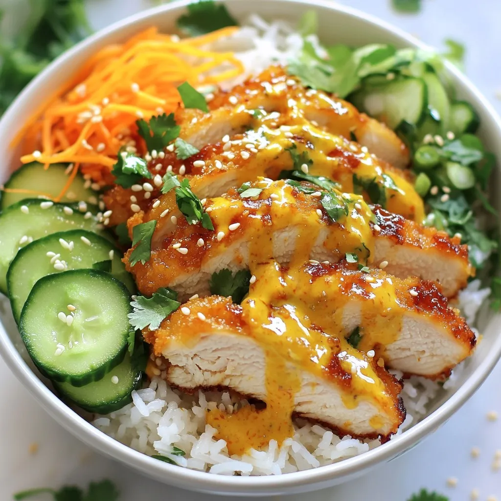 - Chicken and Marinade Ingredients - 2 boneless, skinless chicken breasts - Salt and pepper, to taste - 1 teaspoon garlic powder - 1 cup cornstarch - Sauce Ingredients - 1/2 cup mayonnaise - 2 tablespoons sweet chili sauce - 1 tablespoon sriracha (adjust to taste) - 1 tablespoon soy sauce - 1 tablespoon rice vinegar - Toppings and Garnishes - 2 cups cooked jasmine rice - 1 cucumber, thinly sliced - 1 cup shredded carrots - 1/4 cup chopped green onions - Sesame seeds for garnish - Fresh cilantro for garnish When you gather these ingredients, you set the stage for a tasty meal. Each item adds flavor and texture to your Bang Bang Chicken Bowl. The chicken brings protein, while the sauce adds creaminess and spice. Fresh veggies like cucumber and carrots give it crunch. The garnishes make it pop with color and flavor. Enjoy the process of collecting these ingredients; it makes cooking fun! {{ingredient_image_1}} First, season the chicken breasts with salt, pepper, and garlic powder. I let them sit for about 10 minutes. This helps the chicken soak up the flavors. Next, I coat each breast in cornstarch. I use a shallow dish for this. Make sure each piece is fully covered. Then, I shake off the excess cornstarch. This step gives the chicken a nice crunch. I heat a large skillet over medium-high heat. Next, I add a couple of tablespoons of oil. When the oil is hot, I place the coated chicken breasts in the skillet. I cook each side for about 6-7 minutes. The chicken should turn golden brown and be fully cooked. After cooking, I remove it from the skillet. I let it rest for a few minutes before slicing. In a bowl, I whisk together mayonnaise, sweet chili sauce, sriracha, soy sauce, and rice vinegar. I mix until smooth. This sauce gives the dish its name. If you like heat, you can add more sriracha. I often taste and adjust to find the right spice level. For the bowl, I start with a base of jasmine rice. On top of the rice, I add the sliced chicken. Then, I layer in thin cucumber slices and shredded carrots. Finally, I drizzle the Bang Bang sauce over the toppings. This step brings everything together. Garnishes make the dish pop. I sprinkle chopped green onions, sesame seeds, and fresh cilantro on top. This adds flavor and color. A well-garnished bowl looks more appealing, making it fun to eat. - For crispy chicken, coat it well in cornstarch. This helps create a crunchy layer. - Cook the chicken on medium-high heat. This gives a nice golden brown color. - Avoid overcooking by checking the chicken after 6-7 minutes on each side. It should be firm and juicy. - Mix in honey for extra sweetness or lime juice for a zesty kick. - If you like it spicy, add more sriracha or crushed red pepper flakes. - You can swap mayonnaise with Greek yogurt for a lighter sauce. - Serve with a side of steamed broccoli or snap peas for a fresh crunch. - Consider adding avocado for creaminess and extra nutrients. - Top with pickled jalapeños for an added burst of flavor and spice. Pro Tips Marinate for More Flavor: Allow the seasoned chicken to marinate for at least 30 minutes, or even overnight. This enhances the flavor and tenderness of the meat. Perfectly Crispy Coating: For an extra crispy texture, double coat the chicken by dipping it back into the cornstarch after the first coating, then frying it again. Adjusting Spice Levels: If you prefer a milder sauce, start with the recommended sriracha and gradually add more until you reach your desired heat level. Fresh Garnishes: Use freshly chopped herbs and vegetables as garnishes to add a pop of color and freshness to your Bang Bang Chicken Bowl. {{image_2}} You can switch out the chicken for tofu or shrimp. Tofu gives a nice texture and absorbs flavors well. It’s a great vegetarian option. Just press and cube the tofu. For shrimp, use large, peeled shrimp. Cook them just until pink. Both options add a fun twist to your Bang Bang Chicken Bowl. If you want to change the rice, try different grains like quinoa or brown rice. They add unique flavors and textures. For a low-carb choice, use cauliflower rice. You can easily make it by grating cauliflower or buying it pre-riced. It’s light and still delicious! Using seasonal veggies can make your bowl even better. In spring, add peas or asparagus. In summer, use fresh tomatoes or bell peppers. For fall, try roasted squash or sweet potatoes. Top with crunchy radishes or avocado for extra flavor. Don’t be afraid to mix and match! To keep your Bang Bang Chicken Bowl fresh, store it in an airtight container. This helps prevent moisture loss and keeps flavors intact. You can refrigerate it for up to 3 days. After that, the chicken may dry out, and the veggies may lose crunch. For reheating, the best method is to use a skillet. Heat it on medium, add a splash of oil, and warm the chicken for about 3-4 minutes. This method helps maintain its crispness. Avoid using the microwave, as it can make the chicken soggy. You can freeze the chicken and sauce separately. Place them in freezer bags, removing as much air as possible. It’s best to use them within 2 months. When ready to use, thaw them overnight in the fridge. Reheat the chicken in a skillet to keep it crispy. Bang Bang Chicken Bowl is a tasty dish with crispy chicken and fresh veggies. It features a special sauce that adds a burst of flavor. This dish has roots in Asian cuisine and is loved for its mix of textures and tastes. You get the crunch from chicken and the softness of rice. Each bite offers something new. Yes, you can prepare parts of the Bang Bang Chicken Bowl in advance. Cook the chicken and make the sauce a day before. Store them in the fridge. When you’re ready to serve, reheat the chicken. Cook the rice fresh for the best taste. Slice your veggies and garnish right before serving for a crisp bite. The heat level in Bang Bang Chicken Bowl is adjustable. It uses sriracha, which adds spice. If you want it milder, use less sriracha in the sauce. You can also replace it with a sweet chili sauce. For more heat, add more sriracha or chili flakes. It’s all about your taste. You can find Bang Bang Chicken Bowl in many Asian restaurants and cafes. Look for places that serve Asian fusion dishes. Many food delivery apps also have it on their menu. Check local restaurants for their take on this delicious bowl. I covered all you need to know about making a Bang Bang Chicken Bowl. We explored ingredients, cooking steps, tips for crispy chicken, and ways to customize the dish. You can enjoy this bowl with various proteins and veggies, making it fun and unique every time. Use the storage tips to keep leftovers fresh. With these guidelines, you can wow your family and friends with this tasty meal. Dive in and enjoy your cooking journey!