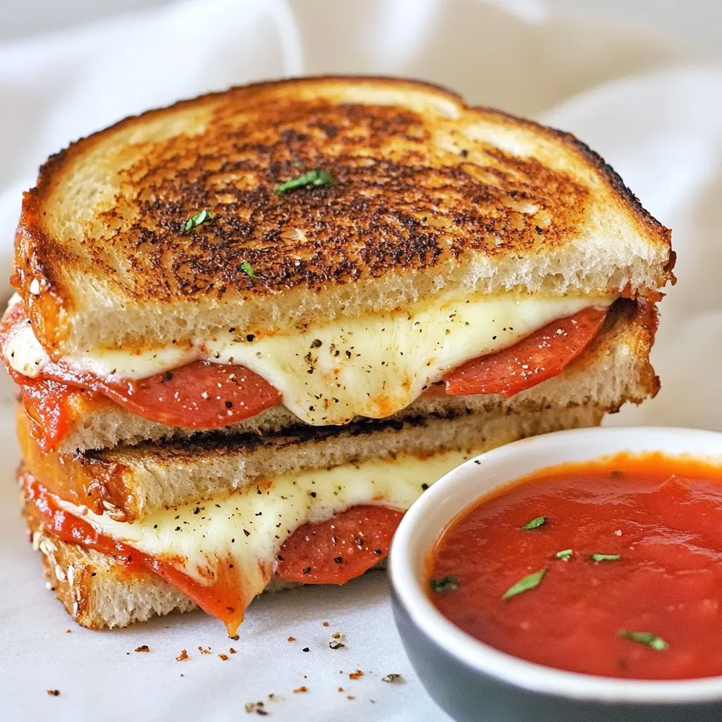 To make a great pizza grilled cheese, you need a few key items: - 4 slices of sourdough bread - 4 tablespoons marinara sauce - 1 cup shredded mozzarella cheese - 1/2 cup pepperoni slices (or any toppings you like) - 1 teaspoon Italian seasoning - 2 tablespoons unsalted butter These ingredients blend well to create a tasty meal. Sourdough bread offers a nice crunch. The marinara sauce adds flavor and moisture. Mozzarella cheese melts beautifully, holding everything together. You can make your pizza grilled cheese unique by adding toppings. Here are some ideas: - Bell peppers - Mushrooms - Onions - Olives - Spinach Feel free to mix and match your favorite toppings. This way, you can cater to your taste. For a spicy kick, add jalapeños or spicy sausage. While mozzarella is classic, other cheeses can work too. Here are some good choices: - Provolone - Cheddar - Gouda - Fontina Each cheese brings its own flavor. Mixing cheeses can create a rich taste. Try different combinations to find your favorite blend. {{ingredient_image_1}} Start by gathering your sourdough bread. You will need four slices. Spread one tablespoon of marinara sauce on one side of each slice. Make sure the sauce covers the bread well. This adds flavor and helps with the cheese melting. Now, take two of the slices with sauce. On the sauce side, layer half a cup of shredded mozzarella cheese. Feel free to add your favorite toppings, like pepperoni, bell peppers, or mushrooms. Sprinkle some Italian seasoning over the toppings for a burst of flavor. Place the remaining slices of bread on top, sauce side down, to make two sandwiches. Heat a large skillet over medium heat. Melt one tablespoon of butter in the skillet. Place one sandwich in the skillet and cook until the bread turns golden brown and the cheese melts, about 3 to 4 minutes. Carefully flip the sandwich using a spatula. If you need, add the last tablespoon of butter to the skillet. Cook for another 3 to 4 minutes until golden brown. Remove from the skillet and repeat with the second sandwich. Cut both sandwiches diagonally and serve with extra marinara sauce for dipping. To get that gooey cheese, you need the right heat. Cook on medium heat, not high. This helps the cheese melt all the way through. I recommend using shredded mozzarella for its great stretch. Layer it thick; you want a cheesy bite in every slice. If you want more flavor, mix in other cheeses like cheddar or provolone. Sourdough is my favorite for this dish. It has a nice texture and flavor. Choose bread that is thick enough to hold the filling. You can also use whole grain or ciabatta if you like. Just make sure it’s fresh. The bread should crisp up nicely in the skillet. Italian seasoning is a great choice for this recipe. It adds a nice touch to your grilled cheese. For more flavor, try adding fresh basil or oregano. A sprinkle of garlic powder gives it a nice kick. Don't forget to season your toppings too, like pepperoni or veggies, to boost those flavors. Pro Tips Use Fresh Ingredients: Freshly shredded mozzarella and quality toppings can make a significant difference in flavor and texture. Control the Heat: Cooking on medium heat ensures that the bread browns evenly while allowing the cheese to melt without burning. Experiment with Toppings: Don't hesitate to try different toppings like veggies or different meats to customize your grilled cheese experience. Serve with Dipping Sauce: Pair your sandwich with extra marinara sauce or even ranch dressing for an extra flavor boost. {{image_2}} You can easily make a vegetarian pizza grilled cheese. Start by replacing pepperoni with veggies. I love using bell peppers, mushrooms, and spinach. These add great flavor and texture. You can also mix in some olives for a briny kick. Just layer them on the cheese before grilling. If you like heat, add some spice to your grilled cheese. Try using spicy pepperoni or hot Italian sausage. You can also sprinkle red pepper flakes on the cheese. For extra heat, add jalapeños or banana peppers. This gives your sandwich a nice, spicy kick that wakes up your taste buds. While marinara is classic, you can explore other sauces. Pesto adds a fresh flavor and bright green color. Alfredo sauce gives a creamy twist to the dish. BBQ sauce can make a sweet and smoky pizza grilled cheese. Feel free to experiment with any sauce you enjoy for a new flavor. To keep your Pizza Grilled Cheese fresh, let it cool first. Place the sandwiches in an airtight container. This helps keep the bread soft. You can store them in the fridge for up to three days. If you use a plate, cover it tightly with plastic wrap. This way, the sandwiches will not dry out. When you are ready to eat, reheat the sandwiches on the stove. Use a skillet over medium heat. Place the sandwich in the skillet without any oil. This keeps the bread crispy. Cook for about 3 minutes on each side. You can also use an air fryer. Set it to 350°F (180°C) for about 5 minutes. This method also works well. You can freeze Pizza Grilled Cheese for later use. Wrap each sandwich in plastic wrap tightly. Then, put them in a freezer bag. Remove as much air as possible to avoid freezer burn. They can last in the freezer for up to three months. When you want to eat them, let them thaw in the fridge overnight before reheating. Yes, you can make Pizza Grilled Cheese in the oven. Preheat your oven to 400°F (200°C). Prepare your sandwiches as usual. Place them on a baking sheet lined with parchment paper. Bake for about 10-12 minutes, flipping halfway through. This method gives you a nice crisp on both sides. Plus, it melts the cheese evenly. The best cheese for Pizza Grilled Cheese is mozzarella. It melts perfectly and has a mild flavor. You can also mix in provolone or cheddar for a richer taste. If you want a tangy kick, try adding some fontina or gouda. These cheeses pair well with marinara sauce and toppings. To make a healthier version, use whole grain bread instead of sourdough. Choose low-fat cheese or a vegan cheese option. Add more veggies like bell peppers, mushrooms, or spinach for extra nutrients. You can also reduce the butter or use a cooking spray to lower the fat. Enjoy a tasty dish that’s good for you! You learned how to make a tasty Pizza Grilled Cheese. We covered the best ingredients, like essential cheeses and fun toppings. You know the steps for preparing, assembling, and cooking. I shared tips for great melted cheese and the best bread choices. You also discovered delicious variations and smart storage tips. These simple ideas can help you create a meal that suits your taste. Enjoy making this dish your own!