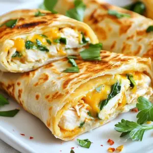 - 2 cups cooked chicken, shredded - 1 cup shredded mozzarella cheese - 1/2 cup cream cheese, softened - 1 clove garlic, minced - 1 tablespoon fresh parsley, chopped (or 1 teaspoon dried) - 4 large tortillas (flour or whole wheat) - 1 cup spinach leaves - 1/4 teaspoon red pepper flakes (optional) - Salt and pepper to taste - Olive oil for brushing You need a few simple tools to make these wraps. Gather: - A medium bowl for mixing - A skillet for cooking - A spatula for flipping - A knife for slicing - A cutting board for prep Choosing fresh ingredients makes a big difference. Here are some tips: - Chicken: Look for cooked chicken that is moist and tender. - Cheese: Choose mozzarella that is fresh, not pre-shredded. - Garlic: Pick firm garlic cloves with no sprouting. - Spinach: Select bright green leaves. Avoid wilted or yellowed ones. - Tortillas: Check for soft and flexible tortillas, not dry or cracked. By following these tips, you ensure your Cheesy Garlic Chicken Wraps taste their best! {{ingredient_image_1}} To start, gather your ingredients. You will need cooked chicken, mozzarella cheese, cream cheese, minced garlic, and parsley. In a medium bowl, combine 2 cups of shredded chicken, 1 cup of mozzarella cheese, and 1/2 cup of softened cream cheese. Add 1 clove of minced garlic and 1 tablespoon of chopped parsley. Mix everything well until it&rsquo;s smooth. Season the mixture with salt and pepper. If you like heat, add 1/4 teaspoon of red pepper flakes. This cheesy garlic chicken mixture is packed with flavor. Next, lay out a large tortilla flat on a clean surface. Spread a generous amount of the cheesy chicken mixture in the center. Leave about 1 inch of space on the edges. Then, add a small handful of fresh spinach leaves on top of the mixture. This adds a nice crunch and color. Now, fold the sides of the tortilla inward. Roll it up tightly from the bottom to the top. Repeat this with the rest of the tortillas and filling. You will have a stack of tasty wraps ready to cook. Now it&rsquo;s time to cook your wraps. Preheat a skillet over medium heat. Brush the outside of each wrap lightly with olive oil. Place the wraps seam-side down in the skillet. Cook them for 3 to 4 minutes on each side. You want them to be golden brown and the cheese melted. Once cooked, remove the wraps from the skillet. Let them cool slightly before slicing them in half diagonally. Enjoy your delicious Cheesy Garlic Chicken Wraps! To get a nice, golden wrap, heat your skillet well. Use medium heat to avoid burning. Brush the outside of the wraps with olive oil. This helps them crisp up nicely. Cook the wraps seam-side down first. This keeps the filling inside. Flip them carefully after 3 to 4 minutes. You want them golden, not dark brown. Add some spice for more kick. Try using red pepper flakes in the mixture. You can also mix in some diced jalape&ntilde;os for heat. Fresh herbs like cilantro or basil can boost taste too. A squeeze of fresh lime juice adds brightness. You can even use a sprinkle of your favorite seasoning blend for an extra layer of flavor. Don&rsquo;t overfill your wraps. Too much filling makes them hard to roll. Use just enough so you can fold them without spilling. Also, avoid cooking at too high a heat. This can burn the outside while leaving the inside cold. Finally, let them cool for a minute after cooking. This helps the cheese set and makes slicing easier. Pro Tips Use Leftover Chicken: This recipe is perfect for utilizing leftover roasted or rotisserie chicken, adding flavor and saving time. Customize Your Cheese: Feel free to mix and match different cheeses like cheddar or pepper jack for a unique flavor twist. Make It Veggie-Friendly: Substitute the chicken with grilled veggies or a plant-based protein for a delicious vegetarian option. Serving Suggestions: Serve with a side of marinara or ranch dipping sauce for an extra flavor boost! {{image_2}} You can switch up the protein in your wraps. Try using cooked turkey or ham instead of chicken. Both of these meats add a nice flavor. If you want a vegetarian option, use black beans or chickpeas. They bring protein and fiber to the meal. You can also use tofu for a plant-based choice. Just make sure to season it well. Adding vegetables boosts the flavor and nutrition. You can try bell peppers, onions, or mushrooms. These veggies add crunch and color. Zucchini or grated carrots work well too. For a fresh touch, add some diced tomatoes or avocados. They make the wraps taste even better. Spinach is already a great choice, but you can mix in kale or arugula too. While mozzarella is a classic choice, you can explore other cheeses. Cheddar adds a sharp flavor. Pepper jack gives a spicy kick. If you want something creamier, try cream cheese or goat cheese. You can also mix in feta for a tangy taste. Use whatever cheese you love most. This way, your wraps can be unique and tasty every time. To keep your Cheesy Garlic Chicken Wraps fresh, store them in an airtight container. This helps lock in flavor and moisture. If you have leftover wraps, let them cool down first. Once cooled, place them in the container and refrigerate. They can stay good for about three days. Before eating, check for any signs of spoilage to stay safe. If you want to save these wraps for later, freezing works great. First, wrap each one tightly in plastic wrap or foil. This prevents freezer burn. Next, place the wrapped wraps in a freezer-safe bag or container. Label it with the date. You can freeze them for up to three months. When you're ready to eat, thaw them in the fridge overnight. To reheat your wraps, use a skillet for the best results. Heat it over medium heat. Place the wrap seam-side down in the skillet. Cook for about 3-4 minutes on each side until warm. Check that the cheese is melted and everything is hot. You can also use a microwave, but this may make the wrap soft instead of crispy. If you want a crispy wrap, the skillet is the way to go! You can make Cheesy Garlic Chicken Wraps healthier by using whole wheat tortillas. Whole wheat adds more fiber and nutrients. Swap cream cheese for Greek yogurt for less fat and more protein. You can also add more fresh veggies, like bell peppers or cucumbers, to boost nutrients. Reducing cheese or using a low-fat version can help too. Finally, use grilled chicken instead of fried for a leaner option. Yes, you can make these wraps ahead of time. Prepare the cheesy chicken mixture and store it in the fridge for up to 2 days. Assemble the wraps just before cooking for the best taste. If you want to store assembled wraps, wrap them tightly in plastic. Keep them in the fridge for up to 1 day. Just remember to cook them thoroughly before serving. Cheesy Garlic Chicken Wraps pair well with many sides. A fresh salad adds a nice crunch and color. You can serve them with baked sweet potato fries for a tasty contrast. Try adding some salsa or guacamole for extra flavor. A side of roasted veggies also complements the wraps nicely. Feel free to mix and match to find your favorite combinations! In this post, we covered how to make Cheesy Garlic Chicken Wraps from start to finish. We discussed the ingredients, necessary tools, and tips for fresh selections. You learned important steps for preparation, assembly, and cooking. Additionally, we explored ways to make the wraps golden, enhance their flavor, and avoid common mistakes. You can also experiment with different proteins, veggies, and cheeses. With proper storage and reheating tips, you can enjoy these wraps later. Dive into your kitchen and enjoy this tasty meal!