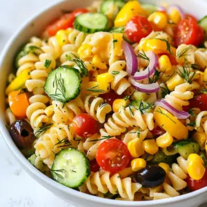To make this vibrant salad, you need these key ingredients: - 8 ounces whole wheat pasta (fusilli or rotini works well) - 1 large cucumber, diced - 1 cup cherry tomatoes, halved - 1 bell pepper, diced (any color) - &frac12; red onion, finely chopped - 1 cup corn (fresh, canned, or frozen) - &frac12; cup black olives, sliced - 2 tablespoons fresh dill, chopped These ingredients blend together to create a fresh and colorful dish. The whole wheat pasta adds a nutty flavor and great texture. The cucumber and tomatoes provide crunch and juiciness, while the bell pepper adds sweetness. The red onion gives a nice bite, and the corn adds a pop of color. Feel free to get creative! Here are some optional ingredients you might enjoy: - Avocado, diced - Fresh parsley, chopped - Feta cheese or vegan cheese, crumbled - Spinach or arugula Adding avocado gives a creamy texture. Fresh parsley adds a bright note, while feta brings a salty touch. Spinach or arugula adds more greens and nutrition. You can easily swap ingredients to fit your taste: - Use gluten-free pasta if needed. - Replace cucumber with zucchini for a different crunch. - Try quinoa instead of pasta for a protein boost. - Use lime juice instead of lemon for a zesty twist. These substitutions keep the salad fresh and exciting. They also allow you to cater to different diets or preferences. {{ingredient_image_1}} Start by boiling water in a large pot. Add a pinch of salt for taste. Cook 8 ounces of whole wheat pasta for about 8 to 10 minutes. Check the package for exact times. When it's done, drain the pasta. Rinse it under cold water to stop the cooking. This keeps the pasta firm and tasty. While the pasta cooks, wash and dice the vegetables. Take 1 large cucumber and chop it into small pieces. Cut 1 cup of cherry tomatoes in half. Dice any color bell pepper. Use &frac12; red onion and chop it finely. If you have corn, use 1 cup. Fresh, canned, or frozen corn all work. Slice &frac12; cup of black olives. Finally, chop 2 tablespoons of fresh dill. It adds a nice flavor! Grab a small bowl and add 3 tablespoons of olive oil. Then, squeeze in 2 tablespoons of lemon juice. Add salt and pepper to taste. Whisk it all together until it's mixed well. This dressing adds a fresh zing to the salad. In a large mixing bowl, add all your diced vegetables. Toss in the cooled pasta and pour the dressing on top. Mix everything together gently. Make sure the pasta and veggies are well coated with the dressing. Taste the salad and add more salt, pepper, or lemon juice if needed. Once combined, cover the bowl with plastic wrap. Chill the salad in the fridge for at least 30 minutes. This helps the flavors blend together. When ready to serve, take it out and enjoy your Vegan Cucumber Pasta Salad chilled. It&rsquo;s perfect for a hot day or as a side dish! To make perfect pasta, start with a large pot of water. Use enough water to let the pasta move freely. Add a generous amount of salt to the water. This adds flavor to the pasta. Bring the water to a rolling boil before adding the pasta. Cook the pasta according to the package instructions. I suggest checking it a minute or two early for al dente texture. Once cooked, drain and rinse the pasta under cold water. This stops the cooking and cools it down quickly. You can boost flavors in your salad in a few easy ways. First, always taste your dressing before adding it. This helps you adjust salt, pepper, and lemon juice. Fresh herbs like dill add a bright taste. If you want more zing, add a pinch of red pepper flakes. For depth, try mixing in a bit of garlic powder. Don't forget to let the salad chill in the fridge. This allows all the flavors to blend beautifully. When serving your Vegan Cucumber Pasta Salad, think about color and texture. Use a large, shallow bowl to show off the bright veggies. You can garnish with extra dill or sliced olives on top. For a fun twist, serve in mason jars for individual portions. This makes a great picnic dish, too. Pair with some crusty bread or fresh greens for a complete meal. Pro Tips Use Fresh Ingredients: For the best flavor, choose fresh, in-season vegetables. They enhance the salad's taste and texture. Adjust to Your Taste: Feel free to customize the vegetables based on your preference or what you have on hand. This salad is versatile! Let It Chill: Allowing the salad to chill for at least 30 minutes helps the flavors meld together, making each bite more delicious. Add Protein: For a heartier meal, consider adding chickpeas or tofu to boost the protein content and make it more filling. {{image_2}} You can switch up the pasta shape in this salad. I recommend using fusilli or rotini, as they hold dressing well. Penne works nicely too. If you want something fun, try bowtie or even spiral pasta. Each shape adds a unique twist to your salad. Want to make your salad heartier? You can add protein. Chickpeas are a great choice. They add texture and flavor. Try adding diced tofu for a different taste. You could also use tempeh or vegan sausage. These options boost protein and keep your meal filling. Don&rsquo;t be shy about mixing flavors! Fresh herbs really brighten the dish. Basil or parsley pairs well with the cucumber. You can also add a touch of spice with jalape&ntilde;os or red pepper flakes. For a tangy twist, try adding capers or pickles. Each ingredient brings its own flair to your salad. To keep your Vegan Cucumber Pasta Salad fresh, store it in an airtight container. Place the salad in the fridge. This method helps prevent it from drying out. If you add extra dressing, mix it well before storing. For best flavor, consume leftovers within three days. This salad is best enjoyed cold. If you prefer warm pasta, reheat only the pasta. You can do this in a microwave or on the stove. Avoid reheating the salad with the vegetables, as they lose their crunch and taste. After reheating, mix in fresh veggies for added flavor. - Whole wheat pasta: lasts 1-2 years if kept dry. - Cucumber: fresh for about 1 week in the fridge. - Cherry tomatoes: good for about 5-7 days. - Bell pepper: can last 1 week in the fridge. - Red onion: stays fresh for up to 2 weeks. - Corn: if canned, lasts 1-2 years; fresh corn lasts about 3 days. - Black olives: last for about 1-2 weeks once opened. - Fresh dill: usually stays fresh for about 1 week. - Olive oil: can last 1-2 years if stored in a cool place. - Lemon juice: fresh juice lasts about 1 week; bottled can last much longer. By knowing this info, you can enjoy your salad longer and waste less food! Yes, you can make this salad ahead of time. Prepare it a day before serving. Store it in the fridge. This allows the flavors to blend. Just give it a quick stir before serving. I do not recommend freezing this salad. The cucumber will lose its crunch. The pasta may also become mushy. It&rsquo;s best enjoyed fresh or stored in the fridge. This recipe contains wheat from the pasta. It also includes olives, which can cause allergies. Always check labels for other allergens. Use fresh ingredients to keep everyone safe. To make this salad gluten-free, swap whole wheat pasta for gluten-free pasta. Many brands offer good options. Just make sure to cook it according to package instructions. I like a light vinaigrette with this salad. You can use balsamic or a lemon-herb dressing. A tahini dressing can also add creaminess. Experiment to find your favorite flavor! This vegan cucumber pasta salad is a fresh and tasty dish. You learned about the key ingredients, how to prepare them, and steps for a perfect mix. I provided tips to enhance flavors and suggestions for serving. We explored variations and storage tips to keep your salad fresh. Overall, this dish is simple to make and can please anyone. Enjoy experimenting with flavors and textures that work for you!
