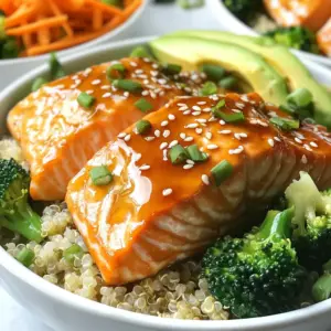 - 2 salmon fillets (about 6 oz each) - 3 tablespoons honey - 2 tablespoons soy sauce (or tamari for gluten-free) - 3 cloves garlic, minced - 1 teaspoon grated fresh ginger - 1 tablespoon olive oil - Salt and pepper to taste The main ingredients create a rich, sweet, and savory flavor. Salmon is a great source of protein and healthy fats. Honey adds sweetness, while soy sauce brings umami. Garlic and ginger give a fresh kick. The olive oil helps cook the salmon and adds richness. Salt and pepper enhance all these flavors. - 2 cups cooked quinoa - 1 cup steamed broccoli florets - 1 cup shredded carrots - &frac12; avocado, sliced - Sesame seeds for garnish - Chopped green onions for garnish The bowl components make this meal colorful and nutritious. Quinoa is a complete protein and full of fiber. Steamed broccoli adds vitamins and crunch. Shredded carrots bring sweetness and color. Sliced avocado gives creaminess and healthy fats. Sesame seeds and green onions add a nice finish and texture. Each bite is a blend of flavors and nutrients. {{ingredient_image_1}} To start, I prepare the marinade. I mix together 3 tablespoons of honey, 2 tablespoons of soy sauce, 3 minced garlic cloves, and 1 teaspoon of grated ginger in a small bowl. This mix gives the salmon a sweet and savory flavor. Next, I season the salmon fillets with salt and pepper. Then, I pour the marinade over the fillets. I let them sit for about 15-20 minutes. This time helps the fish soak up the flavors. While the salmon marinates, I heat 1 tablespoon of olive oil in a non-stick skillet over medium heat. Once the oil is hot, I carefully add the salmon fillets, skin side down. I cook them for about 4-5 minutes on each side. The salmon should flake easily with a fork when done. For extra flavor, I brush the salmon with the remaining marinade while it cooks. This technique enhances the taste and keeps it moist. Now it&rsquo;s time to put the bowls together. I start with a base of 2 cups of cooked quinoa. I layer steamed broccoli florets and shredded carrots next to the quinoa. Then, I place a cooked salmon fillet on top of the veggies and quinoa. For a fresh finish, I garnish the dish with sliced avocado, sesame seeds, and chopped green onions. Finally, I drizzle any leftover marinade over the bowls. This adds a burst of flavor to each bite. To cook salmon to flaky perfection, start with the right heat. Use medium heat in a non-stick skillet. This lets the fish cook evenly without burning. Cook each fillet for about 4-5 minutes on each side. You want the salmon to flake easily with a fork. The marinade plays a big role in flavor. Mix honey, soy sauce, garlic, and ginger well. This blend gives a sweet and savory taste. Let your salmon soak in the marinade for 15-20 minutes. This time allows the flavors to soak in nicely. You can customize your bowls with various vegetables. Feel free to add bell peppers, snap peas, or spinach. Each veggie adds its own taste and nutrition. If you want a protein switch, try tofu. Tofu absorbs flavors well. Prepare it the same way as salmon. Marinate it and cook it until golden brown. Presentation matters! Start with a base of quinoa. This gives your bowl height. Then, add colorful vegetables like broccoli and carrots. The mix of colors makes the dish pop. For garnishing, slice an avocado and place it on top. Sprinkle sesame seeds and green onions. This adds texture and a fresh touch. The final look should be bright and inviting. Pro Tips Marinate Longer for More Flavor: If you have time, marinate the salmon for up to an hour. This allows the flavors to penetrate deeper into the fish, enhancing the taste. Use Fresh Ingredients: Fresh garlic and ginger will significantly elevate the flavors in your marinade. Avoid pre-minced options for the best results. Don&rsquo;t Overcook the Salmon: Keep an eye on the cooking time. Salmon is best when it&rsquo;s just cooked through and still moist, so aim for 4-5 minutes per side depending on the thickness. Customize Your Veggies: Feel free to mix in your favorite vegetables. Bell peppers, snap peas, or spinach can also work wonderfully in these bowls. {{image_2}} You can switch up the flavor of your honey garlic salmon bowls with different marinades. Try teriyaki sauce for a sweet and savory twist. Miso paste can also add a rich umami flavor. If you like heat, add chili flakes or sriracha to your marinade. For a fresh taste, mix in some citrus juice like lime or orange. This gives your dish a bright and zesty kick. You don&rsquo;t have to stick with quinoa. You can use rice for a soft texture. Cauliflower rice is a great low-carb option too. It soaks up flavors well and adds a nice crunch. Choose the grain that fits your taste or diet; each option brings its own unique flair. The veggies you choose can change with the seasons. In spring, use fresh asparagus or peas. In summer, cherry tomatoes or bell peppers work well. In fall, roasted sweet potatoes or Brussels sprouts can add warmth. Fruits can also enhance your bowls. Try adding mango slices in summer or pomegranate seeds in winter. These toppings not only add flavor but also color and nutrition to your meal. After making honey garlic salmon bowls, store any leftovers in the fridge. Place them in airtight containers. This helps keep the food fresh and safe. Make sure to eat the leftovers within three days for the best taste. To reheat, use a microwave or an oven. If using the microwave, cover the bowl with a microwave-safe lid. Heat on medium power for about one to two minutes. For the oven, preheat it to 350&deg;F (175&deg;C). Place the food in an oven-safe dish and cover it. Heat for about 10-15 minutes. Be careful not to overcook the salmon. This keeps it moist and tender. Enjoy your meal just as delicious as when you first made it! In this post, we explored a delicious honey garlic salmon bowl. You learned about key ingredients like salmon, quinoa, and fresh veggies. I shared tips on marinating and cooking the salmon to perfection. Plus, we discussed customizing bowls with different toppings and grains. Remember, you can easily adapt this recipe to fit your taste. Don't be afraid to experiment with flavors and ingredients! Enjoy cooking and creating your perfect salmon bowl.