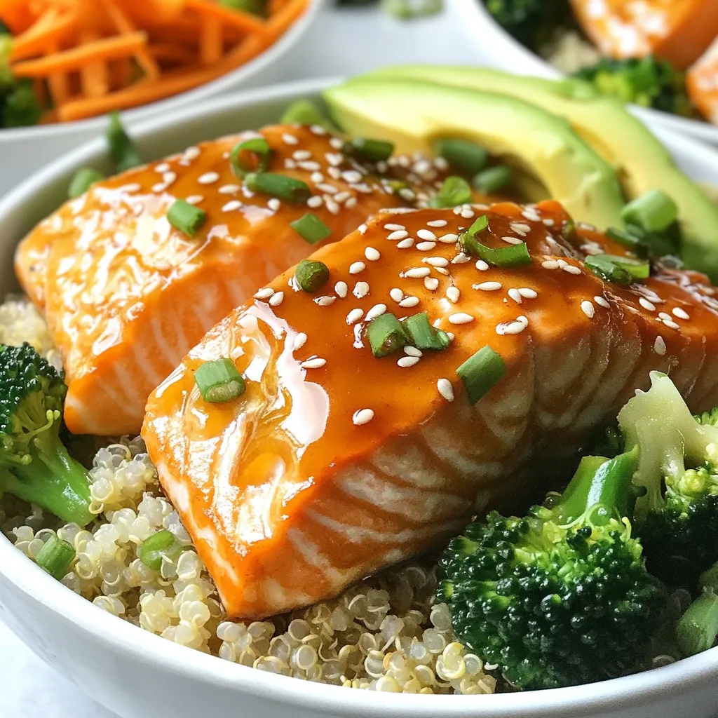 - 2 salmon fillets (about 6 oz each) - 3 tablespoons honey - 2 tablespoons soy sauce (or tamari for gluten-free) - 3 cloves garlic, minced - 1 teaspoon grated fresh ginger - 1 tablespoon olive oil - Salt and pepper to taste The main ingredients create a rich, sweet, and savory flavor. Salmon is a great source of protein and healthy fats. Honey adds sweetness, while soy sauce brings umami. Garlic and ginger give a fresh kick. The olive oil helps cook the salmon and adds richness. Salt and pepper enhance all these flavors. - 2 cups cooked quinoa - 1 cup steamed broccoli florets - 1 cup shredded carrots - ½ avocado, sliced - Sesame seeds for garnish - Chopped green onions for garnish The bowl components make this meal colorful and nutritious. Quinoa is a complete protein and full of fiber. Steamed broccoli adds vitamins and crunch. Shredded carrots bring sweetness and color. Sliced avocado gives creaminess and healthy fats. Sesame seeds and green onions add a nice finish and texture. Each bite is a blend of flavors and nutrients. {{ingredient_image_1}} To start, I prepare the marinade. I mix together 3 tablespoons of honey, 2 tablespoons of soy sauce, 3 minced garlic cloves, and 1 teaspoon of grated ginger in a small bowl. This mix gives the salmon a sweet and savory flavor. Next, I season the salmon fillets with salt and pepper. Then, I pour the marinade over the fillets. I let them sit for about 15-20 minutes. This time helps the fish soak up the flavors. While the salmon marinates, I heat 1 tablespoon of olive oil in a non-stick skillet over medium heat. Once the oil is hot, I carefully add the salmon fillets, skin side down. I cook them for about 4-5 minutes on each side. The salmon should flake easily with a fork when done. For extra flavor, I brush the salmon with the remaining marinade while it cooks. This technique enhances the taste and keeps it moist. Now it’s time to put the bowls together. I start with a base of 2 cups of cooked quinoa. I layer steamed broccoli florets and shredded carrots next to the quinoa. Then, I place a cooked salmon fillet on top of the veggies and quinoa. For a fresh finish, I garnish the dish with sliced avocado, sesame seeds, and chopped green onions. Finally, I drizzle any leftover marinade over the bowls. This adds a burst of flavor to each bite. To cook salmon to flaky perfection, start with the right heat. Use medium heat in a non-stick skillet. This lets the fish cook evenly without burning. Cook each fillet for about 4-5 minutes on each side. You want the salmon to flake easily with a fork. The marinade plays a big role in flavor. Mix honey, soy sauce, garlic, and ginger well. This blend gives a sweet and savory taste. Let your salmon soak in the marinade for 15-20 minutes. This time allows the flavors to soak in nicely. You can customize your bowls with various vegetables. Feel free to add bell peppers, snap peas, or spinach. Each veggie adds its own taste and nutrition. If you want a protein switch, try tofu. Tofu absorbs flavors well. Prepare it the same way as salmon. Marinate it and cook it until golden brown. Presentation matters! Start with a base of quinoa. This gives your bowl height. Then, add colorful vegetables like broccoli and carrots. The mix of colors makes the dish pop. For garnishing, slice an avocado and place it on top. Sprinkle sesame seeds and green onions. This adds texture and a fresh touch. The final look should be bright and inviting. Pro Tips Marinate Longer for More Flavor: If you have time, marinate the salmon for up to an hour. This allows the flavors to penetrate deeper into the fish, enhancing the taste. Use Fresh Ingredients: Fresh garlic and ginger will significantly elevate the flavors in your marinade. Avoid pre-minced options for the best results. Don’t Overcook the Salmon: Keep an eye on the cooking time. Salmon is best when it’s just cooked through and still moist, so aim for 4-5 minutes per side depending on the thickness. Customize Your Veggies: Feel free to mix in your favorite vegetables. Bell peppers, snap peas, or spinach can also work wonderfully in these bowls. {{image_2}} You can switch up the flavor of your honey garlic salmon bowls with different marinades. Try teriyaki sauce for a sweet and savory twist. Miso paste can also add a rich umami flavor. If you like heat, add chili flakes or sriracha to your marinade. For a fresh taste, mix in some citrus juice like lime or orange. This gives your dish a bright and zesty kick. You don’t have to stick with quinoa. You can use rice for a soft texture. Cauliflower rice is a great low-carb option too. It soaks up flavors well and adds a nice crunch. Choose the grain that fits your taste or diet; each option brings its own unique flair. The veggies you choose can change with the seasons. In spring, use fresh asparagus or peas. In summer, cherry tomatoes or bell peppers work well. In fall, roasted sweet potatoes or Brussels sprouts can add warmth. Fruits can also enhance your bowls. Try adding mango slices in summer or pomegranate seeds in winter. These toppings not only add flavor but also color and nutrition to your meal. After making honey garlic salmon bowls, store any leftovers in the fridge. Place them in airtight containers. This helps keep the food fresh and safe. Make sure to eat the leftovers within three days for the best taste. To reheat, use a microwave or an oven. If using the microwave, cover the bowl with a microwave-safe lid. Heat on medium power for about one to two minutes. For the oven, preheat it to 350°F (175°C). Place the food in an oven-safe dish and cover it. Heat for about 10-15 minutes. Be careful not to overcook the salmon. This keeps it moist and tender. Enjoy your meal just as delicious as when you first made it! In this post, we explored a delicious honey garlic salmon bowl. You learned about key ingredients like salmon, quinoa, and fresh veggies. I shared tips on marinating and cooking the salmon to perfection. Plus, we discussed customizing bowls with different toppings and grains. Remember, you can easily adapt this recipe to fit your taste. Don't be afraid to experiment with flavors and ingredients! Enjoy cooking and creating your perfect salmon bowl.