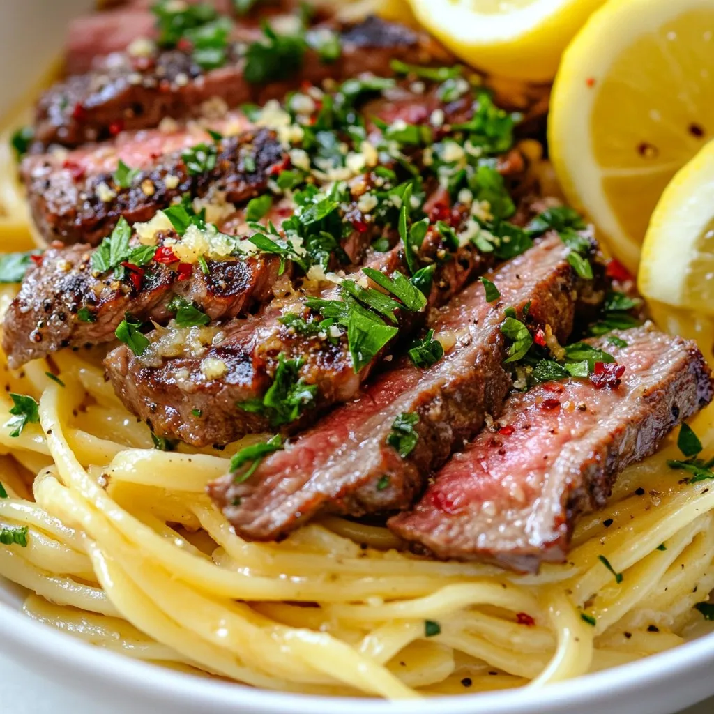 - 8 oz linguine pasta - 2 ribeye steaks (about 1-inch thick) - 4 tablespoons unsalted butter - 4 cloves garlic, minced - 1 tablespoon fresh parsley, chopped - 1 tablespoon fresh rosemary, chopped - 1 tablespoon fresh thyme, chopped - 1 teaspoon smoked paprika - 1 teaspoon lemon juice - 1 teaspoon red pepper flakes (optional for spice) - Salt and freshly ground black pepper, to taste - Grated Parmesan cheese, for serving - Lemon wedges, for serving {{ingredient_image_1}} Using a meat thermometer is key. It tells you when the steak is ready. For medium-rare, aim for 130°F. Insert the probe into the thickest part of the steak. This method ensures that your steak is juicy and tender. Resting the steak is just as important. Let it sit for at least five minutes. This helps the juices redistribute, making every bite flavorful. When you slice the steak, cut against the grain. This technique makes the meat easier to chew. To make your sauce just right, use reserved pasta water. Start with a few tablespoons and mix. If the sauce is too thick, add more water until it’s creamy. This water adds starch, which helps the sauce cling to the pasta. Balancing flavors is essential. Taste your sauce as you go. If it’s too salty, add a squeeze of lemon juice. If you want more depth, sprinkle in extra smoked paprika. For extra flavor, consider toppings. Grated Parmesan cheese is a must. You can also add chopped green onions or crispy bacon bits. They add a nice crunch and a burst of flavor. If you want to switch up the pasta, try fettuccine or spaghetti. Both work well with the cowboy butter sauce. Feel free to experiment with different shapes to find your favorite! If you want to try a different cut of steak, many options exist. You can use sirloin or flank steak instead of ribeye. These cuts are tasty and often more affordable. Here are some cooking times for various cuts: - Sirloin: Cook for about 5-6 minutes per side for medium-rare. - Flank: Cook for 4-5 minutes per side for medium-rare. - T-bone: Cook for 6-7 minutes per side for medium-rare. Each cut has its own unique flavor and texture. Choose what you prefer! If you're looking for a vegan or vegetarian version, many options work well. Instead of steak, try plant-based proteins like tofu or tempeh. You can marinate and grill them just like steak for extra flavor. To replace the butter, consider using plant-based butters or olive oil. Both options add richness without the dairy. You can easily change the flavors in this dish. Adding spices like cumin or chili powder can give it a kick! Fresh herbs like basil or cilantro can also add a new twist. Don’t forget about veggies! You can toss in bell peppers, spinach, or mushrooms to boost the dish's nutrition and color. Just sauté them in the cowboy butter sauce before mixing in the pasta. Pro Tips Rest the Steaks: After cooking, let the steaks rest for at least 5 minutes. This allows the juices to redistribute, resulting in a more flavorful and tender bite. Use Fresh Herbs: Fresh herbs elevate the flavor of the cowboy butter. Always opt for fresh parsley, rosemary, and thyme for a more aromatic and vibrant dish. Customize the Spice Level: Adjust the amount of red pepper flakes based on your heat preference. You can also add a pinch of cayenne for an extra kick. Save Some Pasta Water: Reserve a cup of pasta water before draining. It can help adjust the consistency of the sauce and make it cling better to the pasta. {{image_2}} To keep your Cowboy Butter Steak Linguine fresh, use airtight containers. Glass containers work well, as they don’t absorb smells. Store leftovers in the fridge for up to three days. Always label your containers with the date. This way, you know how long they have been stored. For reheating, the skillet method is best. Heat a little olive oil in a pan. Add the pasta and steak, stirring gently. This keeps the flavors intact. If the sauce seems thick, add a splash of reserved pasta water. This helps restore that creamy texture. You can freeze Cowboy Butter Steak Linguine, but it’s best to freeze the pasta and sauce separately. Use freezer-safe bags or containers. Squeeze out all the air to prevent freezer burn. For best results, freeze it for no longer than three months. To thaw, leave it in the fridge overnight. Reheat it gently in a skillet, adding a bit of water to keep it moist. Cowboy butter is a rich, flavorful sauce made with butter, herbs, and spices. It's perfect for adding a kick to steaks and pasta. You can use it on grilled meats, seafood, or even veggies. This sauce gives a tasty twist to any dish. Yes, you can use gluten-free pasta for this recipe. Look for options made from rice, quinoa, or chickpeas. These alternatives cook well and blend nicely with the cowboy butter sauce. Just make sure to follow the package instructions for cooking times. To spice up your Cowboy Butter Steak Linguine, add more red pepper flakes. You can also include diced jalapeños or a splash of hot sauce. Stir these in while you make the cowboy butter sauce. Adjust the heat to your taste. Great sides for this dish include a fresh green salad or garlic bread. Steamed asparagus or roasted vegetables also complement the flavors. You could even serve it with a side of creamy mashed potatoes for a hearty meal. This blog post shared how to make a tasty Cowboy Butter Steak Linguine. We covered the key ingredients, from ribeye steaks to fresh herbs. You learned step-by-step instructions for cooking pasta and preparing the steaks. Tips and tricks helped you perfect your dish, while variations showed you how to customize it. Lastly, we discussed storage info to keep leftovers fresh. Enjoy trying this recipe at home. It's simple and will impress everyone at your table. Happy cooking!