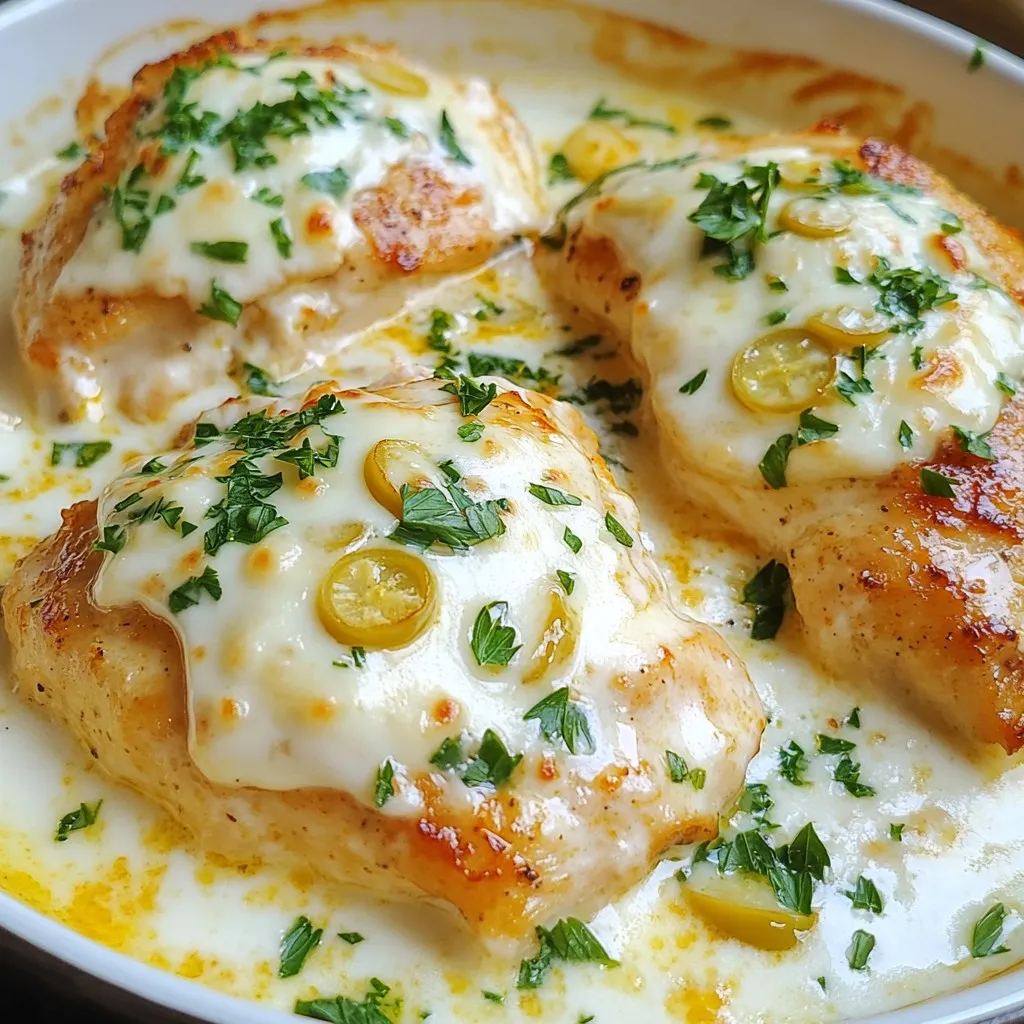 - 4 boneless, skinless chicken breasts - 1 tablespoon olive oil - Salt and pepper to taste - 1 cup sliced pepperoncini peppers (jarred) - 1 cup chicken broth - 1 cup heavy cream - 1 tablespoon garlic, minced - 1 teaspoon onion powder - 1 teaspoon Italian seasoning - 1 cup shredded mozzarella cheese - Fresh parsley, chopped for garnish The main ingredients create a perfect mix. The chicken breasts are the star of the dish. They soak up flavors and stay juicy. Pepperoncini adds a tangy kick that shines through. Heavy cream gives the sauce its rich and creamy texture. I recommend using salt and pepper to taste. These will enhance the chicken's natural flavor. Onion powder and Italian seasoning add depth to the dish. Garlic brings a fresh aroma that makes you hungry. For garnishes, sprinkle chopped parsley on top. This adds a fresh touch and color. You can also add extra slices of pepperoncini for more zing. For side dishes, garlic bread pairs well. A fresh green salad adds crunch and balance. These options turn your meal into a feast. {{ingredient_image_1}} First, take your chicken breasts. Season both sides with salt and pepper. This adds great flavor. Next, heat a large skillet over medium heat. Add one tablespoon of olive oil. Once the oil is hot, place the chicken in the skillet. Sear the chicken for about 5-7 minutes on each side. Look for a golden brown color. This step seals in the juices. When cooked, remove the chicken and set it aside. In the same skillet, add minced garlic. Sauté it for about 30 seconds. You want it to smell nice but not burn. Then, pour in one cup of chicken broth. Bring it to a gentle simmer. Be sure to scrape up any browned bits from the bottom. This adds flavor. Now, stir in one cup of heavy cream. Add the sliced pepperoncini, onion powder, and Italian seasoning. Mix everything well. Let this sauce simmer for about 3-4 minutes. You want it to thicken slightly. Return the chicken to the skillet. Spoon the creamy sauce over the top. Now, sprinkle one cup of shredded mozzarella cheese on the chicken. Cover the skillet and let it cook for another 3-4 minutes. The cheese should be melted and bubbly at this point. Finally, garnish with chopped fresh parsley before serving. This adds a nice touch and color. Enjoy your creamy pepperoncini chicken! To cook juicy chicken, start with good seasoning. Use salt and pepper on both sides. This helps the chicken stay moist and tasty. Sear the chicken breasts in hot olive oil. Cook for about 5-7 minutes on each side. Look for a golden brown color. This adds flavor and keeps the juices inside. After searing, always set the chicken aside before making the sauce. This step helps prevent overcooking. For a creamy sauce, use heavy cream as your base. Start with chicken broth in the pan. This adds depth to the flavor. Scrape any brown bits from the pan. These bits add extra taste to your sauce. Stir in the cream and let it simmer. This thickens the sauce just right. If you want it thicker, cook a bit longer. If it’s too thick, add a splash of broth. Always taste as you go for the best results. Serve your creamy pepperoncini chicken directly from the skillet. This makes for a rustic and inviting look. Top with fresh chopped parsley for color and flavor. You can add some extra pepperoncini slices for a kick. Pair the dish with garlic bread or a fresh salad. This balances the richness of the chicken. Enjoy your meal with family or friends for a delightful dining experience! Pro Tips Use Fresh Ingredients: For the best flavor, opt for fresh garlic and high-quality chicken. Fresh ingredients elevate the dish significantly. Adjust Spice Level: If you prefer a spicier dish, add some crushed red pepper flakes or use hotter pepperoncini peppers in the recipe. Thicken the Sauce: For a creamier sauce, let it simmer longer to reduce it further, or whisk in a bit of grated Parmesan cheese for extra richness. Meal Prepping: This dish is perfect for meal prep! Cook a batch and store it in individual containers for an easy weeknight dinner. {{image_2}} You can swap out chicken for other proteins. Try using turkey or pork for a change. Both work well in this dish. If you prefer beef, thinly sliced steak is a great option. Each protein will add a unique flavor. Just adjust the cooking time as needed. Adding vegetables is a fun twist. Bell peppers, zucchini, or spinach mix well with this dish. You can sauté them with garlic before adding the cream. This adds color and nutrition. Use about one cup of veggies for balance. They will cook tender and soak up the sauce. If you like it hot, add more pepperoncini. For a milder taste, reduce the amount. You can also use different peppers. Jalapeños or banana peppers bring heat or sweetness. Adjust based on your spice tolerance. Taste the sauce as you go for the best results. To keep your creamy pepperoncini chicken fresh, store it in an airtight container. Allow the dish to cool to room temperature before sealing it. This helps avoid moisture buildup. You can keep the leftovers in the fridge for up to three days. When you are ready to eat, just take it out and enjoy! Reheat the creamy pepperoncini chicken on the stove for the best taste. Use a medium heat and add a splash of chicken broth to keep it moist. Stir gently until heated through. You can also microwave it for a quick meal. Just cover it loosely and heat for 1-2 minutes. Check for warmth before serving. If you want to save more, freezing is a great option. First, let the chicken cool completely. Then, place it in a freezer-safe container. You can also use freezer bags. Make sure to remove as much air as possible. This helps prevent freezer burn. The dish can stay frozen for up to three months. When you’re ready to eat, thaw it in the fridge overnight and reheat as mentioned earlier. Yes, you can make Creamy Pepperoncini Chicken Skillet ahead of time. Cook the chicken and sauce as usual. Allow it to cool before storing it in the fridge. This dish keeps well for about three days. When you’re ready to eat, reheat the skillet on low heat until warm. You may need to add a splash of chicken broth to keep it creamy. This chicken dish pairs well with several sides. Here are some great options: - Garlic bread - Steamed rice - Mashed potatoes - Fresh green salad These sides enhance the meal's flavor and add variety to your plate. They help soak up the tasty sauce, too. To make this recipe gluten-free, follow these steps: - Use gluten-free chicken broth. - Check the labels on all ingredients for hidden gluten. - Avoid any sauces or mixes that contain wheat. By using these swaps, you can enjoy this creamy delight without worry. You can create a delicious Creamy Pepperoncini Chicken Skillet using fresh ingredients. This dish's key components, helpful tips, and variations make it a fun option. I shared step-by-step instructions to guide you through cooking. You can impress others with your cooking skills and enjoy a tasty meal. Remember to try different proteins and veggies to keep it fresh. Store your leftovers properly to savor them later. Enjoy while exploring this fun recipe, and bring joy to your kitchen!