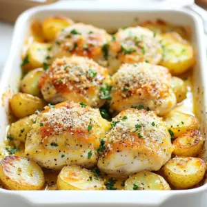 - 4 boneless, skinless chicken breasts - 1 lb baby potatoes, halved - 1/2 cup grated Parmesan cheese - 4 cloves garlic, minced - 1/4 cup olive oil - 1 teaspoon dried oregano - 1 teaspoon dried thyme - Salt and pepper to taste - Fresh parsley, chopped (for garnish) Gather these ingredients to make a tasty Garlic Parmesan Chicken & Potatoes dish. The chicken breasts are the stars of the show. They stay juicy and absorb the flavor well. The baby potatoes offer a nice, tender bite. Halving them lets the flavors seep in better. Garlic is key in this recipe. It adds a rich, savory taste. The olive oil helps in cooking and adds a nice touch. Oregano and thyme bring a warm, herby flavor. Adjust salt and pepper to your liking for a well-seasoned dish. For garnish, fresh parsley adds color and a pop of flavor. It brightens up the meal and makes it look more appealing. Enjoy every bite of this delicious dinner! {{ingredient_image_1}} - Preheat the oven to 400&deg;F (200&deg;C). - Prepare baby potatoes by halving them. Start your cooking by heating your oven. This helps the meal cook evenly. Next, take your baby potatoes and cut them in half. This step helps them cook faster and soak up the flavors. - Combine potatoes, garlic, olive oil, oregano, thyme, salt, and pepper in a large bowl. In a big bowl, toss the halved potatoes with minced garlic. Add olive oil, oregano, thyme, salt, and pepper. Mix the ingredients well. You want every potato piece to be coated. This makes each bite flavorful and tasty. - Spread potatoes and chicken in a baking dish. - Apply the Parmesan cheese mixture to chicken. - Bake for 25-30 minutes; broil for crispiness if desired. Now, grab a baking dish. Spread the seasoned potatoes on one side. Place the chicken on the other side. In a small bowl, mix grated Parmesan cheese with a bit of olive oil. Spread this mixture on top of each chicken breast. Bake the dish for 25-30 minutes. Check that the chicken is cooked through. An internal temperature of 165&deg;F (74&deg;C) is safe. For a crispy top, broil for 2-3 minutes if you like. Enjoy the amazing smell as it cooks! To ensure your chicken is cooked through, use a meat thermometer. The chicken should reach 165&deg;F (74&deg;C). This step keeps the chicken juicy and safe to eat. Letting the dish rest for a few minutes helps the juices settle. This makes each bite more flavorful and moist. You can substitute other herbs or spices to boost flavor. Try rosemary or basil for a different twist. Choosing high-quality Parmesan cheese matters. A richer cheese adds depth to the dish. Freshly grated cheese often tastes best and melts beautifully. Use a sturdy baking dish for even cooking. A glass or metal dish works well. Gather tools like mixing bowls and measuring spoons for quick prep. This will make your cooking process smooth and fun. Pro Tips Marinate for More Flavor: For an even richer taste, marinate the chicken breasts in olive oil, garlic, and herbs for at least 30 minutes before cooking. Choose the Right Potatoes: Baby Yukon Gold or red potatoes work best for this recipe as they hold their shape and provide a creamy texture when cooked. Use Fresh Herbs: Fresh oregano and thyme can enhance the flavor profile significantly compared to dried herbs. Rest Before Serving: Allow the chicken to rest for about 5 minutes after baking. This helps the juices redistribute, keeping the meat moist. {{image_2}} You can swap chicken for turkey if you want. Turkey gives a similar taste and texture. Another option is tofu for a plant-based meal. Tofu absorbs flavors well, making it a great choice. When it comes to potatoes, you can use red potatoes or sweet potatoes. Red potatoes bring a creamy texture. Sweet potatoes add a hint of sweetness to the dish. To brighten up the dish, add lemon zest. A little zest adds freshness and a zingy taste. You can also try different cheeses for a unique twist. Mozzarella gives a gooey texture, while cheddar adds sharpness. Baking times can vary by oven, so check your chicken early. If you have a slow cooker, you can make this dish, too. Just cook on low for about 4-6 hours. This method makes the chicken very tender and juicy. To keep your Garlic Parmesan Chicken & Potatoes fresh, store them in an airtight container. This helps lock in moisture and flavor. Let the dish cool down before you seal it. You can keep it in the fridge for about 3 to 4 days. After that, the taste may fade, and food safety could be at risk. If you want to freeze this dish, follow these steps: - First, let it cool completely. - Then, place the chicken and potatoes in a freezer-safe container. - Make sure to leave some space in the container for expansion. - Label the container with the date and contents. This way, you won&rsquo;t forget what&rsquo;s inside. It can stay frozen for up to three months. When you&rsquo;re ready to eat, thaw it in the fridge overnight for the best flavor. To reheat your Garlic Parmesan Chicken & Potatoes, use these methods: - Preheat your oven to 350&deg;F (175&deg;C). - Place the dish in a baking pan and cover it with foil. - Heat for about 20-25 minutes until warm. - You can add a splash of chicken broth or olive oil to keep it moist. This helps prevent the chicken from drying out. If you want a crispy top, uncover it for the last 5 minutes. Enjoy every bite! Can I prepare Garlic Parmesan Chicken & Potatoes ahead of time? Yes, you can prep this dish ahead. Mix the potatoes and seasonings and store them in the fridge. Season the chicken and keep it separate until you are ready to bake. What side dishes pair well with this recipe? This meal pairs great with a green salad or steamed vegetables. You might also enjoy some crusty bread to soak up any sauce. How do I adjust cooking times for larger portions? For larger portions, increase the baking time. Check the chicken&rsquo;s internal temperature and ensure it reaches 165&deg;F (74&deg;C). Potatoes may also need a bit more time to cook through. Is Garlic Parmesan Chicken & Potatoes a healthy meal option? Yes, it can be a healthy meal. It has lean protein from chicken and fiber from potatoes. The dish also uses olive oil, which is a good fat. What is the calorie count per serving? Each serving has about 400 calories. This includes chicken, potatoes, and cheese. Adjust portion sizes for different calorie needs. What to do if chicken is not fully cooked? If the chicken is undercooked, return it to the oven. Bake it for an extra 5-10 minutes. Always check the internal temperature. Fixing dry chicken issues after baking. If the chicken turns out dry, consider adding a sauce or broth. You can also serve it with a creamy dressing to add moisture. This blog post covered how to make Garlic Parmesan Chicken and Potatoes. We explored each ingredient and the steps to prepare this dish. Remember the main tips: check chicken doneness and let the dish rest before serving. You can easily switch up ingredients or try different cooking methods. Store leftovers properly for the best taste later. Cooking this dish allows for creativity, so don&rsquo;t hesitate to experiment. Enjoy your meal, and happy cooking!