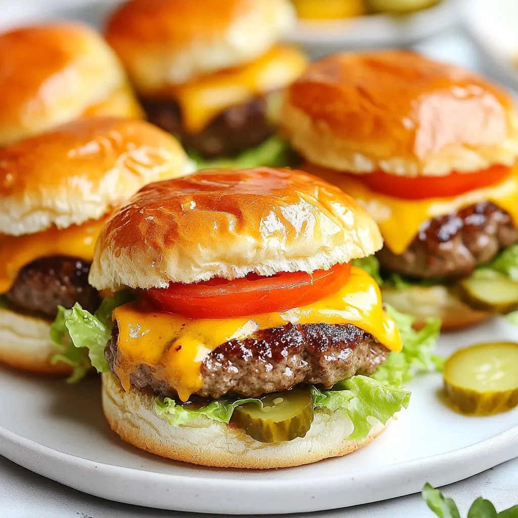 - 1 lb ground beef (80/20 blend for juiciness) - 1 teaspoon garlic powder - 1 teaspoon onion powder - Salt and pepper to taste - 6 slider buns - 6 slices of cheddar cheese - 1/2 cup mayonnaise - 1/4 cup ketchup - 1/4 cup mustard - 1 cup shredded lettuce - 1 medium tomato, sliced - Dill pickle slices for topping The first step in making cheeseburger sliders is gathering your ingredients. I recommend using an 80/20 blend of ground beef. This mix keeps your sliders juicy and flavorful. Garlic and onion powders add a nice kick. Don’t forget to season with salt and pepper. Next, you need slider buns. These small breads hold the sliders well. Choose soft buns for the best taste. Cheddar cheese brings everything together. It melts beautifully over the patties. You can also use other cheeses if you wish. For sauces, I like a mix of mayonnaise, ketchup, and mustard. This combo adds creaminess and tang. Finally, fresh toppings make your sliders pop. Shredded lettuce adds crunch. Slices of tomato bring freshness. Dill pickles give a nice zing. With these ingredients, you're ready to create tasty cheeseburger sliders. Each bite will be a juicy delight! {{ingredient_image_1}} Combining Ingredients Start by getting a bowl. Add 1 pound of ground beef to it. Use an 80/20 blend for the best flavor. Then, sprinkle in 1 teaspoon of garlic powder and 1 teaspoon of onion powder. Add salt and pepper to taste. Mix gently with your hands until just combined. Shaping the Patties Divide the mixture into 6 equal parts. Shape each part into a patty. Make a small dent in the center of each patty. This helps them cook evenly and not puff up. Grill or Skillet Method Preheat your grill or skillet to medium-high heat. Carefully place each patty on the grill or skillet. Cook for about 3 to 4 minutes per side for medium-rare. Adding Cheese for Melting During the last minute of cooking, place a slice of cheddar cheese on each patty. This allows the cheese to melt perfectly over the meat. Toasting the Slider Buns While the burgers cook, take your slider buns and slice them in half. Toast them lightly on the grill or in a pan until golden brown. Layering the Ingredients In a small bowl, mix mayonnaise, ketchup, and mustard together for a tasty sauce. Spread a bit of sauce on the bottom half of each toasted bun. Place a cheeseburger patty on top. Add shredded lettuce, a slice of tomato, and a few pickle slices. Finally, cap it with the top half of the bun. Enjoy your sliders right away! Choosing the Right Meat Blend I like to use an 80/20 blend of ground beef. This mix has enough fat to keep the sliders juicy. The fat adds great flavor and moisture. Avoid lean beef, as it can dry out during cooking. Indentation Technique Make a small indentation in the center of each patty. This trick helps keep the sliders flat while they cook. Without it, the patties might puff up, which can ruin their shape. Unique Seasoning Suggestions Besides garlic and onion powder, you can add fun spices. Try smoked paprika for a smoky taste. A pinch of cayenne can add heat. Experiment with your favorite seasonings to find your perfect mix. Customizing Sauces Mixing mayo, ketchup, and mustard creates a tasty sauce. You can add a splash of hot sauce for spice or a sprinkle of herbs for freshness. Try different combinations to match your taste. Ideal Sides for Cheeseburger Sliders Serve your sliders with crispy fries or a light salad. Sweet potato fries add a nice twist. Coleslaw is another good option. It adds crunch and balances the flavors. Presentation Tips Stack sliders neatly on a platter. Use small skewers to hold them together. Add colorful toppings like lettuce and tomato for a fresh look. A side of pickles always pleases. Pro Tips Use Quality Meat: Opt for an 80/20 blend of ground beef for juiciness and flavor. Leaner meat might result in drier burgers. Indent the Patties: Make a small indentation in the center of each patty to prevent them from puffing up while cooking. Toast the Buns: Lightly toasting the buns adds a delightful crunch and keeps them from becoming soggy when assembled. Customize Your Toppings: Feel free to add your favorite toppings like bacon, avocado, or different sauces to elevate your sliders. {{image_2}} You can use many cheese types for sliders. Cheddar is popular, but don't stop there. Try Swiss for a nutty flavor. Gouda adds a creamy taste. Pepper jack gives a nice kick. If you want something plant-based, look for vegan cheese. Options like cashew cheese or almond cheese melt well and taste great. If you want a lighter option, swap beef for turkey or chicken. Ground turkey is lean and tasty. You can also try chicken sliders for a different twist. For plant-based eaters, use black bean or lentil patties. These options still give you a great texture and flavor. Want to spice things up? Add jalapeños to your patties for heat. You can mix a bit of hot sauce into the meat. For a sweet twist, try BBQ sauce in place of ketchup. Teriyaki sauce is another fun option, giving your sliders a sweet and savory vibe. Each variant adds a unique taste, so feel free to experiment! Refrigeration Tips To keep your leftover cheeseburger sliders fresh, store them in an airtight container. Place them in the fridge within two hours after cooking. They will stay good for about 3-4 days. If you want to keep them longer, freezing is a great option. Freezing for Later Use To freeze sliders, wrap each one tightly in plastic wrap. Then, place them in a freezer-safe bag or container. They can last for up to 3 months in the freezer. When you’re ready to enjoy them, just thaw in the fridge overnight. Best Methods for Reheating The best way to reheat cheeseburger sliders is in the oven. Preheat the oven to 350°F (175°C) and place the sliders on a baking sheet. Heat for about 10-15 minutes until warmed through. You can also use a microwave, but it may make the buns soft. Tips to Maintain Quality To keep the sliders tasty, cover them with foil while reheating in the oven. This helps hold in moisture. If using a microwave, place a damp paper towel over the sliders. This keeps them from drying out and helps maintain their flavor. You can prep cheeseburger sliders early. Start by making the patties. Shape them and store them in the fridge. This keeps them fresh for up to a day. You can also prepare the sauce and toppings. Mix the mayonnaise, ketchup, and mustard in advance. Store them in small containers. When you are ready to cook, just grill the patties and assemble the sliders. This method saves you time and makes serving easy. Yes, you can bake cheeseburger sliders. Preheat your oven to 350°F. Place the formed patties on a baking sheet. Bake for about 15-20 minutes. Flip them halfway through for even cooking. In the last few minutes, add the cheese on top. This melts it perfectly. You can also use a covered baking dish. It helps keep the sliders moist. Baking gives you a great option when grilling is not possible. Customizing cheeseburger sliders is fun! Start with toppings like bacon, avocado, or jalapeños. You can also change the cheese. Try Swiss, pepper jack, or blue cheese for a twist. Add unique sauces like barbecue or sriracha for extra flavor. Experiment with fresh herbs like basil or cilantro. Let your taste guide you. Each slider can be a new creation, making it exciting for every meal. In this blog post, we covered how to make tasty cheeseburger sliders. We explored the main ingredients, like ground beef and cheese, and how to prepare, cook, and assemble them. I shared tips for juicy sliders and ways to enhance flavor. You also learned about tasty variations and storage info. Now, you’re ready to create your own sliders at home. Get creative with toppings and flavors. Enjoy the process and your delicious sliders!