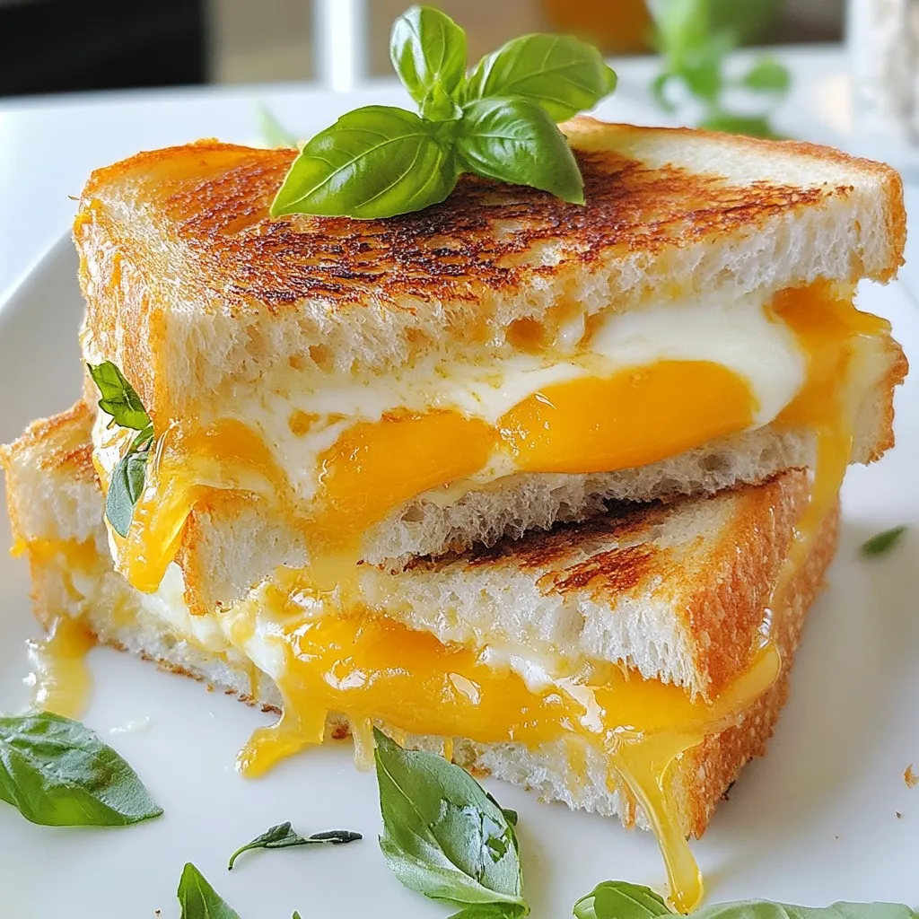 - 6 Hawaiian rolls, split in half - 1 cup shredded sharp cheddar cheese - 1/2 cup shredded mozzarella cheese - 1/4 cup cream cheese, softened - 2 tablespoons butter, softened - 2 tablespoons fresh basil, chopped - 1 tablespoon honey - Salt and pepper to taste You can swap Hawaiian rolls for dinner rolls if needed. For cheese, use gouda or provolone. Cream cheese can be changed to ricotta for a lighter option. If you don’t have fresh basil, dried basil works too, but use less. Honey can be replaced with agave syrup or maple syrup for sweetness. Using high-quality ingredients makes a big difference. Fresh cheese melts better and tastes richer. Good rolls add a nice sweetness and soft texture. Fresh herbs like basil bring bright flavors to your dish. Always aim for the best quality you can find. Your grilled cheese will taste amazing! {{ingredient_image_1}} To start, gather your ingredients. You will need 1 cup of sharp cheddar cheese, 1/2 cup of mozzarella cheese, and 1/4 cup of softened cream cheese. In a medium bowl, mix the cheddar and mozzarella together. Then, add the cream cheese. Stir until the cheeses blend well. Next, add 2 tablespoons of chopped fresh basil and 1 tablespoon of honey. Season this mixture with salt and pepper to taste. Now, let’s cook! First, take your 6 Hawaiian rolls and split them in half. Spread a thin layer of softened butter on the cut sides of each roll. Heat a skillet over medium heat. Place the bottom halves of the rolls in the skillet. Spoon the cheese mixture onto each bottom half. Then, place the top halves back on. Grill for 3-4 minutes, pressing down gently with a spatula. This helps the cheese melt. When the bottoms are golden brown, carefully flip each sandwich. Grill the other side for another 3-4 minutes until both sides are golden and the cheese is melted. To serve, slice each sandwich in half. Place them on a colorful platter. For a nice touch, garnish with a sprig of basil and drizzle some honey on top. This not only looks good but adds extra flavor. Enjoy your Hawaiian Roll Grilled Cheese warm for the best taste! To get that perfect grilled cheese texture, use a skillet over medium heat. Avoid high heat; it burns the bread. Spread butter on both sides of the rolls. This helps them crisp up nicely. Use a mix of sharp cheddar and mozzarella for flavor and stretch. Press down gently with a spatula while grilling. This helps the cheese melt evenly. Flip the sandwich carefully for even browning. Hawaiian Roll Grilled Cheese pairs great with dips. Try a simple marinara sauce. It adds a nice, tangy flavor. You can also use ranch or a creamy garlic dip. For sides, fresh fruit works well. Pineapple or melon add a sweet touch. Chips or a small salad also make good options. They balance the richness of the cheese. One common mistake is not using enough cheese. Too little cheese makes the sandwich dry. Another mistake is not letting the skillet heat enough. This leads to soggy bread. Avoid flipping too soon; let it brown first. Lastly, don’t skip seasoning. A pinch of salt and pepper makes a big difference in taste. Pro Tips Use Fresh Ingredients: Always opt for fresh basil and quality cheeses to enhance the flavor of your grilled cheese. Control the Heat: Cook on medium heat to ensure the cheese melts perfectly without burning the bread. Add a Twist: Experiment with different cheese combinations or add vegetables like spinach or tomatoes for extra flavor. Perfect the Grill: Use a cast-iron skillet for even heat distribution, resulting in perfectly golden, crispy sandwiches. {{image_2}} You can make your Hawaiian Roll Grilled Cheese even better by adding proteins or veggies. Try adding cooked bacon or sliced turkey for extra flavor. Grilled chicken works well too. If you want some crunch, add thin slices of bell peppers or spinach. These additions give you more taste and nutrition. Mix and match to find your favorite combo! While sharp cheddar and mozzarella are great, feel free to explore other cheese options. Gouda adds a nice smoky flavor, while pepper jack gives a spicy kick. For a creamy twist, try brie or fontina. You can also mix different cheeses for a richer taste. With so many choices, you can create a new grilled cheese each time! Don’t forget about seasonings and sauces to boost flavor. A sprinkle of garlic powder or red pepper flakes can add a nice zing. You can drizzle some balsamic glaze or sriracha on top for an exciting twist. Honey, which you already use, adds sweetness. The right sauce can turn a simple sandwich into something special. Experiment with flavors to find what you love! To store leftover grilled cheese, let it cool first. Wrap each sandwich in plastic wrap or foil. Place them in an airtight container. This keeps them fresh and prevents drying. Store in the fridge for up to three days. For the best reheating, use a skillet. Heat it over medium-low heat. Place the sandwich in the skillet and cover it with a lid. This keeps the cheese melting while the bread warms. Grill each side for about three minutes. You can also use a toaster oven for a crispy finish. If you want to freeze grilled cheese, wrap each sandwich well. Use plastic wrap and then foil. This helps prevent freezer burn. You can freeze them for up to three months. To reheat, let them thaw in the fridge overnight. Then, use the skillet method for a fresh taste. Yes, you can use other rolls. Try brioche or dinner rolls if you want. These types are soft, sweet, and work great. Each roll adds a unique taste. Just ensure they can hold the filling well. You can use ricotta or goat cheese instead. They both offer a creamy texture. If you seek a lighter option, try Greek yogurt. It adds a tangy flavor while keeping it creamy. Grilled cheese can last up to three days in the fridge. Wrap them well in plastic wrap or foil. This keeps them fresh and tasty. When ready to eat, reheat in a skillet for best results. We explored the key ingredients for great grilled cheese and discussed high-quality options. I shared detailed steps for preparation, cooking, and serving fun ideas. You learned tips for perfect texture, pairing sides, and avoiding common mistakes. We've covered tasty variations with proteins, vegetables, and flavor boosts. Finally, I provided storage info and answered your common grilled cheese questions. Now you're ready to make the best grilled cheese ever! Enjoy every bite!