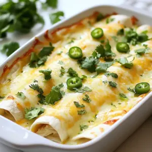 To create delicious white chicken enchiladas, you need some key ingredients. These items come together to make a creamy, flavorful dish that everyone loves. Here&rsquo;s what you will need: - 2 cups cooked chicken, shredded - 1 cup cream cheese, softened - 1 cup sour cream - 1 cup shredded Monterey Jack cheese - 1 can (10 oz) diced green chilies - 1 tablespoon taco seasoning - 8 small flour tortillas - 1 cup chicken broth - 1 tablespoon olive oil - Fresh cilantro, chopped (for garnish) - Sliced jalape&ntilde;os (optional, for a spicy kick) You can find these ingredients at your local grocery store. Each ingredient plays a role in building flavor and creaminess. The shredded chicken brings protein, while the cream cheese and sour cream create a rich base. Monterey Jack cheese adds a cheesy texture. Diced green chilies give a hint of spice. Taco seasoning adds depth and warmth. Tortillas hold the filling together, making each bite a delight. Chicken broth keeps the enchiladas moist as they bake. Olive oil helps the broth mix well with the other ingredients. For garnishes, cilantro adds freshness, and jalape&ntilde;os can spice it up if you like. These ingredients will help you make a comforting dish that is both simple and satisfying. {{ingredient_image_1}} 1. Preheating the oven Start by preheating your oven to 350&deg;F (175&deg;C). This sets the stage for baking. 2. Mixing the filling In a large mixing bowl, combine the shredded chicken, cream cheese, sour cream, diced green chilies, taco seasoning, and half of the Monterey Jack cheese. Stir until everything blends well. This mixture brings all the flavors together. 3. Preparing the tortillas Warm the tortillas in a dry skillet for about 30 seconds on each side. This step helps the tortillas become soft and easy to roll. If they are too stiff, they may crack when you roll them. 4. Assembling the enchiladas Spoon about 1/4 cup of the chicken mixture into each tortilla. Carefully roll up the tortilla and place it seam side down in a greased 9x13 inch baking dish. Make sure they fit snugly together. 5. Adding broth and baking In a small saucepan, heat the chicken broth and olive oil together. Pour this mixture evenly over the assembled enchiladas. Top with the remaining Monterey Jack cheese. Cover the dish with aluminum foil. Bake for 20 minutes, then remove the foil and bake for an additional 10-15 minutes. The cheese should bubble and turn slightly golden. After baking, let the enchiladas cool for a few minutes. Garnish with chopped cilantro and sliced jalape&ntilde;os for an extra kick. - Ensuring the tortillas stay pliable Warm the tortillas in a dry skillet for about 30 seconds. This makes them soft and easy to roll. Avoid overheating them. If they tear, they won't hold the filling well. - Mixing the filling for optimal flavor Combine shredded chicken, cream cheese, sour cream, and green chilies in a bowl. Add taco seasoning and half the Monterey Jack cheese. Mix until smooth. This blend gives the enchiladas a creamy texture and rich taste. - Tips for even baking Pour the chicken broth and olive oil over the enchiladas before baking. This keeps them moist. Cover the dish with foil for the first part of baking. Remove the foil later to let the cheese brown. - Pairing options (sides and drinks) Serve these enchiladas with a fresh green salad or Mexican rice. A side of black beans works well too. For drinks, try a light beer or a refreshing limeade. Both complement the flavors nicely. - Presentation ideas for a festive look Garnish the enchiladas with chopped cilantro and sliced jalape&ntilde;os. This adds color and freshness. Serve on a colorful plate to make the dish pop. You can also sprinkle extra cheese on top for a cheesy finish. Pro Tips Use Rotisserie Chicken: For a quicker prep time, use store-bought rotisserie chicken instead of cooking your own. Add More Veggies: Consider adding saut&eacute;ed bell peppers or onions to the filling for extra flavor and nutrition. Cheese Variations: Experiment with different cheese blends like Pepper Jack or Cheddar for a unique twist on the classic flavor. Make Ahead: Assemble the enchiladas ahead of time and store them in the fridge until you're ready to bake for a stress-free meal. {{image_2}} - Alternative cheeses: You can swap Monterey Jack with cheddar or pepper jack. This gives a new taste. - Vegetarian options: Replace chicken with black beans or mushrooms for a meat-free dish. They work well with the creamy sauce. - Spice adjustments: If you like heat, add more taco seasoning or diced jalape&ntilde;os to the filling. You can also use a spicy cheese mix. - Slow cooker version: Combine all the filling ingredients in a slow cooker. Cook on low for 4-6 hours. After cooking, roll the mixture in tortillas and bake as usual. - Instant Pot adaptation: Cook the chicken in the Instant Pot with broth. Use the saut&eacute; mode to mix the filling. Assemble the enchiladas and bake as per the original recipe. This method saves time and is easy! - Refrigerating leftovers: Place leftover enchiladas in an airtight container. Store them in the fridge for up to four days. Make sure they cool down before sealing the container. This keeps them fresh and tasty. - Freezing tips for enchiladas: To freeze enchiladas, wrap them tightly in plastic wrap. Then, place them in a freezer-safe bag or container. They can last up to three months in the freezer. When you&rsquo;re ready to eat, thaw them in the fridge overnight before reheating. - Best practices for reheating leftovers: Preheat your oven to 350&deg;F (175&deg;C). Place the enchiladas in a baking dish. Add a splash of chicken broth to keep them moist. Cover with foil to prevent them from drying out. Heat for about 20 minutes or until hot. - Avoiding soggy tortillas: To prevent soggy tortillas, do not add too much liquid when reheating. The broth is great, but just a little goes a long way. Keep the foil on until the last few minutes to let the top get bubbly without soaking the bottom. You can use Greek yogurt or cottage cheese instead of cream cheese. Both options add creaminess and tang. Greek yogurt will give a lighter touch, while cottage cheese adds texture. Add chopped jalape&ntilde;os to the filling or top the enchiladas with hot salsa. You could also use spicy taco seasoning for extra heat. Another option is to mix in some cayenne pepper. Yes, you can prepare these enchiladas a day in advance. Assemble them, cover, and refrigerate. Just bake them when you're ready to enjoy. You may need to add a few extra minutes to the baking time. Serve the enchiladas hot, topped with fresh cilantro and sliced jalape&ntilde;os. A side of Mexican rice or a fresh salad pairs well. You can also add a drizzle of sour cream or guacamole for more flavor. You now have a complete guide to making delicious white chicken enchiladas. We covered essential ingredients, step-by-step instructions, cooking tips, and storage info. You learned how to customize recipes for different tastes and cooking methods. I hope you feel ready to create your own tasty dish. Experiment, enjoy, and share with family and friends. Happy cooking!