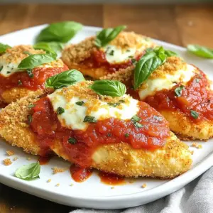 - 4 boneless, skinless chicken breasts - 1 cup breadcrumbs (preferably Italian seasoned) - 2 cups marinara sauce (homemade or store-bought) - 2 cups shredded mozzarella cheese - 1 teaspoon garlic powder - 1 teaspoon dried oregano - Fresh basil leaves, for garnish - 2 eggs (for coating) - 1/2 cup grated Parmesan cheese - Salt and pepper, to taste For this recipe, I focus on fresh and simple items. The chicken breasts are the star. They come out juicy and tender. I like using Italian seasoned breadcrumbs. They add a nice flavor. Marinara sauce gives it a rich taste. I often use store-bought sauce, but homemade is great too! The cheese is key. I use shredded mozzarella for that gooey melt. A sprinkle of grated Parmesan on top adds a nice crunch. For seasoning, garlic powder and oregano bring warmth and depth. Fresh basil leaves are perfect for garnish. They smell amazing and add color. This list keeps the dish easy and tasty. It&rsquo;s great for busy nights or family meals. Each ingredient plays a role in making this chicken Parmesan a hit. {{ingredient_image_1}} First, preheat your oven to 375&deg;F (190&deg;C). This step is key for even cooking. While the oven heats, season your chicken breasts. Use salt, pepper, garlic powder, and dried oregano. Rub the spices on both sides. This adds great flavor. Next, set up your dredging station. In a shallow bowl, place the two beaten eggs. This will help the coating stick. In another bowl, mix breadcrumbs with grated Parmesan cheese. This mixture gives the chicken a tasty crunch. Now, it&rsquo;s time to coat the chicken. Dip each breast into the egg first. Let the extra egg drip off. Then, coat it well in the breadcrumb mixture. Press the coating on the chicken for even coverage. After that, place the coated chicken in the baking dish. Bake the chicken in the oven for 25-30 minutes. Check that it is cooked through. The coating should be golden brown and crispy. Once baked, take the chicken out of the oven. Spoon marinara sauce evenly over each piece. Then, sprinkle shredded mozzarella cheese on top. This will melt into a gooey layer of goodness. Return the chicken to the oven for another 10-12 minutes. Keep an eye on it. The cheese should be bubbly and golden. After baking, let the chicken rest for a few minutes before serving. This helps keep it juicy. To get a nice, even coating on your chicken, make sure to follow these steps: - Dredging: Dip each chicken breast in the beaten eggs first. Shake off the extra egg before coating it in the breadcrumb mix. This helps the crumbs stick. - Press Down: After coating in breadcrumbs, press down firmly to ensure they stick well. This gives a thicker, crunchy layer. - Spray Oil: Lightly spray the coated chicken with oil before baking. This helps achieve a crispy texture. Want to boost the flavor? Here are some great tips: - Herbs and Spices: Add more herbs like thyme or parsley to the breadcrumbs. You can also mix in some chili flakes for a kick. - Sauce Choice: Homemade marinara sauce tastes fresh and flavorful. It&rsquo;s easy to make with just tomatoes, garlic, and herbs. Store-bought marinara is fine too, but look for high-quality brands without added sugar. Presentation matters! Here&rsquo;s how to serve your dish: - Plating: Place the chicken on a large platter. Drizzle extra marinara sauce on top for color. Sprinkle more Parmesan and add fresh basil on top for a gourmet look. - Side Dishes: Pair it with a simple salad or garlic bread. Roasted veggies or pasta also make great sides. Enjoy! Pro Tips Use Panko Breadcrumbs: For an extra crispy coating, consider using panko breadcrumbs instead of regular breadcrumbs. They create a lighter and crunchier texture. Marinara Sauce Options: If you have time, try making your own marinara sauce for a fresher taste! Simple ingredients like tomatoes, garlic, and basil can elevate the dish. Let Chicken Rest: Allow the chicken to rest for a few minutes after baking. This helps the juices redistribute, keeping the chicken moist and flavorful. Cheese Variations: Feel free to mix different cheeses! Adding provolone or fontina cheese can give a unique flavor and creaminess to your chicken parmesan. {{image_2}} For a twist on the classic, you can change the breading. - Panko breadcrumbs add extra crunch. They are light and crisp. - Gluten-free options work great too. Use crushed cornflakes or gluten-free breadcrumbs. These changes keep the dish delicious and cater to different diets. Mix up the toppings to make your chicken parmesan unique. - Different cheese options can surprise your taste buds. Try provolone or gouda for a rich flavor. - Adding vegetables like spinach or bell peppers boosts nutrition. Layer them before the cheese for a colorful dish. These toppings can enhance both flavor and presentation, making your meal more exciting. The sauce can change the whole dish. - White sauce variations like alfredo can offer a creamy twist. It pairs well with the chicken. - Spicy marinara options can kick up the heat. Add red pepper flakes or fresh jalape&ntilde;os for a fiery touch. Experimenting with sauces keeps every bite fresh and interesting. After you make Oven Baked Chicken Parmesan, let it cool. Place leftovers in an airtight container. Store it in the fridge for up to four days. To reheat, use the oven for best results. Preheat it to 350&deg;F (175&deg;C). Bake for about 20 minutes or until hot. You can freeze cooked chicken Parmesan. Wrap each piece in plastic wrap and then foil. Place them in a freezer bag. This helps prevent freezer burn. Thaw chicken in the fridge overnight before reheating. You can also use the microwave for quicker thawing, but it may change the texture. In the fridge, cooked chicken lasts about four days. If you freeze it, it can last up to three months. Look for signs of spoilage, like a bad smell or slimy texture. Discard any chicken that looks or smells off. Always trust your senses when it comes to food safety. Yes, you can use frozen chicken breasts. Just remember to thaw them first. To thaw, place the chicken in the fridge overnight. If you're short on time, you can also use the microwave. Cook them right after thawing to ensure safety. You can make this recipe healthier by using less cheese. Try using low-fat mozzarella and Parmesan. You can also bake without breading for fewer calories. Add more veggies, like spinach or zucchini, to boost nutrients. You can use several sauces in place of marinara. Try pesto, Alfredo, or even a homemade tomato sauce. If you want a kick, use a spicy marinara or salsa. Each option adds its unique flavor. To check if the chicken is cooked, use a meat thermometer. The internal temperature should reach 165&deg;F (75&deg;C). Also, the juices should run clear when you cut into it. Look for a golden brown coating, which is a good sign too. You now have all you need to make a delicious chicken dish. We covered the main ingredients, step-by-step instructions, and some handy tips and tricks. Remember to experiment with flavors and textures for a twist on the classic recipe. Storing leftovers correctly keeps your meal fresh longer. Don't hesitate to try variations or alternative ingredients to fit your taste. Enjoy every bite and share your culinary success. Let this meal impress your family and friends!