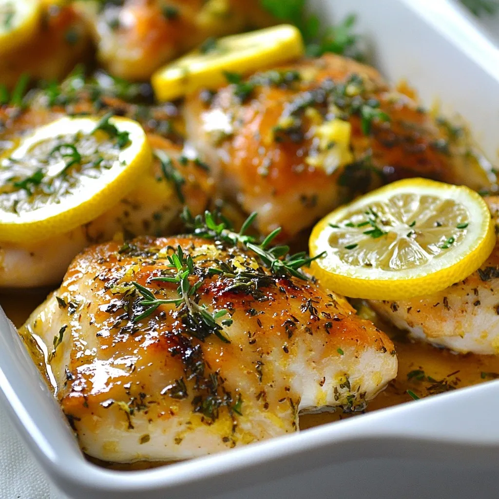 - 4 boneless, skinless chicken breasts - 2 large lemons (one for zest and juice, one sliced) - 4 cloves garlic, minced - 3 tablespoons olive oil - 2 teaspoons fresh thyme (or 1 teaspoon dried thyme) - 2 teaspoons fresh rosemary (or 1 teaspoon dried rosemary) - 1 teaspoon salt - ½ teaspoon black pepper - Fresh parsley, chopped (for garnish) - Additional lemon slices Lemon Baked Chicken starts with simple, fresh ingredients. I love using boneless, skinless chicken breasts because they cook evenly and stay moist. Fresh lemons are key. They add zest, juice, and slices that brighten the dish. The zest gives a strong flavor that makes each bite pop. For the marinade, I use garlic, olive oil, thyme, rosemary, salt, and black pepper. These seasonings blend well. They create a savory taste that pairs perfectly with the lemon. The garlic adds depth while the herbs bring a fresh aroma. When serving, I like to sprinkle fresh parsley on top. It adds a vibrant green color and a hint of freshness. Adding extra lemon slices on the side makes the dish look pretty and inviting. You can pair this chicken with steamed veggies or a light salad for a nice meal. This dish is easy to make, and it always impresses! {{ingredient_image_1}} - First, preheat your oven to 400°F (200°C). This ensures even cooking. - In a small bowl, combine the zest and juice of one lemon, minced garlic, olive oil, thyme, rosemary, salt, and pepper. This mixture makes a tasty marinade. - Next, take the chicken breasts and place them in a baking dish. Pour the marinade over the chicken. Make sure each piece is well coated. - It’s best to let the chicken marinate for at least 15 minutes. You can also refrigerate it for up to 2 hours. This extra time adds flavor. - After marinating, place sliced lemon on top of the chicken. This adds a fresh taste while cooking. - Bake the chicken in the oven for 25-30 minutes. Check for an internal temperature of 165°F (75°C). The juices should run clear when it’s done. To make your chicken burst with flavor, marinate it well. Use a mix of lemon zest, juice, olive oil, garlic, thyme, rosemary, salt, and pepper. Let it sit for at least 15 minutes. For even better taste, marinate it for up to 2 hours in the fridge. You can also add a bit of honey or Dijon mustard to the marinade. This gives a sweet and tangy twist. Check the chicken's internal temperature to avoid dry meat. It should reach 165°F (75°C) for safe eating. Use a meat thermometer to be sure. After you take the chicken out of the oven, let it rest for 5 minutes. This helps the juices stay inside, making each bite juicy. Serve the chicken on a nice platter. Add a sprig of fresh parsley and some lemon slices for a pop of color. This makes a beautiful dish for any table. Pair your lemon baked chicken with steamed veggies or a light salad for a full, elegant meal. Pro Tips Marinate Longer for More Flavor: Allowing the chicken to marinate for at least 2 hours in the refrigerator can significantly enhance the flavor. The longer it sits, the more the herbs and lemon infuse into the meat. Use a Meat Thermometer: To ensure your chicken is perfectly cooked, use a meat thermometer. The internal temperature should reach 165°F (75°C) for safe consumption. Let It Rest: After baking, let the chicken rest for at least 5 minutes before serving. This allows the juices to redistribute, making the chicken more tender and juicy. Presentation Matters: For an elegant presentation, serve the chicken on a platter with lemon slices and a sprinkle of freshly chopped parsley. This adds a pop of color and freshness to the dish. {{image_2}} You can change up the herbs in this recipe. Instead of thyme and rosemary, try oregano or basil for a twist. These herbs add their own unique flavors. If you like heat, add chili flakes to the marinade. This gives your dish a spicy kick that many love. Feel free to use chicken thighs or drumsticks instead of breasts. Bone-in cuts add a rich flavor. Just remember, cooking times will be longer. For thighs, bake for about 35-40 minutes. Always check the internal temperature to ensure it reaches 165°F (75°C). Adding vegetables to the dish makes it even better. You can toss in carrots, bell peppers, or zucchini. These vegetables roast nicely and soak up the lemon flavor. Place them around the chicken in the baking dish. This way, you create a complete meal in one pan. To keep your Lemon Baked Chicken fresh, store it in an airtight container. This helps prevent moisture loss. You can keep it in the fridge for up to three days. If you want to enjoy it later, freezing is a great option. When freezing, wrap the chicken tightly in plastic wrap, then place it in a freezer bag. This protects it from freezer burn. You can freeze it for up to three months. To reheat, thaw it in the fridge overnight. Warm it in the oven at 350°F (175°C) for about 20 minutes. Don’t let any chicken go to waste! You can shred it for salads or tacos. Add it to soups or stir-fries for extra flavor. Try making a lemon chicken pasta with your leftovers for a new meal! To check if your chicken is done, use a meat thermometer. The internal temperature should reach 165°F (75°C). This means the chicken is safe to eat. If you don’t have a thermometer, look for clear juices when you cut into the meat. If the juices run clear, it's cooked. Let the chicken rest for five minutes after baking. This helps keep it juicy and tender. Yes, you can use skin-on chicken. However, cooking times may change. Skin-on chicken takes longer to bake. Aim for 30-35 minutes at 400°F. Skin-on chicken can add extra flavor and moisture. Just make sure to check the internal temperature. It should still reach 165°F (75°C) for safety. Lemon Baked Chicken pairs great with many sides. Here are some tasty options: - Steamed vegetables: Broccoli, green beans, or asparagus. - Light salads: A simple mixed greens salad with a lemon vinaigrette. - Rice or quinoa: These grains absorb the chicken's flavors well. For wine, try a chilled Sauvignon Blanc or a light Pinot Grigio. Both wines enhance the lemony flavor of the chicken, making your meal even better. This article provided a clear guide for making lemon-baked chicken. We covered ingredients like chicken breasts, fresh lemons, and flavorful seasonings. You learned about preparation, marinating, and baking steps. We also shared tips for enhancing flavor and perfect cooking. Having tasty variations and smart storage tips helps you enjoy this dish longer. Whether you serve it with sides or repurpose leftovers, lemon-baked chicken can shine on your table. Enjoy cooking and sharing this delicious meal!