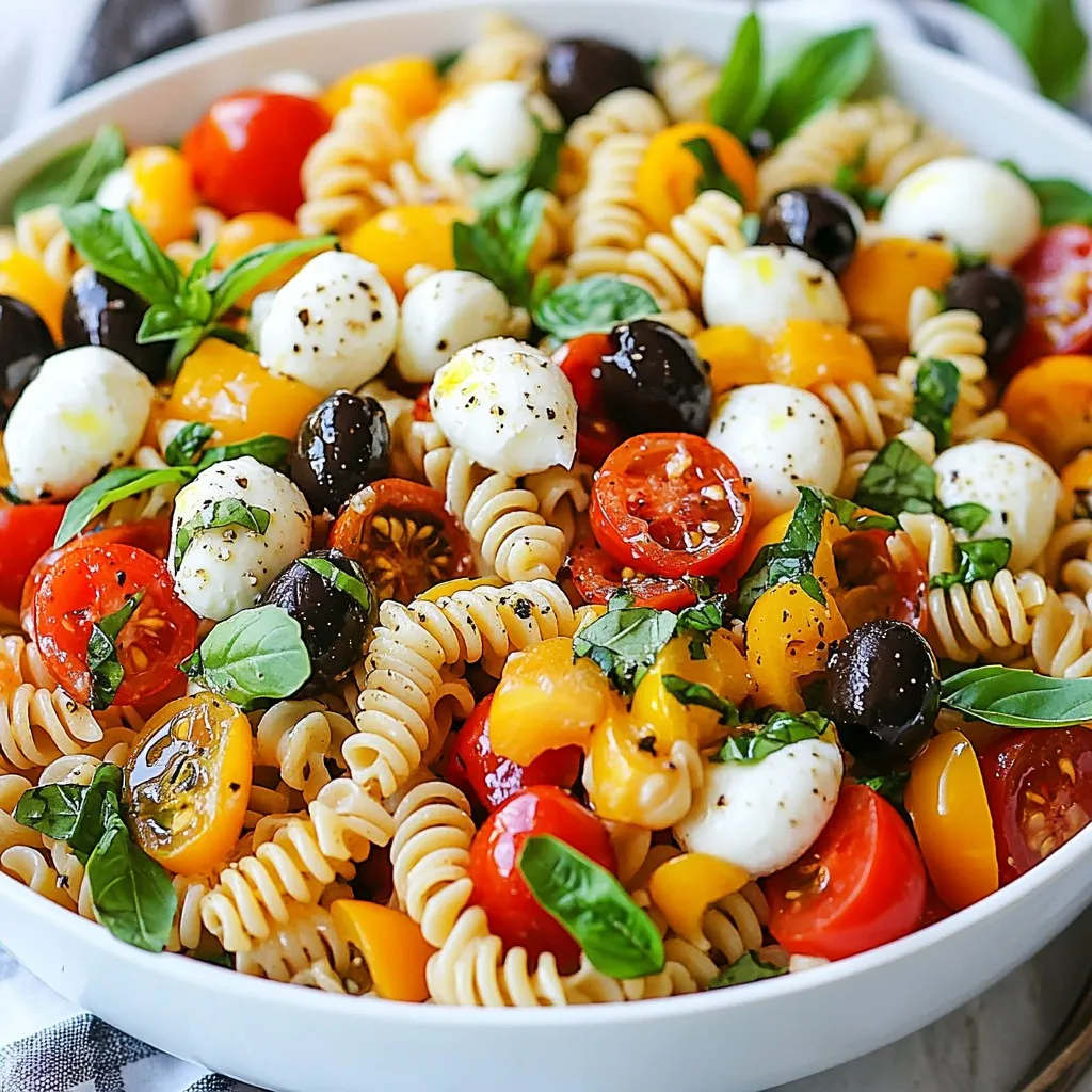 - 8 oz whole wheat pasta (or protein-infused pasta) - 1 cup cherry tomatoes, halved - 1 cup cooked chickpeas, rinsed and drained - 1/2 cup diced bell peppers (red, yellow, or green) - 1/2 cup mozzarella balls (bocconcini), halved - 1/4 cup black olives, sliced - 1/4 cup fresh basil, chopped - Optional: 1/2 cup grilled chicken, diced (for added protein) The main ingredients of this salad provide great nutrition. Whole wheat pasta or protein-infused pasta adds fiber and keeps you full. Fresh vegetables like cherry tomatoes and bell peppers add color and vitamins. Chickpeas boost protein, while mozzarella gives a creamy bite. Black olives add a salty touch, and fresh basil brightens the dish. If you want extra protein, include grilled chicken. - 3 tablespoons olive oil - 2 tablespoons balsamic vinegar - 1 teaspoon garlic powder - Salt and pepper to taste Pantry staples are key for flavor. Olive oil and balsamic vinegar create a tasty dressing. Garlic powder adds depth, while salt and pepper bring balance. These simple items enhance every bite of your salad. {{ingredient_image_1}} You can easily change the protein in this Italian protein pasta salad. Instead of chickpeas, try tuna. It adds a nice flavor and is high in protein. You can also use black beans or kidney beans. They work well and add fiber too. If you want more texture, diced grilled chicken is a great choice. Just remember to cook it first. Swap and mix until you find your favorite! A good dressing can really change this dish. If you want a tangy kick, try a lemon vinaigrette. Just mix lemon juice, olive oil, and a pinch of salt. For a creamier option, try using yogurt mixed with herbs. This gives the salad a rich taste. You can also try a spicy dressing with chili flakes. This will spice things up! Using seasonal vegetables makes this salad fresher and tastier. In summer, add zucchini or cucumbers for crunch. In the fall, try roasted pumpkin or butternut squash. These veggies bring different flavors and colors. You can also use spinach or arugula in place of basil. They add a nice peppery taste. Choose what is fresh at your market to make it special! This salad is packed with protein from several key ingredients. Whole wheat pasta offers about 7 grams of protein per serving. Adding cooked chickpeas boosts this by another 15 grams. If you include grilled chicken, that adds about 26 grams of protein. Here’s a quick breakdown: - Whole wheat pasta: 7 grams - Cooked chickpeas: 15 grams - Grilled chicken (optional): 26 grams With these ingredients, this salad can provide a great protein boost, making it perfect for active lifestyles. Each serving of this Italian protein pasta salad has around 350 to 400 calories. This count varies based on the inclusion of grilled chicken. Here’s how the calories stack up: - Whole wheat pasta: 180 calories - Chickpeas: 120 calories - Grilled chicken (optional): 120 calories The salad remains light while still being filling, so you can enjoy it without worry. This salad is not just tasty; it’s also nutritious. Whole wheat pasta gives you fiber, which helps digestion. Chickpeas are full of protein and iron, great for energy. Fresh veggies like bell peppers and tomatoes add vitamins A and C, which support your immune system. Olive oil provides healthy fats that are good for your heart. Using fresh basil not only adds flavor but also has anti-inflammatory properties. This salad is a perfect mix of health and flavor. Pro Tips Choose the Right Pasta: Opt for whole wheat or protein-infused pasta to boost the nutritional value and keep you full longer. Keep it Fresh: Add fresh herbs like basil at the end to retain their vibrant flavor and color in the salad. Customize Your Protein: Feel free to swap grilled chicken for other proteins like tofu or shrimp for a different flavor profile. Chill for Flavor: Allowing the salad to chill for at least 30 minutes helps the ingredients meld together, enhancing the overall taste. {{image_2}} To keep your Italian protein pasta salad fresh, use an airtight container. This helps reduce air exposure. Make sure to let the salad cool down to room temperature before sealing it. If you prefer, divide it into smaller portions. This can help keep the salad tasting fresh longer. In the refrigerator, this salad stays good for about three to five days. The flavors will blend and taste great even after a day. Check for any signs of spoilage, like an off smell or changes in texture. If it looks or smells strange, it’s best to toss it out. This pasta salad is best enjoyed cold or at room temperature. If you want to warm it slightly, do so gently in the microwave. Use a low setting and heat in short bursts, stirring in between. Avoid overheating, as it can change the texture of the pasta and fresh ingredients. If you added grilled chicken, ensure it reaches at least 165°F for safe eating. Enjoy your leftovers with confidence! Yes, you can use many types of pasta. Keep in mind that whole wheat pasta adds more fiber. You can also try protein-infused pasta for extra protein. Other options include gluten-free pasta, which works well for those with gluten issues. Each type of pasta will change the taste and texture. Choose the one that fits your needs best. To boost protein, add grilled chicken, diced turkey, or tofu. You can also mix in more chickpeas or beans for extra protein. Nuts and seeds, like walnuts or pumpkin seeds, add crunch and nutrition too. Finally, using more cheese like feta or cottage cheese can make it heartier. These changes can help you feel full longer. Yes, this salad is great for meal prep. You can make it ahead of time and store it in the fridge. Just cover it well to keep it fresh. The flavors blend better after a few hours, so it tastes even better the next day. It lasts about 3 to 4 days in the fridge. Just keep an eye on the veggies to ensure they stay crisp. This recipe brings together whole grains, fresh veggies, and protein for a tasty meal. You learned how to cook pasta and prepare a vibrant salad. I shared tips for meal prep and presentation, along with variations to keep things exciting. Plus, we explored the health benefits and best storage methods. With this knowledge, you can create delicious salads that suit your diet and lifestyle. Enjoy experimenting with flavors and making it your own!