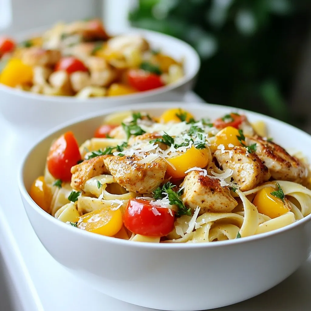 - 2 boneless, skinless chicken breasts, cut into bite-sized pieces - 2 tablespoons Cajun seasoning - 2 tablespoons olive oil - 1 bell pepper (red or green), sliced - 1 medium onion, diced - 3 cloves garlic, minced - 1 cup heavy cream - 1 cup chicken broth - 8 oz fettuccine or pasta of choice - 1 cup cherry tomatoes, halved - 1 cup grated Parmesan cheese - Salt and pepper to taste - Fresh parsley, chopped (for garnish) In this dish, the chicken gives a nice base. Cajun seasoning adds the kick. Olive oil helps cook everything without sticking. The bell pepper, onion, and garlic create a sweet and savory mix. Heavy cream makes the sauce rich and smooth. Chicken broth adds depth of flavor. I love using fettuccine, but any pasta works well. Cherry tomatoes bring a fresh burst. Grated Parmesan adds creaminess and a salty finish. Don’t forget salt and pepper for taste. Fresh parsley gives a nice touch and color. Each ingredient plays a role in making this dish truly special. {{ingredient_image_1}} First, fill a large pot with water. Add a good pinch of salt to the water. Bring it to a boil over high heat. Once it bubbles, add your pasta. Cook the pasta according to the package directions until it's al dente. This means it should be firm to the bite. After cooking, drain the pasta, but save 1/2 cup of that water. Set it aside for later. Next, take your chicken pieces and place them in a bowl. Sprinkle Cajun seasoning over the chicken. Make sure to coat each piece evenly. This will give your chicken that great, spicy flavor. Heat olive oil in a large skillet over medium-high heat. Add the seasoned chicken to the skillet. Cook it for about 5 to 7 minutes, or until it turns golden brown and is fully cooked. Once done, remove the chicken from the skillet and set it aside. In the same skillet, add your sliced bell pepper, diced onion, and minced garlic. Sauté these for about 3 to 4 minutes. You want them to soften up and become fragrant. This step adds a lot of flavor to your dish. Now, lower the heat to medium. Pour in the chicken broth and bring it to a gentle simmer. After that, add the heavy cream. Let this mixture thicken for about 3 to 5 minutes. Next, stir in the halved cherry tomatoes and the cooked chicken. The tomatoes will add a nice touch of sweetness. Finally, add the cooked pasta to the skillet. Toss everything together well. If the sauce seems too thick, add a splash of the reserved pasta water to loosen it. Then, stir in the grated Parmesan cheese. This will melt into the sauce and enhance the creaminess. Season with salt and pepper to taste. - Adjust Cajun seasoning for spiciness. You can add more for heat or less for mild taste. This lets you control the flavor based on your spice level. - Use fresh herbs for garnish. Chopped parsley adds a nice touch and brightens the dish. It also adds freshness that balances the rich sauce. - Avoid overcooking the chicken. Cook it until golden brown, about 5-7 minutes. Overcooked chicken can become dry and tough. - Control sauce thickness with pasta water. If your sauce is too thick, add a bit of the reserved pasta water. This helps achieve the perfect creamy texture. - Best paired with garlic bread or salad. Garlic bread complements the meal well, while a fresh salad adds crunch. - Options for family-style serving. Serve in a large bowl for sharing. This makes it easy for everyone to help themselves. Pro Tips Adjust Spice Level: If you prefer a milder flavor, reduce the amount of Cajun seasoning or use a mild variant. You can always add more spice later if desired. Fresh Herbs Boost Flavor: Incorporate fresh herbs like thyme or basil for an extra layer of flavor. Add them near the end of cooking to keep their vibrant taste. Customize Your Veggies: Feel free to add other vegetables such as zucchini or spinach. Just make sure to adjust cooking times for the softer veggies. Perfect Pasta Texture: To prevent overcooking the pasta, cook it just until al dente, as it will continue to cook slightly when mixed with the sauce. {{image_2}} You can easily swap the chicken for shrimp or sausage. Shrimp cooks quickly and brings a nice flavor. Just sauté it until pink and firm. Sausage adds a smoky touch. Slice it and cook until browned. For a vegetarian option, try tofu. Press it to remove water, then cube it. Season and sauté until golden. This way, everyone can enjoy a tasty meal. If you're looking for healthier options, consider whole wheat or gluten-free pasta. Whole wheat pasta gives you added fiber and a nutty flavor. It pairs well with the creamy sauce. Gluten-free pasta works great too. You can find many varieties made from rice or chickpeas. Just be sure to check the cooking time, as it may differ. Want to switch it up? You can explore dairy-free options for the sauce. Use coconut milk or cashew cream instead of heavy cream. This keeps the dish creamy and delicious without dairy. You can also add extra vegetables. Spinach, zucchini, or mushrooms boost nutrition and flavor. Just sauté them with the other veggies. This adds color and makes the dish more filling. To keep your Cajun chicken pasta fresh, store it in the fridge. Use airtight containers to avoid moisture loss. Make sure to let the dish cool before sealing it. This helps prevent sogginess. Leftovers can last up to three days in the fridge. You can reheat Cajun chicken pasta in the microwave or on the stovetop. For the microwave, place the pasta in a bowl and cover it. Heat in short bursts, stirring often. This keeps the pasta moist. If you prefer the stovetop, warm it in a skillet over low heat. Add a splash of chicken broth or cream to keep it creamy. Stir frequently, so it heats evenly. Enjoy your tasty dish again with these simple steps! Cajun chicken pasta is a tasty dish with roots in Louisiana. It mixes Cajun spices with creamy pasta and chicken. You get a burst of flavor from each bite. The dish often includes bell peppers, onions, and tomatoes, making it colorful and filling. Yes, you can make Cajun chicken pasta ahead. Cook the pasta and chicken, then store them separately. Keep sauce in a container too. When you’re ready to eat, combine everything in a pan. Heat gently until warm. This way, your meal stays fresh. If you need a substitute for heavy cream, try using half-and-half or coconut milk. These options work well in the sauce. Keep in mind that coconut milk adds a hint of sweetness. Adjust the spices if you choose this option. To boost the spice level, add more Cajun seasoning. You can also mix in chopped jalapeños or crushed red pepper flakes. If you like heat, try a dash of hot sauce before serving. This will give your dish an extra kick. Cajun chicken pasta can be frozen, but some care is needed. Freeze the pasta and sauce separately. This helps keep the texture nice. When you’re ready to eat, thaw overnight in the fridge. Reheat on the stove and stir well before serving. Cajun chicken pasta brings together vibrant flavors and easy steps to create a delicious dish. We explored key ingredients like Cajun seasoning, fresh vegetables, and creamy sauce. You can adjust the spice and swap proteins as you like. Storing and reheating tips ensure your meal stays fresh. This dish is versatile and perfect for any occasion. I encourage you to try it and make it your own!