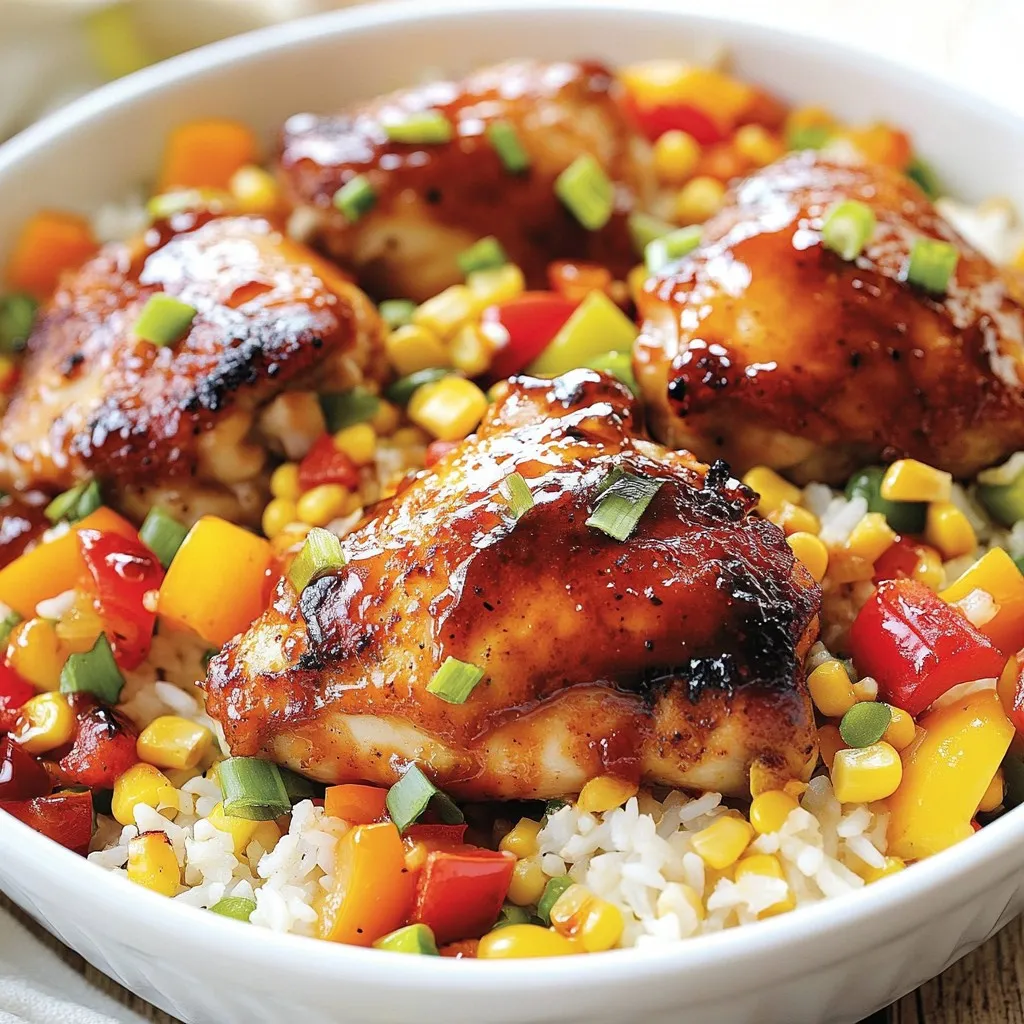 When I create One-Pan Honey BBQ Chicken & Rice, I love using fresh and simple ingredients. Here’s what you will need to make this tasty dish: - 4 boneless, skinless chicken thighs - 1 cup long-grain white rice - 1 ½ cups chicken broth - ½ cup honey - ½ cup BBQ sauce - 1 tablespoon olive oil - 1 teaspoon garlic powder - 1 teaspoon onion powder - 1 teaspoon smoked paprika - ½ teaspoon salt - ¼ teaspoon black pepper - 1 cup mixed bell peppers, diced - ½ cup corn - 2 green onions, sliced Each ingredient adds a unique flavor. The chicken thighs stay juicy, while the rice soaks up all the yummy sauce. Honey and BBQ sauce create a sweet and tangy mix. Bell peppers and corn add color and crunch. This one-pan dish makes cooking easy and fun! {{ingredient_image_1}} First, grab a large skillet and heat one tablespoon of olive oil over medium-high heat. This oil helps the chicken cook nicely. Now, season the four chicken thighs with garlic powder, onion powder, smoked paprika, salt, and black pepper. Make sure to cover both sides. Place the chicken in the hot skillet. Sear each side for about four to five minutes. You want them golden brown. Once done, remove the chicken and set it aside on a plate. In the same skillet, add one cup of long-grain white rice. Pour in one and a half cups of chicken broth, half a cup of honey, and half a cup of BBQ sauce. Stir the mixture well to combine. This will ensure no clumps of rice stick together. The sweet honey and BBQ sauce will add great flavor to the rice. Next, it's time to add some color and nutrition. Stir in one cup of diced mixed bell peppers and half a cup of corn. Make sure to distribute them evenly over the rice. This way, you get bites of veggies with every scoop. Now, take those seared chicken thighs and layer them back on top of the rice and veggies. Bring the mixture to a gentle boil. Once it’s bubbling, reduce the heat to low. Cover the skillet with a lid and let it simmer. This should take about 20 to 25 minutes. You want the rice to be tender and soak up most of the liquid. After simmering, remove the skillet from the heat. Use a fork to fluff the rice gently. This helps separate the grains. Finally, garnish the dish with two sliced green onions. They add a fresh touch and look great on top. Enjoy your One-Pan Honey BBQ Chicken & Rice! To make great rice, you need to use the right liquid. For this recipe, I use a 1:1.5 ratio of rice to chicken broth. This helps the rice absorb the flavors well. Always rinse the rice before cooking. This removes excess starch and helps prevent it from getting mushy. To avoid mushy rice, keep an eye on the cooking time. If you follow the simmering instructions, your rice will turn out fluffy. Once the rice is done, let it rest for a few minutes before fluffing it. This step helps the rice grains separate. To get juicy chicken, sear the thighs well. I recommend cooking them for 4-5 minutes on each side. This creates a nice golden crust that locks in moisture. Make sure your skillet is hot enough before adding the chicken. This step is key for great flavor. Use a meat thermometer to check the chicken’s doneness. The internal temperature should reach 165°F. This way, you ensure the chicken is safe to eat and still tender. When serving, I like to present the dish right from the skillet. This gives a cozy and rustic feel. You can sprinkle extra green onions on top for a pop of color. Pair this dish with fresh coleslaw or a simple salad. This adds crunch and balances the rich flavors. You can also serve with crusty bread to soak up the sauce. Pro Tips Marinate for Flavor: For an extra layer of flavor, marinate the chicken thighs in the honey and BBQ sauce mixture for at least 30 minutes before cooking. This will enhance the taste and tenderness of the chicken. Use Fresh Herbs: Consider adding fresh herbs like cilantro or parsley as a garnish. They add a vibrant flavor and freshness that complements the dish beautifully. Adjust Sweetness: If you prefer a less sweet dish, reduce the amount of honey or BBQ sauce. You can also balance it out with a splash of vinegar for a tangy kick. Check Rice Consistency: If the rice isn’t fully cooked after the suggested time, add a little more chicken broth and continue to simmer until it reaches your desired texture. {{image_2}} You can easily swap out the chicken thighs for other proteins. Chicken breast works well if you prefer lean meat. For a plant-based option, try tofu. Tofu absorbs flavors nicely and is a great choice. You can also change the rice. Long-grain white rice is classic, but brown rice adds more fiber. Quinoa is another fun option. It cooks quickly and gives a nice nutty taste. If you like spicy food, add hot sauce or chili flakes. This gives the dish a nice kick. You can also mix in fresh herbs like basil or cilantro. They add a burst of flavor and freshness. Use seasonal veggies to keep things fresh. In summer, add zucchini or corn. In fall, try butternut squash or sweet potatoes. These add color and nutrition. You can also mix in other veggies like peas or carrots. They all work well and make the dish more vibrant. To keep your One-Pan Honey BBQ Chicken & Rice fresh, follow these steps: - Let the dish cool down to room temperature. - Store it in an airtight container. - Refrigerate it within two hours to prevent bacteria growth. - This dish can last in the fridge for up to three days. Using glass or plastic containers with tight lids works best. They help keep moisture in and odors out. Reheating your leftovers is easy. Here are two methods: 1. Microwave: - Place a portion in a microwave-safe bowl. - Cover it with a microwave-safe lid or wrap. - Heat on medium for 1-2 minutes, stirring halfway through. Check if it's hot all the way through. 2. Skillet Method: - Heat a skillet over medium heat. - Add a splash of water or broth to keep it moist. - Place the chicken and rice in the skillet. - Cover and heat for about 5-7 minutes, stirring occasionally. Both methods work well, but the skillet gives a nice texture. If you want to save some for later, freezing is a great option. Here’s how: - Let the dish cool completely before freezing. - Divide it into portions and place in freezer-safe bags or containers. - Press out excess air before sealing. You can freeze it for up to three months. When you're ready to eat, thaw it in the fridge overnight. To reheat, follow the same skillet or microwave methods. Make sure it’s heated all the way through before serving. Yes, you can use frozen chicken. Just make sure to thaw it first. You can do this by leaving it in the fridge overnight. If you are in a hurry, you can use the microwave. Just be careful not to start cooking the chicken. You can store leftovers in the fridge for up to four days. Make sure to keep it in an airtight container. This helps keep the flavors fresh and tasty. The best barbecue sauce is one you love. Some people prefer sweet sauces, while others like spicy ones. I recommend trying different brands. Each one brings its own unique flavor to the dish. Yes, you can make this dish without honey. You can try using maple syrup or agave nectar instead. They both add sweetness and work well with BBQ sauce. Yes, you can make a vegetarian version. Use tofu or chickpeas instead of chicken. You can also swap rice for quinoa, and add more veggies for a colorful meal. This dish combines chicken, rice, and vegetables into a hearty meal. You learned how to sear chicken, cook the rice, and add perfect veggies. Tips help you avoid mushy rice and keep chicken juicy. Variations let you switch ingredients for different tastes. Proper storage ensures tasty leftovers. Cooking with love and care will make this meal a hit. Enjoy your cooking journey!