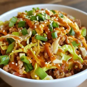 - 1 lb ground chicken or turkey - 4 cups coleslaw mix (shredded cabbage and carrots) - 3 cloves garlic, minced - 1 tablespoon fresh ginger, minced The main ingredients in this dish create a tasty base. Ground chicken or turkey brings protein and flavor. I love using a coleslaw mix for quick prep. It adds crunch and color with shredded cabbage and carrots. Fresh garlic and ginger give the dish a warm aroma and unique taste. - 3 tablespoons soy sauce (or coconut aminos for gluten-free) - 1 tablespoon sesame oil - 1 tablespoon rice vinegar - 1 teaspoon sriracha (optional, for heat) Seasonings and sauces make this dish pop. Soy sauce or coconut aminos gives a salty depth. I always use sesame oil for its rich, nutty flavor. Rice vinegar adds a touch of acidity. If you like it spicy, sriracha brings heat to the mix. - 2 green onions, chopped - Sesame seeds for garnish Garnishes elevate the dish. Chopped green onions add freshness and color. Sesame seeds provide a nice crunch and nutty flavor. I recommend sprinkling them on top for the best presentation. {{ingredient_image_1}} 1. Heating the skillet with sesame oil Start by heating a large skillet over medium heat. Add 1 tablespoon of sesame oil. The oil adds a rich, nutty flavor to the dish. 2. Cooking the meat until browned Next, add 1 pound of ground chicken or turkey to the skillet. Cook it for about 5-7 minutes. Break it apart with a spatula as it browns. Make sure it&rsquo;s fully cooked through. 1. Saut&eacute;ing garlic and ginger Once the meat is cooked, add 3 minced cloves of garlic and 1 tablespoon of minced ginger. Saut&eacute; for 1-2 minutes. This step fills your kitchen with a delightful aroma. 2. Mixing in the coleslaw Now, stir in 4 cups of coleslaw mix. Cook until the veggies are tender but still crisp, which should take about 3-5 minutes. This adds a nice crunch to the dish. 1. Stirring in the sauces and seasonings Pour in 3 tablespoons of soy sauce, 1 tablespoon of rice vinegar, and 1 teaspoon of sriracha if you like heat. Stir well to combine everything, cooking for another 2 minutes. Season with salt and pepper to taste. 2. Serving and garnishing the dish Remove the skillet from the heat. Fold in 2 chopped green onions for freshness. Serve the dish hot, and sprinkle sesame seeds on top for extra flavor and crunch. Enjoy your tasty Egg Roll in a Bowl! To get the best browning on your meat, use medium-high heat. This helps the ground chicken or turkey brown nicely. Cook it for about 5-7 minutes, breaking it apart. This way, you get a great texture and flavor. When you saut&eacute; veggies, keep them crisp. Add coleslaw mix after the garlic and ginger. Cook for just 3-5 minutes. This keeps the cabbage and carrots crunchy and bright. Stir them gently to avoid mushiness. For a nice presentation, serve the dish in individual bowls. Drizzle some extra soy sauce on top. Add a sprinkle of sesame seeds for a nice touch. You can also top with sliced green onions or crispy wonton strips. This adds a fun crunch. To complement your meal, add a side of steamed rice or quinoa. You could also serve it with a light salad. This will balance the flavors and textures well. Want to spice things up? Adjust the heat level with sriracha. Start with a teaspoon and add more if you like. You can also change the flavor by adding hoisin sauce or chili garlic sauce. If you need substitutions, use ground beef or tofu instead of chicken. For a vegan option, skip the meat and add more veggies, like bell peppers or snap peas. This keeps the meal hearty and fresh. Pro Tips Use Fresh Ingredients: Fresh garlic and ginger enhance the flavor of the dish, providing a more vibrant taste compared to dried alternatives. Customize Your Protein: Feel free to substitute the ground chicken or turkey with ground pork or tofu for a vegetarian option. Make It Spicy: Adjust the level of sriracha to your preference, or add red pepper flakes for an extra kick. Meal Prep Friendly: This dish can be made in advance and stored in the fridge for up to 3 days, making it an excellent choice for meal prep. {{image_2}} For those on a keto diet, I suggest using ground turkey or chicken. Both are low in carbs. You can replace the coleslaw mix with shredded zucchini or cauliflower rice. These swaps keep the meal tasty and keto-friendly. For a gluten-free option, just choose coconut aminos instead of soy sauce. This simple change makes the dish safe for gluten-free diets. You can easily change the protein in this dish. Ground beef or pork work well too. If you want a plant-based choice, try tofu. Just press it first to remove excess water. You can also add more veggies. Snow peas, bell peppers, or broccoli add color and crunch. Consider topping off your bowl with sliced avocado or chopped nuts for added flavor. Get creative with how you serve your meal. Try a burrito-style bowl. Just add warm rice or quinoa at the bottom. You can also make a salad-style bowl. Use mixed greens as a base for a fresh twist. Drizzle some extra soy sauce or sesame oil on top for added flavor. These serving ideas let you enjoy this dish in new ways every time. To keep your Egg Roll in a Bowl fresh, store it in an airtight container. Let it cool down to room temperature first. This helps prevent condensation, which can make the dish soggy. You can keep it in the fridge for up to three days. Make sure to label your container with the date, so you know when you made it. When you are ready to enjoy your leftovers, reheat them in a skillet over medium heat. This method keeps the texture nice. Stir often to ensure even heating. You can also add a splash of soy sauce to boost the flavor. If you prefer the microwave, use a microwave-safe dish. Heat in short intervals of 30 seconds, stirring in between, until warm. If you want to freeze Egg Roll in a Bowl, do so before adding the green onions and sesame seeds. Place the cooled dish in a freezer-safe container. It will stay good for about three months. To thaw, move it to the fridge overnight. Reheat it as mentioned above for the best results. Is Egg Roll in a Bowl gluten-free? Yes, Egg Roll in a Bowl can be gluten-free. Just use coconut aminos instead of soy sauce. This gives you the same flavor without gluten. Always check labels on your ingredients to ensure they are gluten-free. How can I make it vegetarian or vegan? To make it vegetarian or vegan, swap the chicken or turkey for tofu or tempeh. You can also use extra veggies for more texture. You still get great flavors with the same seasonings. Can I use pre-packaged coleslaw mix? Yes, using a pre-packaged coleslaw mix saves time. It has the right blend of cabbage and carrots. Just make sure to choose a mix without added dressings or flavors. What other sauces can I use besides soy sauce? You can try tamari for a gluten-free option. Hoisin sauce adds sweetness and depth. If you want more heat, add chili garlic sauce. Experiment with these to find your favorite taste. How can I add more heat or flavor? To add heat, use more sriracha or fresh chili peppers. You can also add red pepper flakes for extra spice. For flavor, consider adding a splash of lime juice or sesame seeds. What are the best toppings for Egg Roll in a Bowl? Great toppings include sliced green onions and sesame seeds. You can also add crushed peanuts or crispy noodles for crunch. Try a drizzle of hot sauce for an extra kick. We've explored how to craft a tasty Egg Roll in a Bowl. We covered key ingredients like ground chicken and coleslaw, then detailed easy cooking steps. You learned tips for great texture and flavor, plus ways to customize for your taste. Remember, cooking is about fun and creativity. Use these guidelines to make the dish your own. Enjoy every bite and share it with others!