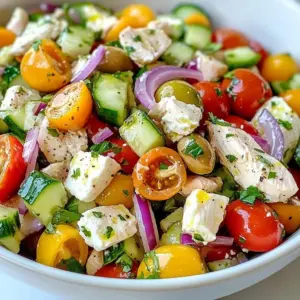 - 2 cups cooked chicken breast, diced - 1 cup cherry tomatoes, halved - 1 cucumber, diced - 1/2 red onion, thinly sliced These main ingredients form the heart of your feta chicken salad. The cooked chicken provides protein, while cherry tomatoes add sweetness. The cucumber gives a fresh crunch, and the red onion adds a mild bite. Together, they create a tasty base for your salad. - 1 cup Kalamata olives, pitted and halved - 1 cup feta cheese, crumbled - 1/4 cup fresh parsley, chopped Next, we bring in Kalamata olives, which add a briny flavor. Crumbled feta cheese introduces a creamy, tangy element. Fresh parsley adds a pop of color and a hint of earthiness. These toppings elevate the dish and make it more exciting. - 3 tablespoons olive oil - 2 tablespoons lemon juice - Salt and pepper to taste The dressing is simple yet effective. Olive oil gives richness, while lemon juice adds brightness. Salt and pepper enhance all the flavors. Together, these ingredients create a light and zesty dressing that ties everything together. This combination of ingredients makes the feta chicken salad fresh and flavorful. The balance of textures and tastes ensures every bite is enjoyable. {{ingredient_image_1}} To start, you need to mix the salad base. Grab a large mixing bowl. In it, combine 2 cups of diced cooked chicken, 1 cup of halved cherry tomatoes, 1 diced cucumber, and 1/2 of a thinly sliced red onion. This mix brings a fresh crunch. Next, incorporate flavor with olives and cheese. Add 1 cup of pitted and halved Kalamata olives and 1 cup of crumbled feta cheese to the bowl. Gently mix these ingredients together. You want everything to blend well, so the flavors can shine. Now, let&rsquo;s make the dressing. In a small bowl, whisk together 3 tablespoons of olive oil, 2 tablespoons of lemon juice, and a pinch of salt and pepper. Whisk until the ingredients combine smoothly. The dressing should be well mixed and slightly thick. Now it&rsquo;s time to assemble the salad. Pour the dressing over the chicken salad mixture. Toss gently so every ingredient gets coated. This step is key for flavor. Finally, stir in 1/4 cup of fresh chopped parsley. This adds a bright touch to the salad. Let the salad rest for at least 10 minutes. This waiting time helps the flavors meld together, making each bite delicious. To perfect your feta chicken salad, balance the flavors well. Use salt and pepper to enhance the taste. Add lemon juice for brightness. You can also try a pinch of garlic powder for more depth. For serving, present the salad in a large bowl or on individual plates. Garnish with extra parsley and whole Kalamata olives. This adds flair and makes it look fresh. You can save time by pre-cooking chicken. Use leftover chicken or buy rotisserie chicken. It cuts your prep time significantly. Also, consider using pre-chopped vegetables. Many grocery stores offer diced cucumbers and tomatoes. This can help you whip up your salad even faster. To enhance the flavor, use fresh herbs like parsley or dill. These herbs add a nice touch. You can also try a sprinkle of oregano for a Mediterranean twist. When selecting ingredients, choose ripe cherry tomatoes and firm cucumbers for crunch. Freshness makes a big difference in taste. Always opt for high-quality feta cheese; it elevates the whole dish. Pro Tips Fresh Ingredients: Always use the freshest ingredients possible for the best flavors in your salad. Chill Before Serving: For an even more refreshing taste, chill the salad in the refrigerator for 30 minutes before serving. Customizable Add-Ins: Feel free to add your favorite ingredients like avocado or bell peppers to make the salad your own. Perfect Pairing: This salad pairs wonderfully with crusty bread or pita chips for a complete meal. {{image_2}} To make a Mediterranean twist, add roasted red peppers. They bring a sweet and smoky flavor. You can use jarred or fresh peppers. Just chop them up and mix them in. Incorporating artichoke hearts also enhances this salad. They add a unique taste and chewy texture. Canned artichokes work well. Just drain and chop them before adding. Mixing in baby spinach gives the salad a fresh crunch. Spinach pairs great with feta and chicken. You get added nutrients and flavor in every bite. You can also substitute with grilled chicken. This gives a smoky flavor. Just grill the chicken until it&rsquo;s fully cooked and slice it up. It adds a nice charred taste. Including bell peppers and capers makes this salad Greek-inspired. Bell peppers add sweetness and crunch. Capers bring a salty bite. Just chop and toss them in for a vibrant mix. Switching up the cheese options can also change the salad. Try goat cheese for a tangy twist. Or use a dairy-free feta for a lighter choice. This lets you enjoy the salad your way. To store your leftover feta chicken salad, use an airtight container. This keeps the salad fresh. Place the salad in the container and seal it tightly. Store it in the fridge. It can stay fresh for up to three days. After that, the flavors may fade, and the texture may change. You can make this salad ahead of time. Just prepare all the ingredients and mix them. It tastes even better after a few hours. If you want to freeze it, be careful. Freezing can change the texture of the chicken and veggies. I suggest keeping the dressing separate if you freeze it. This way, the salad stays fresh when you thaw it. When you reheat the salad, do it slowly. Use the microwave or a stovetop pan on low heat. Take care not to overheat it. You want to keep the chicken tender and the veggies crisp. If you can, add a little fresh parsley after reheating. This helps keep the flavor bright and fresh. You can try several options for feta cheese. Goat cheese mimics the tangy flavor well. For a creamy texture, use ricotta or cream cheese. If you need a dairy-free option, try tofu or cashew cheese. They can provide a similar texture but will change the taste slightly. Yes, Feta Chicken Salad is quite healthy. It has lean protein from chicken, healthy fats from olives and olive oil, and vitamins from veggies. The salad is low in calories and high in nutrients. Each ingredient adds to your overall health without many empty calories. You can make this salad ahead of time. To keep it fresh, store the dressing separately. Mix the salad and dressing just before serving. This keeps the veggies crisp and prevents sogginess. You can prepare the ingredients a day ahead and combine them when you are ready to eat. This Feta Chicken Salad blends simple, fresh ingredients for a tasty dish. You learned how to combine chicken, veggies, olives, and cheese. We discussed making a zesty dressing and serving options. Remember, balance your flavors and store leftovers properly. These tips help you enjoy it longer. Whether you stick to the classic or try variations, this salad fits many tastes. Embrace your creativity and enjoy every bite!