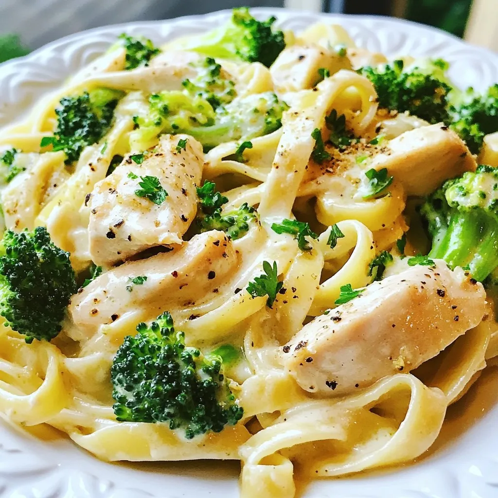 To make this dish, you need fresh and healthy items. Here’s what you will use: - 2 boneless, skinless chicken breasts, sliced - 4 cups broccoli florets - 2 cups whole wheat fettuccine - 1 cup low-sodium chicken broth - 1 cup unsweetened almond milk - 2 tablespoons light cream cheese - 2 cloves garlic, minced - 1 teaspoon Italian seasoning - 1 tablespoon olive oil - Salt and pepper to taste - 1/4 cup grated Parmesan cheese (optional) - Fresh parsley, chopped for garnish These ingredients work together to create a creamy and tasty meal. Whole wheat fettuccine adds fiber, while broccoli gives it a nice crunch. You can swap out some ingredients for healthier options. For a lighter sauce, try using: - Greek yogurt instead of light cream cheese - Vegetable broth instead of chicken broth - Zucchini noodles instead of fettuccine These swaps can make the meal even more nutritious while still tasting great! Adding some extra items can boost the flavor of your dish. Here are a few ideas: - Red pepper flakes for a spicy kick - Lemon zest for a fresh taste - Fresh basil or spinach for added greens Feel free to mix and match these flavors to suit your taste. You can create a dish that is both healthy and full of flavor! {{ingredient_image_1}} Start by boiling a large pot of salted water. Once the water is boiling, add the whole wheat fettuccine. Cook the pasta according to the package instructions until it is al dente. With three minutes left, add the broccoli florets to the pot. This keeps the broccoli bright and tender. Once done, drain the pasta and broccoli, and set them aside. Next, take a big skillet and heat olive oil over medium heat. Season the sliced chicken breasts with salt, pepper, and Italian seasoning. When the oil is hot, add the chicken to the skillet. Cook the chicken for about five to seven minutes. Make sure it is cooked through and no longer pink. Once ready, remove the chicken and set it aside. In the same skillet, add minced garlic and sauté it for about 30 seconds. You want it fragrant but not burnt. Then, pour in the chicken broth and almond milk. Bring this mixture to a gentle simmer. This will be the base of your sauce. Now, stir in the light cream cheese while whisking until the sauce is smooth. Let the sauce simmer for about five minutes to thicken it slightly. After thickening, add the cooked pasta and broccoli back into the skillet. Also, include the cooked chicken. Toss everything together until well coated in the creamy sauce. If you like, sprinkle in grated Parmesan cheese for extra flavor. Taste the dish and adjust the salt and pepper to your liking. Serve it right away, garnished with fresh parsley. This not only adds color but also a fresh taste. Enjoy your healthy and tasty Skinny Chicken Broccoli Alfredo! You can swap the whole wheat pasta for zucchini noodles. This adds more veggies and cuts carbs. Use low-fat cream cheese for a lighter sauce. You can also reduce the Parmesan cheese or skip it for fewer calories. Adding extra broccoli boosts nutrients and fiber without many calories. Always cook pasta in a big pot of salted water. This helps the pasta stay flavorful. When you add broccoli, do it in the last few minutes. This keeps the broccoli bright and crisp. Make sure to season your chicken well. Good seasoning makes all the difference in flavor. To get a smooth sauce, whisk the cream cheese well with the broth and almond milk. If the sauce is too thick, add a splash of chicken broth or almond milk. Keep it simmering gently for a few minutes. This helps flavors meld and the sauce thicken just right. Remember to taste and adjust salt and pepper before serving. Pro Tips Use Fresh Ingredients: Fresh broccoli and high-quality chicken will enhance the flavor and nutrition of your dish. Adjust the Creaminess: Feel free to adjust the amount of cream cheese and Parmesan cheese to achieve your desired level of creaminess in the sauce. Leftover Transformation: Use leftover chicken and broccoli from this dish to make a delicious wrap or salad for lunch the next day. Spice It Up: Add a pinch of red pepper flakes or a splash of lemon juice for an extra kick of flavor and brightness. {{image_2}} You can switch the chicken for different proteins. Shrimp works great in this dish. It cooks fast and adds a nice taste. For a vegetarian option, try chickpeas. They give protein and a good texture. Tofu is another choice. It soaks up flavors well and is filling. If you want to mix up the veggies, you have options. Spinach is a tasty swap. It wilts down and blends into the sauce. Peas add a sweet touch and pair well with the creamy sauce. Zucchini is another great choice. You can spiralize it for a fun twist. Whole wheat fettuccine is a healthy base, but you can explore other pastas. Brown rice pasta is gluten-free and works well. Quinoa pasta adds protein and a nutty flavor. You can even try zucchini noodles for a low-carb option. Each choice brings a new taste to the dish. To store leftovers, let the dish cool to room temperature. Place it in an airtight container. Cover it tightly to keep out moisture and air. This helps maintain freshness. Store the container in the fridge. Leftovers are best eaten within 3 to 4 days. To reheat, scoop the desired portion into a microwave-safe dish. Cover it with a damp paper towel. Heat on medium power for 1 to 2 minutes. Stir halfway through to ensure even heating. You can also reheat on the stove. Add a splash of chicken broth or almond milk to help it stay creamy. If you want to freeze some, use a freezer-safe container. Leave some space at the top for expansion. You can freeze it for up to 3 months. To thaw, move it to the fridge overnight. Reheat it as described above when you’re ready to enjoy it again. Yes, you can use regular pasta. Whole wheat adds more fiber and nutrients. It also has a slightly nutty flavor. Regular pasta will work, but it may not be as healthy. To make this recipe lactose-free, use lactose-free cream cheese. You can also swap almond milk for regular milk. Check labels for lactose-free options when buying ingredients. You can use Greek yogurt as a substitute for light cream cheese. It adds creaminess and protein. Silken tofu also works well for a creamy texture. This dish will last about 3 to 4 days in the refrigerator. Store it in an airtight container. Reheat it gently to keep the sauce smooth. Yes, feel free to add more vegetables! Great choices are bell peppers, spinach, or zucchini. Just cook them with the chicken or steam them ahead of time. This adds more flavor and nutrition. In this blog post, I covered how to make a healthy Skinny Chicken Broccoli Alfredo. We looked at the key ingredients, healthier swaps, and optional items for extra flavor. I shared simple steps for cooking pasta and chicken, plus tips for a perfect sauce. Remember, you can vary proteins and veggies to suit your taste. Make it your own! With the right storage, this dish stays fresh and tasty. Enjoy this delicious meal and feel great serving it to family and friends!