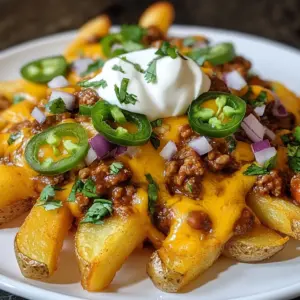 - 4 large russet potatoes - 1 can (15 oz) chili (meat or vegetarian) - 2 cups shredded cheddar cheese The main ingredients form the heart of your loaded chili cheese fries. The russet potatoes bring a great texture and flavor. Choose a chili that you love, whether it's meat-based or vegetarian. The shredded cheddar cheese adds creaminess and a rich taste. - &frac12; cup sour cream - 1 jalape&ntilde;o, thinly sliced - 1/4 small red onion, finely chopped - Fresh cilantro, for garnish Toppings make your fries even better. Sour cream cools the heat from chili. Sliced jalape&ntilde;o adds spice and crunch. Chopped red onion gives a fresh taste. Fresh cilantro is optional but adds color and flavor. - 1 tablespoon olive oil - Salt and pepper to taste Seasoning is key. Olive oil helps the fries crisp up nicely. Salt and pepper enhance all the flavors. Always taste as you go to find the right balance. {{ingredient_image_1}} 1. First, preheat your oven to 425&deg;F (220&deg;C). This helps the fries cook well. 2. Next, wash and scrub the russet potatoes. Make sure they are clean. 3. Cut the potatoes into fries about 1/4 inch thick. The size helps them cook evenly. 1. In a large bowl, toss the cut fries with olive oil, salt, and pepper. Ensure every fry gets coated well. 2. Spread the fries in a single layer on a baking sheet lined with parchment paper. This keeps them from sticking. 3. Bake the fries for 30-35 minutes. Flip them halfway through. This ensures they get golden and crispy. 1. While the fries bake, heat the chili in a saucepan over medium heat. You want it warm and ready. 2. Once the fries are crispy, take them out of the oven. Sprinkle the shredded cheddar cheese on top. 3. Return the fries to the oven for 5-7 minutes. Wait until the cheese is melted and bubbly. 4. Take the loaded fries out and top them with the heated chili. Make it as generous as you like! 5. Add dollops of sour cream, sliced jalape&ntilde;os, and chopped red onion. These toppings add great flavor. 6. If you want, garnish with fresh cilantro. Serve the fries right away for the best taste! To get crispy fries, cut the potatoes evenly. Aim for 1/4 inch thick pieces. This helps them cook at the same rate. Soak the cut fries in cold water for at least 30 minutes. This removes excess starch. After soaking, dry them well with a towel. When baking, spread the fries out on the sheet. Keep them in a single layer. This helps them crisp up nicely. Bake at 425&deg;F (220&deg;C) for 30-35 minutes. Flip them halfway through for even baking. Look for a golden color when they are done. Using different types of cheese can change the game. Try pepper jack for a spicy kick. Or use a mix of cheddar and mozzarella for a creamy texture. Each cheese brings its own flavor to the dish. Add toppings to make it your own. Try diced tomatoes, green onions, or even avocado. These extras add freshness and crunch. You can also drizzle with hot sauce for extra heat. Avoid overcooking the fries. Check them frequently in the oven. Overcooked fries can turn soggy and lose their crunch. Don't forget to season the fries well. Under-seasoned fries will taste bland. Use salt and pepper to make them pop. When heating the chili, make sure it&rsquo;s hot but not boiling. Underheating can make the dish less enjoyable. Aim for a warm, thick chili to top off your fries. Pro Tips Choose the Right Potatoes: For the best texture, use russet potatoes as they crisp up nicely and have a fluffy interior. Season Well: Don&rsquo;t skimp on the salt and pepper when tossing the fries. Proper seasoning enhances the flavor significantly. Keep an Eye on the Cheese: Watch the fries closely when melting the cheese to prevent burning. You want it perfectly gooey! Customize Your Toppings: Feel free to add other toppings like diced tomatoes or olives for a personalized touch to your loaded fries! {{image_2}} You can make loaded chili cheese fries suit your diet. For a vegan version, use plant-based cheese and chili. This keeps the dish tasty and meat-free. Choose a chili with beans and veggies. Both options remain hearty and satisfying. If you need gluten-free fries, pick fresh potatoes and gluten-free chili. Many canned chilies are gluten-free. Always check the label to be safe. You can enjoy these fries without worry. Want to spice things up? Try international twists! For a Tex-Mex flair, add guacamole and salsa. You can use spicy queso instead of cheddar cheese. This adds more flavor and creaminess. For a Mediterranean touch, use feta cheese and olives. Drizzle some tzatziki sauce on top for extra zest. You can also play with chili styles. Try a spicy beef chili or a hearty white bean chili for different tastes. Loaded chili cheese fries make a great appetizer or a main dish. Serve them in a big bowl for sharing, or on a plate for individual servings. Pair them with drinks like iced tea or a cold beer. They also go well with a side salad or some fresh veggies. This adds balance and freshness to your meal. To store leftovers, let the loaded chili cheese fries cool down. Place them in an airtight container. Make sure to eat them within 3 days for the best taste. When reheating, use an oven or toaster oven. Set it to 350&deg;F (175&deg;C) and heat for about 10 minutes. This makes them crispy again. You can also microwave them, but they may get soggy. You can freeze these fries either before or after baking. If freezing raw, cut the potatoes and toss them with oil and seasoning. Spread them on a baking sheet and freeze until solid. Then, transfer them to a freezer bag. To freeze after baking, let them cool completely. Place them in a freezer-safe container. For the best texture, eat them within 2 months. When ready to bake, cook from frozen at 425&deg;F (220&deg;C) for about 30-35 minutes. In the fridge, the loaded chili cheese fries last about 3 days. To keep them fresh, store them in an airtight container. If you see any mold or a strange smell, it&rsquo;s time to discard them. Always check your leftovers before eating. If they look or smell off, play it safe and throw them away. You can make simple swaps for healthier options. - Use sweet potatoes instead of russet potatoes. - Choose a lower-fat cheese. - Opt for a low-calorie sour cream or Greek yogurt. - Select a no-bean chili or one with lean meat. These changes can help lower calories without losing flavor. Yes, frozen fries work well! - Look for fries without added seasonings. - Cook them according to package directions. - Spread them out on the baking sheet. This ensures they get crispy and golden. A thick, hearty chili is ideal. - Try a beef or turkey chili for rich flavor. - Vegetarian chili adds a nice touch, too. - Chili with beans gives extra texture. The key is to choose a chili you love. You can easily swap ingredients! - Use a vegetarian or vegan chili. - Replace cheddar cheese with a plant-based cheese. - Swap sour cream for a vegan version or avocado. These changes keep the dish tasty and satisfying. You now have all you need to make delicious Loaded Chili Cheese Fries. We covered the key ingredients, cooking steps, and tips for crispy fries. With so many options and variations, this dish can suit everyone. Don&rsquo;t forget to store leftovers properly to enjoy later. Whether you want a snack or a meal, these fries are sure to please. Dive in and create your version; it&rsquo;s simple and fun! Enjoy your tasty creation and share it with others.