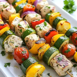 - 1 lb chicken breast, cut into 1-inch cubes - 1 bell pepper (any color), cut into 1-inch pieces - 1 red onion, cut into wedges - 1 zucchini, sliced into half-moons - 1 cup cherry tomatoes - 3 tablespoons olive oil - 2 tablespoons lemon juice - 2 teaspoons smoked paprika - 1 teaspoon garlic powder - 1 teaspoon cumin - Salt and pepper to taste - Fresh parsley, chopped (for garnish) You can swap chicken breast for chicken thighs. Thighs make the dish juicier. If you want a vegetarian option, use firm tofu or mushrooms. For the bell pepper, try using asparagus or broccoli. You can mix up the spices too. Try oregano or coriander for a different taste. When measuring liquid ingredients, use a liquid measuring cup. This helps you see the amount better. For dry ingredients, like spices, use a spoon to scoop and level off. This ensures you add the right amount. If you don't have a scale, a cup can be a handy tool. One cup of chopped veggies should be packed lightly. Always taste your marinade before adding salt and pepper. This ensures it's just right for your kabobs. {{ingredient_image_1}} Start by preheating your oven to 400&deg;F (200&deg;C). This step is key for cooking the chicken and veggies evenly. A hot oven helps seal in flavors and keeps everything juicy. In a large bowl, mix together three tablespoons of olive oil and two tablespoons of lemon juice. Then, add two teaspoons of smoked paprika, one teaspoon of garlic powder, and one teaspoon of cumin. Season with salt and pepper to taste. Whisk until it is well combined. Next, take one pound of cubed chicken breast and add it to the marinade. Stir the chicken until every piece is coated. Let it sit for at least 15 minutes to soak up the flavors. If you have more time, marinate it in the fridge for up to one hour. While the chicken marinates, prepare the vegetables. In a separate bowl, toss one cut bell pepper, one red onion in wedges, one sliced zucchini, and one cup of cherry tomatoes. Drizzle with olive oil and add a pinch of salt and pepper. Mix well to coat them evenly. Take a sheet pan and line it with parchment paper. Arrange the marinated chicken and prepared vegetables in a single layer on the pan. This helps them cook evenly and makes clean-up easier. Place the sheet pan in the preheated oven. Roast the kabobs for 20 to 25 minutes. Check for doneness by ensuring the chicken is fully cooked and the veggies are tender. Turn them halfway through cooking for even browning. Once done, remove the kabobs from the oven. Sprinkle fresh chopped parsley on top for a burst of color and flavor. Serve hot and enjoy your delicious meal! To get juicy chicken, cut the breast into 1-inch cubes. This size cooks evenly. Marinate the chicken for at least 15 minutes. If you have more time, go for 1 hour. This helps the chicken absorb all the yummy flavors. Roast the chicken at 400&deg;F for 20-25 minutes. Check that it reaches 165&deg;F inside. Use a meat thermometer for best results. You can use many vegetables for this dish. I love bell peppers, red onions, zucchini, and cherry tomatoes. Their colors make the dish pop. Bell peppers add sweetness, while red onions give a nice bite. Zucchini is tender and adds great texture. Cherry tomatoes burst with flavor as they cook. Feel free to mix in your favorites, like mushrooms or asparagus. The marinade is key to great taste. Mix olive oil, lemon juice, smoked paprika, garlic powder, cumin, salt, and pepper. This blend gives a nice smokiness and bright flavor. Don't skip the lemon juice; it adds nice acidity. Let the chicken soak in the marinade for the best taste. You can also try adding herbs like thyme or oregano for extra zest. Pro Tips Tip on Marinating: For the best flavor, marinate the chicken for at least 30 minutes to 1 hour. This allows the spices to penetrate the meat more thoroughly. Tip on Vegetable Variations: Feel free to swap in your favorite vegetables, such as mushrooms, asparagus, or eggplant, for a personalized touch. Tip on Even Cooking: Cut all ingredients into similar sizes to ensure even cooking and perfect doneness of both chicken and vegetables. Tip on Serving: Serve the kabobs with a side of rice or pita and your favorite dipping sauce for a complete meal experience. {{image_2}} You can swap chicken for other meats. Try beef, shrimp, or pork. Each protein gives a new taste. For beef, use sirloin. Cut it into 1-inch pieces. For shrimp, use large ones, peeled and deveined. Pork tenderloin works well, too. Just slice it into cubes. Adjust the cooking time based on the protein you choose. Beef may need a bit longer, while shrimp cooks faster. You can make a tasty vegetarian version, too! Use hearty vegetables like mushrooms, bell peppers, and zucchini. Tofu is a great protein choice. Press and cube it to absorb flavors. Add more cherry tomatoes for color and sweetness. You can also use eggplant for a unique twist. Marinate your veggies just like the chicken. The same spices will work well here. Spice it up with different flavors! You can try curry powder for a warm kick. Mix in fresh herbs like basil or cilantro for brightness. If you like heat, add cayenne or chili powder. For a smoky taste, increase the smoked paprika. Lemon zest can add a fresh zing. Get creative with your spices and herbs. Each twist brings a new taste to your kabobs! To store your sheet pan chicken kabobs, let them cool to room temperature. Once cooled, place them in an airtight container. You can keep them in the fridge for up to three days. Always label your container with the date. When you want to enjoy your leftovers, preheat your oven to 350&deg;F (175&deg;C). Place the kabobs on a baking sheet and cover them with foil. Bake for about 10-15 minutes or until they are warmed through. You can also use a microwave if you&rsquo;re in a hurry. Just heat them for 1-2 minutes. If you want to freeze your kabobs, wrap them well in plastic wrap or foil. Place them in a freezer-safe bag or container. They will stay good for up to three months. When you&rsquo;re ready to eat, thaw them in the fridge overnight before reheating. This keeps them juicy and tasty. Cook the sheet pan chicken kabobs for 20-25 minutes. The chicken should be fully cooked. You can check this by cutting into a piece. The meat should be white, not pink. If you want even cooking, turn the kabobs halfway through. Yes, you can use frozen chicken. However, thaw it first. If you cook chicken from frozen, it may not cook evenly. Always marinate chicken after it thaws. This adds flavor and keeps it moist. You can serve kabobs with rice, quinoa, or couscous. A fresh salad also pairs well. You might add a yogurt sauce or hummus for extra flavor. Don&rsquo;t forget to sprinkle extra parsley on top! You can customize kabobs easily. Try different vegetables like mushrooms or asparagus. You can also use different proteins, like shrimp or beef. Change the spices to suit your taste. Experiment with flavors you love. Cut vegetables into 1-inch pieces for even cooking. For zucchini, slice it into half-moons. Chop the bell pepper into squares. When cutting onions, keep the wedges thick. This helps them hold their shape while cooking. In this post, I covered ingredients, instructions, and tips for delicious sheet pan chicken kabobs. I shared how to marinate, roast, and serve them perfectly. You learned about tasty substitutions and how to customize your kabobs. Remember, the key to great kabobs is experimenting with flavors and cooking them just right. Use fresh ingredients and the right techniques for tasty results. Enjoy making these kabobs and have fun with your cooking!