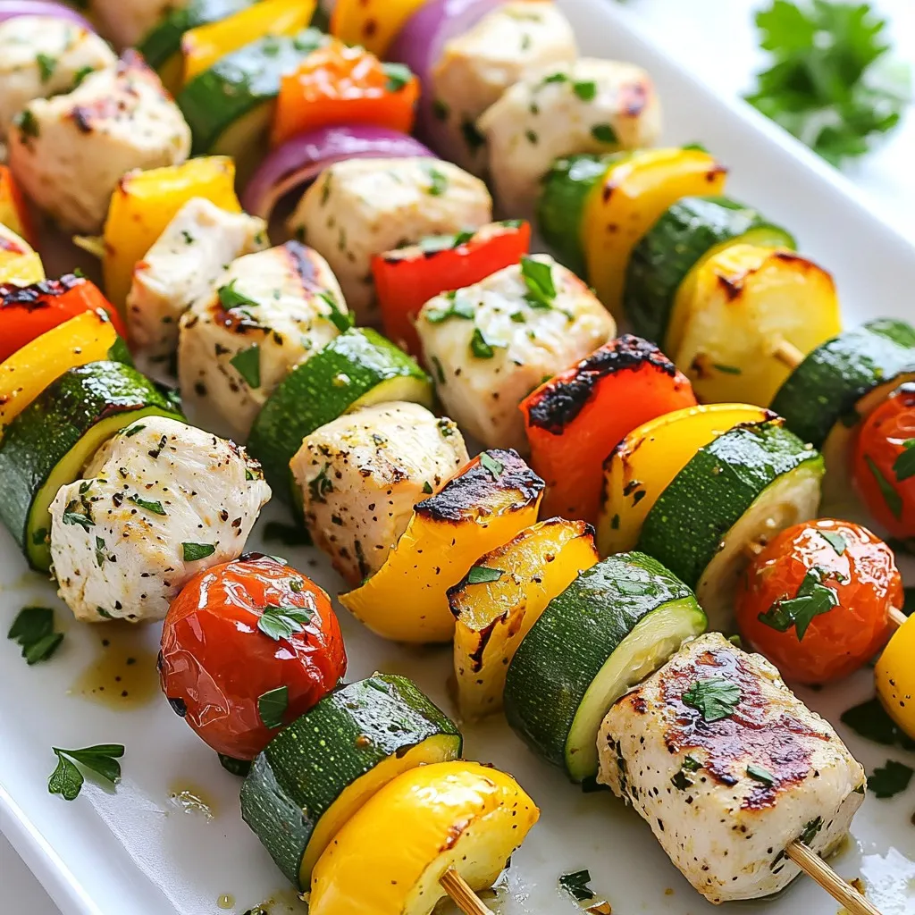 - 1 lb chicken breast, cut into 1-inch cubes - 1 bell pepper (any color), cut into 1-inch pieces - 1 red onion, cut into wedges - 1 zucchini, sliced into half-moons - 1 cup cherry tomatoes - 3 tablespoons olive oil - 2 tablespoons lemon juice - 2 teaspoons smoked paprika - 1 teaspoon garlic powder - 1 teaspoon cumin - Salt and pepper to taste - Fresh parsley, chopped (for garnish) You can swap chicken breast for chicken thighs. Thighs make the dish juicier. If you want a vegetarian option, use firm tofu or mushrooms. For the bell pepper, try using asparagus or broccoli. You can mix up the spices too. Try oregano or coriander for a different taste. When measuring liquid ingredients, use a liquid measuring cup. This helps you see the amount better. For dry ingredients, like spices, use a spoon to scoop and level off. This ensures you add the right amount. If you don't have a scale, a cup can be a handy tool. One cup of chopped veggies should be packed lightly. Always taste your marinade before adding salt and pepper. This ensures it's just right for your kabobs. {{ingredient_image_1}} Start by preheating your oven to 400°F (200°C). This step is key for cooking the chicken and veggies evenly. A hot oven helps seal in flavors and keeps everything juicy. In a large bowl, mix together three tablespoons of olive oil and two tablespoons of lemon juice. Then, add two teaspoons of smoked paprika, one teaspoon of garlic powder, and one teaspoon of cumin. Season with salt and pepper to taste. Whisk until it is well combined. Next, take one pound of cubed chicken breast and add it to the marinade. Stir the chicken until every piece is coated. Let it sit for at least 15 minutes to soak up the flavors. If you have more time, marinate it in the fridge for up to one hour. While the chicken marinates, prepare the vegetables. In a separate bowl, toss one cut bell pepper, one red onion in wedges, one sliced zucchini, and one cup of cherry tomatoes. Drizzle with olive oil and add a pinch of salt and pepper. Mix well to coat them evenly. Take a sheet pan and line it with parchment paper. Arrange the marinated chicken and prepared vegetables in a single layer on the pan. This helps them cook evenly and makes clean-up easier. Place the sheet pan in the preheated oven. Roast the kabobs for 20 to 25 minutes. Check for doneness by ensuring the chicken is fully cooked and the veggies are tender. Turn them halfway through cooking for even browning. Once done, remove the kabobs from the oven. Sprinkle fresh chopped parsley on top for a burst of color and flavor. Serve hot and enjoy your delicious meal! To get juicy chicken, cut the breast into 1-inch cubes. This size cooks evenly. Marinate the chicken for at least 15 minutes. If you have more time, go for 1 hour. This helps the chicken absorb all the yummy flavors. Roast the chicken at 400°F for 20-25 minutes. Check that it reaches 165°F inside. Use a meat thermometer for best results. You can use many vegetables for this dish. I love bell peppers, red onions, zucchini, and cherry tomatoes. Their colors make the dish pop. Bell peppers add sweetness, while red onions give a nice bite. Zucchini is tender and adds great texture. Cherry tomatoes burst with flavor as they cook. Feel free to mix in your favorites, like mushrooms or asparagus. The marinade is key to great taste. Mix olive oil, lemon juice, smoked paprika, garlic powder, cumin, salt, and pepper. This blend gives a nice smokiness and bright flavor. Don't skip the lemon juice; it adds nice acidity. Let the chicken soak in the marinade for the best taste. You can also try adding herbs like thyme or oregano for extra zest. Pro Tips Tip on Marinating: For the best flavor, marinate the chicken for at least 30 minutes to 1 hour. This allows the spices to penetrate the meat more thoroughly. Tip on Vegetable Variations: Feel free to swap in your favorite vegetables, such as mushrooms, asparagus, or eggplant, for a personalized touch. Tip on Even Cooking: Cut all ingredients into similar sizes to ensure even cooking and perfect doneness of both chicken and vegetables. Tip on Serving: Serve the kabobs with a side of rice or pita and your favorite dipping sauce for a complete meal experience. {{image_2}} You can swap chicken for other meats. Try beef, shrimp, or pork. Each protein gives a new taste. For beef, use sirloin. Cut it into 1-inch pieces. For shrimp, use large ones, peeled and deveined. Pork tenderloin works well, too. Just slice it into cubes. Adjust the cooking time based on the protein you choose. Beef may need a bit longer, while shrimp cooks faster. You can make a tasty vegetarian version, too! Use hearty vegetables like mushrooms, bell peppers, and zucchini. Tofu is a great protein choice. Press and cube it to absorb flavors. Add more cherry tomatoes for color and sweetness. You can also use eggplant for a unique twist. Marinate your veggies just like the chicken. The same spices will work well here. Spice it up with different flavors! You can try curry powder for a warm kick. Mix in fresh herbs like basil or cilantro for brightness. If you like heat, add cayenne or chili powder. For a smoky taste, increase the smoked paprika. Lemon zest can add a fresh zing. Get creative with your spices and herbs. Each twist brings a new taste to your kabobs! To store your sheet pan chicken kabobs, let them cool to room temperature. Once cooled, place them in an airtight container. You can keep them in the fridge for up to three days. Always label your container with the date. When you want to enjoy your leftovers, preheat your oven to 350°F (175°C). Place the kabobs on a baking sheet and cover them with foil. Bake for about 10-15 minutes or until they are warmed through. You can also use a microwave if you’re in a hurry. Just heat them for 1-2 minutes. If you want to freeze your kabobs, wrap them well in plastic wrap or foil. Place them in a freezer-safe bag or container. They will stay good for up to three months. When you’re ready to eat, thaw them in the fridge overnight before reheating. This keeps them juicy and tasty. Cook the sheet pan chicken kabobs for 20-25 minutes. The chicken should be fully cooked. You can check this by cutting into a piece. The meat should be white, not pink. If you want even cooking, turn the kabobs halfway through. Yes, you can use frozen chicken. However, thaw it first. If you cook chicken from frozen, it may not cook evenly. Always marinate chicken after it thaws. This adds flavor and keeps it moist. You can serve kabobs with rice, quinoa, or couscous. A fresh salad also pairs well. You might add a yogurt sauce or hummus for extra flavor. Don’t forget to sprinkle extra parsley on top! You can customize kabobs easily. Try different vegetables like mushrooms or asparagus. You can also use different proteins, like shrimp or beef. Change the spices to suit your taste. Experiment with flavors you love. Cut vegetables into 1-inch pieces for even cooking. For zucchini, slice it into half-moons. Chop the bell pepper into squares. When cutting onions, keep the wedges thick. This helps them hold their shape while cooking. In this post, I covered ingredients, instructions, and tips for delicious sheet pan chicken kabobs. I shared how to marinate, roast, and serve them perfectly. You learned about tasty substitutions and how to customize your kabobs. Remember, the key to great kabobs is experimenting with flavors and cooking them just right. Use fresh ingredients and the right techniques for tasty results. Enjoy making these kabobs and have fun with your cooking!