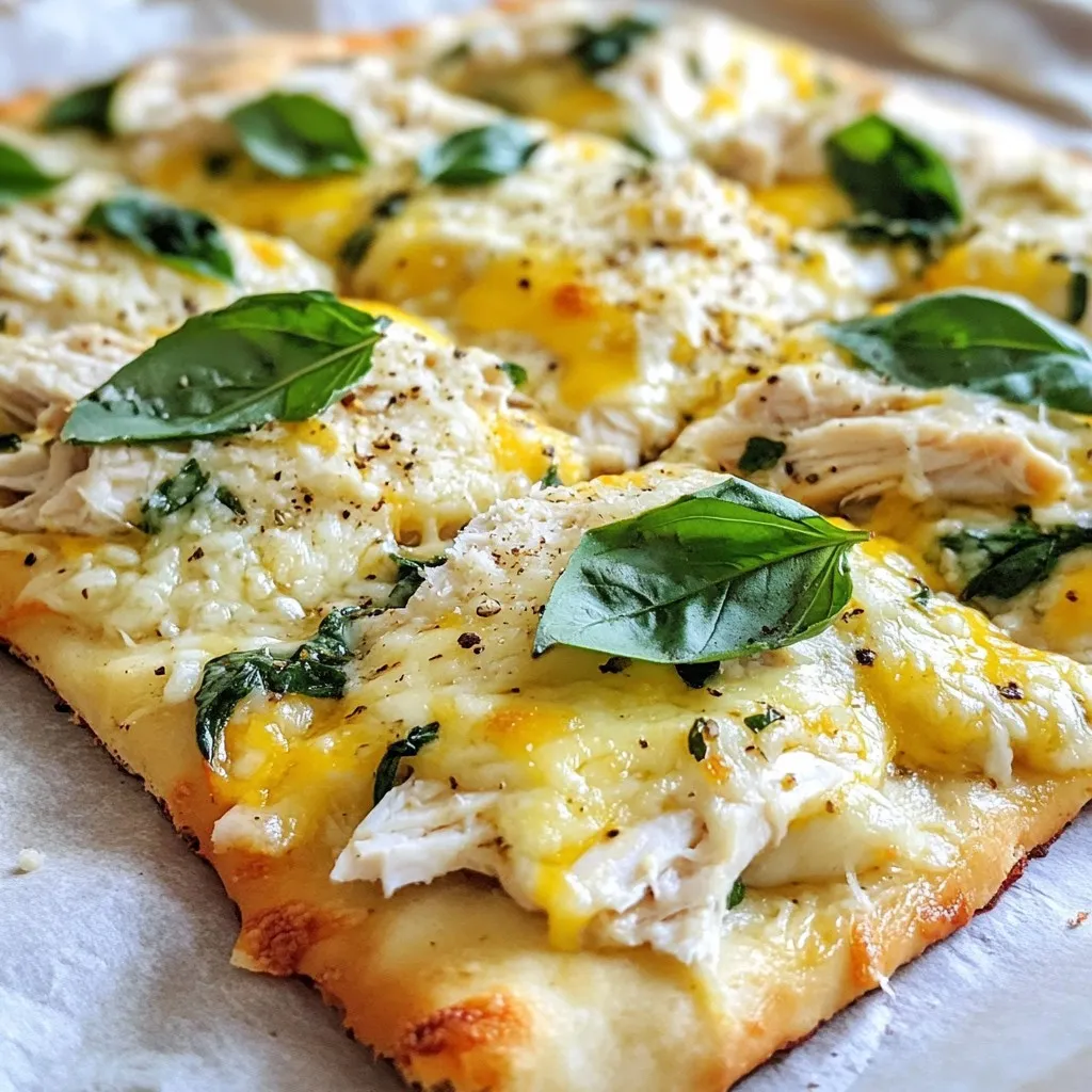 To make Chicken Alfredo Flatbread, we need a few simple ingredients. Each one adds flavor and texture to our dish. Here’s what you will need: - Large flatbread (store-bought or homemade) - Cooked chicken breast, shredded - Alfredo sauce (store-bought or homemade) - Shredded mozzarella cheese - Grated Parmesan cheese - Fresh baby spinach - Garlic powder - Italian seasoning - Salt and pepper - Fresh basil leaves for garnish Each ingredient plays a key role. The flatbread acts as a base, holding everything together. The cooked chicken gives protein and heartiness. Alfredo sauce adds creaminess and rich flavor. Cheeses like mozzarella and Parmesan melt beautifully, creating a wonderful texture. Fresh spinach adds a touch of color and nutrition. Garlic powder and Italian seasoning boost the flavor. Finally, salt and pepper enhance everything. This mix of ingredients makes the Chicken Alfredo Flatbread both tasty and filling. You can find most of these items at any grocery store. If you want to make it special, try using homemade Alfredo sauce. It’s easy and makes a big difference. {{ingredient_image_1}} First, set your oven to 400°F (200°C). This step is key. A hot oven helps the flatbread cook evenly. Next, place your flatbread on a baking sheet. I like to use parchment paper. It makes cleanup easy. Now, spread the Alfredo sauce on the flatbread. Leave a small border around the edges. Sprinkle garlic powder and Italian seasoning on the sauce. This adds great taste. Then, evenly place the shredded chicken on top. Add the fresh baby spinach next. This gives color and nutrients. Finally, cover everything with mozzarella and Parmesan cheese. Make sure the cheese covers the chicken and spinach well. Season with salt and pepper for extra flavor. Put the flatbread in the oven. Bake it for 12-15 minutes. You want the cheese to melt and bubble. The edges of the flatbread should be crispy. After baking, take it out and let it cool for a minute. Then, slice it up. Don’t forget to garnish with fresh basil leaves! To make the best Alfredo sauce, use high-quality ingredients. Fresh cream and real butter create a rich taste. If you want to make it from scratch, start with butter. Melt it in a pan, then add cream. Stir and let it simmer gently. Add garlic powder and Parmesan cheese for flavor. Mix until the cheese melts, then season with salt and pepper. This sauce pairs perfectly with the flatbread. You can use any flatbread you like, but some are better than others. A large, thin flatbread works best for this recipe. Look for whole wheat or gluten-free options for a healthy twist. Store-bought flatbreads save time, but homemade flatbreads add a personal touch. If you have time, try making your own. It’s simple and fun! If you don't have all the ingredients, don’t worry! You can switch things up. For the chicken, use turkey or even sautéed mushrooms for a vegetarian option. If you don’t have Alfredo sauce, use a creamy ranch dressing instead. Swap mozzarella for cheddar or gouda cheese, which adds a new flavor. Fresh spinach can be replaced with kale or arugula for a different taste. Be creative with what you have! Pro Tips Use Fresh Ingredients: Opt for fresh spinach and high-quality cheeses for a more vibrant flavor and appealing texture. Customize Your Toppings: Feel free to add other toppings like sun-dried tomatoes, mushrooms, or bell peppers for extra flavor and nutrition. Watch the Baking Time: Keep an eye on the flatbread while baking to ensure it doesn't overcook; every oven behaves slightly differently. Let It Rest: Allow the flatbread to cool for a minute after baking to let the cheese set slightly; this makes slicing easier. {{image_2}} To make a vegetarian version, skip the chicken. Use extra veggies instead. You can add roasted bell peppers, mushrooms, or even artichokes. These toppings give your flatbread a great taste. Add a bit more cheese for creaminess. Fresh spinach still works well here. If you love heat, spice up your Chicken Alfredo Flatbread. Add sliced jalapeños or red pepper flakes. You can also use spicy Alfredo sauce. This will give your flatbread a nice kick. The creamy sauce balances the spice, making each bite exciting. Get creative with your toppings! Try adding sun-dried tomatoes or olives. Cooked bacon bits can add a nice crunch too. You can even mix different cheeses like gouda or feta. Each topping brings new flavors. Experimentation makes cooking fun and personal! After you enjoy your Chicken Alfredo Flatbread, store any leftovers in an airtight container. Place it in the fridge. Leftovers will stay fresh for up to three days. If you want to keep it longer, consider freezing it. To reheat your flatbread, use an oven for the best results. Preheat your oven to 350°F (175°C). Place the flatbread on a baking sheet. Heat it for about 10 minutes, or until the cheese melts again. You can also use a microwave if you're in a hurry. Just cover it with a damp paper towel and heat for 1-2 minutes. The oven method keeps it crispier. If you want to freeze your Chicken Alfredo Flatbread, wrap it tightly in plastic wrap. Then, place it in a freezer-safe bag. It can last up to two months in the freezer. When you're ready to eat it, thaw it in the fridge overnight. Reheat it in the oven as described above for the best taste. Yes, you can make Chicken Alfredo Flatbread ahead of time. Prepare the flatbread up to the baking step. Store it in the fridge for up to a day. When you are ready to eat, bake it as directed. This saves time and still tastes great! You can serve many sides with this dish. A fresh salad works well. Garlic bread adds a nice touch. You might also try some grilled veggies. These sides balance the creamy flavors of the flatbread. You can change the recipe to fit your taste. Swap chicken for shrimp or veggies. Use different cheeses like cheddar or Gouda. Add spices, like red pepper flakes, for heat. Fresh herbs like parsley or oregano can brighten the dish too. This blog post covered how to make Chicken Alfredo Flatbread. We discussed the essential ingredients, from large flatbread to fresh basil. I provided easy steps to prepare, layer, and bake your dish. You learned tips for perfecting your Alfredo sauce and different variations you can try, like vegetarian options. Incorporating these ideas, you can create a tasty meal everyone will enjoy. Remember, cooking is all about having fun and being creative.